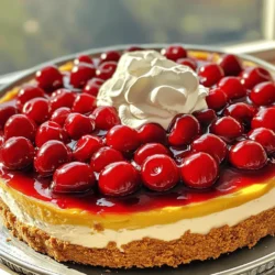 - 1 ½ cups graham cracker crumbs - ½ cup unsalted butter, melted - 1 cup sugar, divided - 1 teaspoon ground cinnamon - 3 (8 oz) packages cream cheese, softened - 1 teaspoon vanilla extract - 3 large eggs - 2 cups cherry pie filling (store-bought or homemade) - ½ cup all-purpose flour - 1 tablespoon cornstarch - 1 teaspoon lemon juice - Whipped cream for topping (optional) To start your Cherry Cobbler Cheesecake, gather all these ingredients. The graham cracker crumbs will form a tasty crust. Melt the unsalted butter to mix with the crumbs. This helps bind them together. You will use sugar in two parts: one for the crust and one for the filling. Ground cinnamon adds warmth and flavor to the crust. Next, you need cream cheese. It gives the cheesecake its rich and creamy texture. Make sure it is softened for easy mixing. The vanilla extract adds a lovely flavor. Eggs help set the cheesecake, so don’t skip them. Cherry pie filling is the star here. You can use store-bought or make your own. It adds sweetness and a fruity touch. The all-purpose flour and cornstarch help firm up the filling. Finally, lemon juice gives a bright note and balances the sweetness. If you like, you can top the cheesecake with whipped cream. It makes a lovely finish. These ingredients will help you create a delightful Cherry Cobbler Cheesecake. For the full recipe, check the details above! 1. Preheat your oven to 325°F (160°C). This is the first step to getting your cheesecake just right. 2. Prepare the springform pan. Grease a 9-inch springform pan with butter or non-stick spray. This helps the cheesecake come out easily. 3. Make the graham cracker crust. In a mixing bowl, combine 1 ½ cups graham cracker crumbs, ½ cup melted unsalted butter, ½ cup sugar, and 1 teaspoon ground cinnamon. Stir until the crumbs are moist. 4. Bake the crust. Press the crumb mixture into the bottom of the prepared pan. Bake for 10 minutes, then remove it from the oven. Let it cool. 1. Beat the cream cheese. In a large bowl, beat 3 packages of softened cream cheese until smooth. 2. Add sugar, vanilla, and eggs. Gradually mix in the remaining ½ cup sugar and 1 teaspoon vanilla extract. Then, add 3 large eggs one at a time. Mix well after each egg. 3. Combine dry ingredients. In a separate bowl, whisk together ½ cup all-purpose flour and 1 tablespoon cornstarch. Add in 1 teaspoon lemon juice. Gradually add this to the cream cheese mixture and mix until just combined. 1. Layer the cheesecake and cherry filling. Pour half of the cheesecake mixture over the cooled crust. Spoon half of the 2 cups cherry pie filling on top. Repeat with the remaining cheesecake and cherry filling. 2. Bake the cheesecake. Place your layered cheesecake in the oven. Bake for 50 to 60 minutes. The center should be set but still slightly jiggly. 3. Cool the cheesecake. Turn off the oven and crack the door open. Let the cheesecake cool in the oven for 1 hour. After that, refrigerate it for at least 4 hours or overnight for best results. Now, you have a delicious Cherry Cobbler Cheesecake waiting for you! For more detail, check the Full Recipe. To achieve the perfect cheesecake texture, start with room-temperature cream cheese. Cold cream cheese can lead to lumps. Mix it until smooth before adding other ingredients. This process creates a creamy base. To prevent cracks, avoid overmixing the batter. Mix just until combined. Overmixing adds too much air. This air can cause the cheesecake to rise and crack as it bakes. Also, bake the cheesecake in a water bath. This method helps regulate the temperature. The best way to serve Cherry Cobbler Cheesecake is chilled. Slice it into even pieces for a beautiful presentation. You can add whipped cream on top for extra creaminess. A dollop of cherry pie filling on each slice adds a pop of color. Garnishing ideas include fresh cherries or a sprinkle of cinnamon. You can even add chocolate shavings for a twist. These simple touches can elevate your dessert and make it look stunning. For this recipe, you will need essential baking tools. A 9-inch springform pan is a must. It allows for easy release of the cheesecake once it cools. You will also need a mixing bowl and a hand mixer or stand mixer. A rubber spatula helps in getting every bit of batter from the bowl. A whisk is useful for mixing dry ingredients. These tools ensure your cheesecake turns out just right. {{image_2}} You can add a twist to your cherry cobbler cheesecake. One fun idea is a chocolate cherry cheesecake. Mix in cocoa powder with the cream cheese for a rich flavor. You can also swirl in some melted chocolate before baking. This adds a lovely depth to the dessert. Another option is to use different fruits. Try peach or blueberry instead of cherries. You could even mix fruits for a unique taste. Each fruit brings its own flavor and charm, making this cheesecake fun and creative. If you need a gluten-free crust, use almond flour or gluten-free graham crackers. Just mix them with melted butter, and you are good to go. This way, everyone can enjoy the cheesecake without worry. For those who want a dairy-free option, use vegan cream cheese. Brands like Tofutti or Kite Hill work well. They create a creamy filling without the dairy. You can still enjoy a delicious cheesecake without the lactose. You can make this cheesecake fit any season. In summer, use fresh berries in the filling. Strawberries or raspberries can brighten your dessert. In fall, try adding pumpkin spice to the mix. This gives a warm, cozy flavor perfect for chilly nights. For holidays, think about adding flavors like eggnog or peppermint. These festive touches can make your cheesecake a seasonal treat. You might find that each season brings a new favorite version of this delightful dessert. To keep your Cherry Cobbler Cheesecake fresh, store it in the fridge. Cover it with plastic wrap or foil. This keeps the cheesecake moist and prevents it from absorbing odors. Use an airtight container for the best results. A glass container works well and looks nice too. If you have leftovers, reheat the cheesecake gently. Place a slice on a microwave-safe plate. Heat it for about 10 to 15 seconds. Check it often to avoid overheating. You want the cheesecake warm but not hot. To keep it from getting soggy, don't cover it while reheating. You can freeze your Cherry Cobbler Cheesecake for longer storage. Wrap it tightly in plastic wrap. Then, place it in a freezer-safe container. It can last for up to three months in the freezer. When ready to enjoy, thaw it in the fridge overnight. This helps it stay creamy and delicious. For the complete recipe, including all the steps and ingredients, check the Full Recipe. How long does Cherry Cobbler Cheesecake last in the refrigerator? Cherry Cobbler Cheesecake lasts about 5 to 7 days in the fridge. Store it in an airtight container to keep it fresh. If you love cheesecake, you’ll want to eat it quickly! Can I use fresh cherries instead of pie filling? Yes, you can use fresh cherries! Just pit and slice them. Mix with some sugar and lemon juice to create a sweet topping. Fresh cherries bring a nice burst of flavor. What can I substitute for cream cheese in this recipe? You can use Greek yogurt or ricotta cheese as a swap for cream cheese. Both give a creamy texture but with different flavors. Choose what fits your taste and diet. What to do if the cheesecake is too runny? If your cheesecake is too runny, it may need more time in the oven. Bake it until the center is slightly jiggly but not liquid. You can also add more cornstarch next time to help it set. How can I fix a cracked surface? To fix a cracked surface, top it with whipped cream or more cherry filling. This hides the cracks and adds flavor. Next time, bake it at a lower temperature to avoid cracking. Best practices for a foolproof cheesecake Always use room-temperature ingredients for a smoother mix. Avoid opening the oven frequently while baking. This helps keep the heat consistent. Common mistakes to avoid while making cheesecake Don’t overmix your batter; this adds air and can cause cracks. Also, be careful not to skip the cooling step in the oven. This lets the cheesecake set properly. For more tips, check the Full Recipe. This blog post guides you through making a delicious Cherry Cobbler Cheesecake. We covered the key ingredients, detailed steps, and tips for perfecting your cheesecake. You learned about variations and storage options to keep it fresh. Remember, practice is key for the best results. Enjoy sharing this treat with friends and family. Your cheesecake will surely impress! Use these tips and have fun in the kitchen. You can create your own delicious version, no matter your skill level. Enjoy every bite!