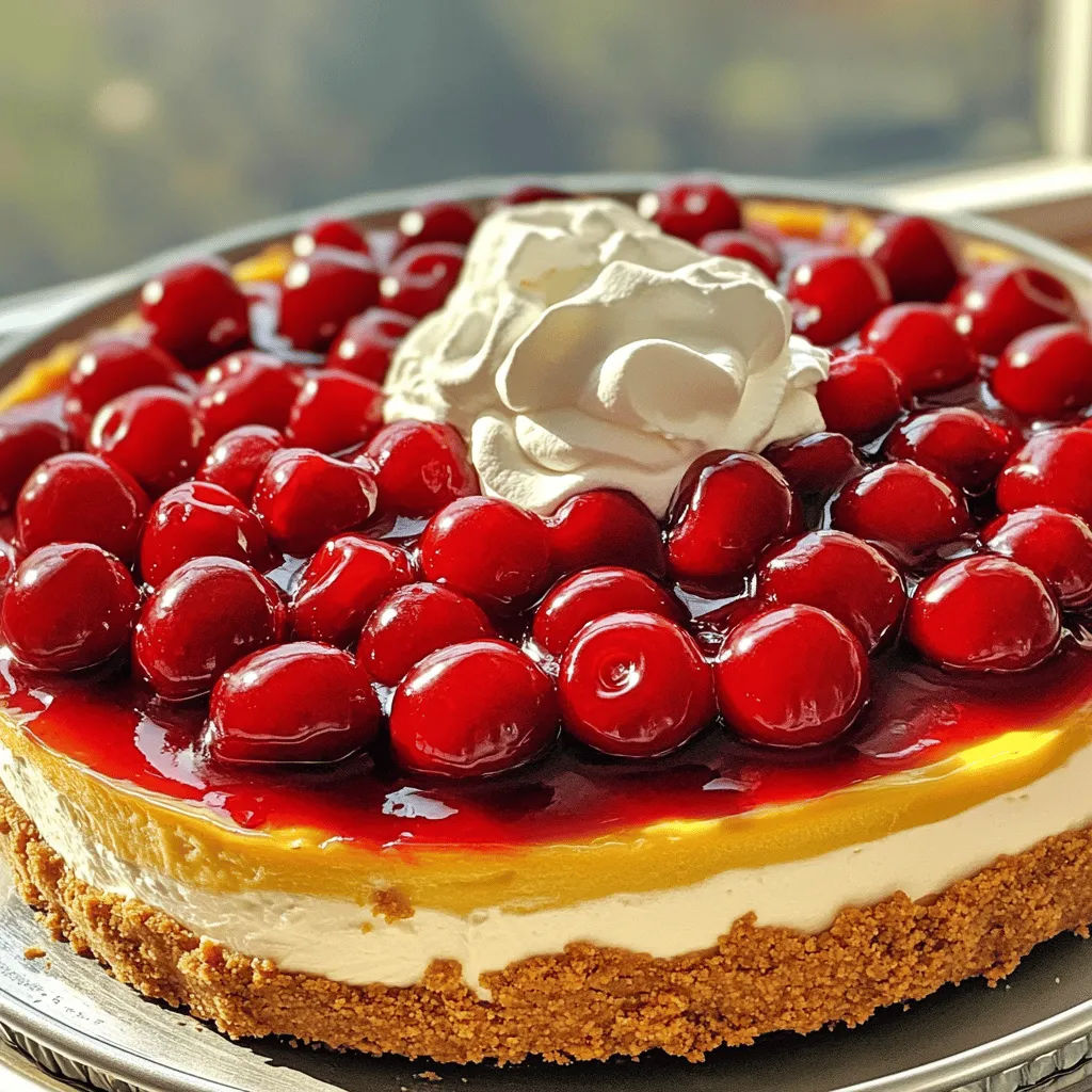 - 1 ½ cups graham cracker crumbs - ½ cup unsalted butter, melted - 1 cup sugar, divided - 1 teaspoon ground cinnamon - 3 (8 oz) packages cream cheese, softened - 1 teaspoon vanilla extract - 3 large eggs - 2 cups cherry pie filling (store-bought or homemade) - ½ cup all-purpose flour - 1 tablespoon cornstarch - 1 teaspoon lemon juice - Whipped cream for topping (optional) To start your Cherry Cobbler Cheesecake, gather all these ingredients. The graham cracker crumbs will form a tasty crust. Melt the unsalted butter to mix with the crumbs. This helps bind them together. You will use sugar in two parts: one for the crust and one for the filling. Ground cinnamon adds warmth and flavor to the crust. Next, you need cream cheese. It gives the cheesecake its rich and creamy texture. Make sure it is softened for easy mixing. The vanilla extract adds a lovely flavor. Eggs help set the cheesecake, so don’t skip them. Cherry pie filling is the star here. You can use store-bought or make your own. It adds sweetness and a fruity touch. The all-purpose flour and cornstarch help firm up the filling. Finally, lemon juice gives a bright note and balances the sweetness. If you like, you can top the cheesecake with whipped cream. It makes a lovely finish. These ingredients will help you create a delightful Cherry Cobbler Cheesecake. For the full recipe, check the details above! 1. Preheat your oven to 325°F (160°C). This is the first step to getting your cheesecake just right. 2. Prepare the springform pan. Grease a 9-inch springform pan with butter or non-stick spray. This helps the cheesecake come out easily. 3. Make the graham cracker crust. In a mixing bowl, combine 1 ½ cups graham cracker crumbs, ½ cup melted unsalted butter, ½ cup sugar, and 1 teaspoon ground cinnamon. Stir until the crumbs are moist. 4. Bake the crust. Press the crumb mixture into the bottom of the prepared pan. Bake for 10 minutes, then remove it from the oven. Let it cool. 1. Beat the cream cheese. In a large bowl, beat 3 packages of softened cream cheese until smooth. 2. Add sugar, vanilla, and eggs. Gradually mix in the remaining ½ cup sugar and 1 teaspoon vanilla extract. Then, add 3 large eggs one at a time. Mix well after each egg. 3. Combine dry ingredients. In a separate bowl, whisk together ½ cup all-purpose flour and 1 tablespoon cornstarch. Add in 1 teaspoon lemon juice. Gradually add this to the cream cheese mixture and mix until just combined. 1. Layer the cheesecake and cherry filling. Pour half of the cheesecake mixture over the cooled crust. Spoon half of the 2 cups cherry pie filling on top. Repeat with the remaining cheesecake and cherry filling. 2. Bake the cheesecake. Place your layered cheesecake in the oven. Bake for 50 to 60 minutes. The center should be set but still slightly jiggly. 3. Cool the cheesecake. Turn off the oven and crack the door open. Let the cheesecake cool in the oven for 1 hour. After that, refrigerate it for at least 4 hours or overnight for best results. Now, you have a delicious Cherry Cobbler Cheesecake waiting for you! For more detail, check the Full Recipe. To achieve the perfect cheesecake texture, start with room-temperature cream cheese. Cold cream cheese can lead to lumps. Mix it until smooth before adding other ingredients. This process creates a creamy base. To prevent cracks, avoid overmixing the batter. Mix just until combined. Overmixing adds too much air. This air can cause the cheesecake to rise and crack as it bakes. Also, bake the cheesecake in a water bath. This method helps regulate the temperature. The best way to serve Cherry Cobbler Cheesecake is chilled. Slice it into even pieces for a beautiful presentation. You can add whipped cream on top for extra creaminess. A dollop of cherry pie filling on each slice adds a pop of color. Garnishing ideas include fresh cherries or a sprinkle of cinnamon. You can even add chocolate shavings for a twist. These simple touches can elevate your dessert and make it look stunning. For this recipe, you will need essential baking tools. A 9-inch springform pan is a must. It allows for easy release of the cheesecake once it cools. You will also need a mixing bowl and a hand mixer or stand mixer. A rubber spatula helps in getting every bit of batter from the bowl. A whisk is useful for mixing dry ingredients. These tools ensure your cheesecake turns out just right. {{image_2}} You can add a twist to your cherry cobbler cheesecake. One fun idea is a chocolate cherry cheesecake. Mix in cocoa powder with the cream cheese for a rich flavor. You can also swirl in some melted chocolate before baking. This adds a lovely depth to the dessert. Another option is to use different fruits. Try peach or blueberry instead of cherries. You could even mix fruits for a unique taste. Each fruit brings its own flavor and charm, making this cheesecake fun and creative. If you need a gluten-free crust, use almond flour or gluten-free graham crackers. Just mix them with melted butter, and you are good to go. This way, everyone can enjoy the cheesecake without worry. For those who want a dairy-free option, use vegan cream cheese. Brands like Tofutti or Kite Hill work well. They create a creamy filling without the dairy. You can still enjoy a delicious cheesecake without the lactose. You can make this cheesecake fit any season. In summer, use fresh berries in the filling. Strawberries or raspberries can brighten your dessert. In fall, try adding pumpkin spice to the mix. This gives a warm, cozy flavor perfect for chilly nights. For holidays, think about adding flavors like eggnog or peppermint. These festive touches can make your cheesecake a seasonal treat. You might find that each season brings a new favorite version of this delightful dessert. To keep your Cherry Cobbler Cheesecake fresh, store it in the fridge. Cover it with plastic wrap or foil. This keeps the cheesecake moist and prevents it from absorbing odors. Use an airtight container for the best results. A glass container works well and looks nice too. If you have leftovers, reheat the cheesecake gently. Place a slice on a microwave-safe plate. Heat it for about 10 to 15 seconds. Check it often to avoid overheating. You want the cheesecake warm but not hot. To keep it from getting soggy, don't cover it while reheating. You can freeze your Cherry Cobbler Cheesecake for longer storage. Wrap it tightly in plastic wrap. Then, place it in a freezer-safe container. It can last for up to three months in the freezer. When ready to enjoy, thaw it in the fridge overnight. This helps it stay creamy and delicious. For the complete recipe, including all the steps and ingredients, check the Full Recipe. How long does Cherry Cobbler Cheesecake last in the refrigerator? Cherry Cobbler Cheesecake lasts about 5 to 7 days in the fridge. Store it in an airtight container to keep it fresh. If you love cheesecake, you’ll want to eat it quickly! Can I use fresh cherries instead of pie filling? Yes, you can use fresh cherries! Just pit and slice them. Mix with some sugar and lemon juice to create a sweet topping. Fresh cherries bring a nice burst of flavor. What can I substitute for cream cheese in this recipe? You can use Greek yogurt or ricotta cheese as a swap for cream cheese. Both give a creamy texture but with different flavors. Choose what fits your taste and diet. What to do if the cheesecake is too runny? If your cheesecake is too runny, it may need more time in the oven. Bake it until the center is slightly jiggly but not liquid. You can also add more cornstarch next time to help it set. How can I fix a cracked surface? To fix a cracked surface, top it with whipped cream or more cherry filling. This hides the cracks and adds flavor. Next time, bake it at a lower temperature to avoid cracking. Best practices for a foolproof cheesecake Always use room-temperature ingredients for a smoother mix. Avoid opening the oven frequently while baking. This helps keep the heat consistent. Common mistakes to avoid while making cheesecake Don’t overmix your batter; this adds air and can cause cracks. Also, be careful not to skip the cooling step in the oven. This lets the cheesecake set properly. For more tips, check the Full Recipe. This blog post guides you through making a delicious Cherry Cobbler Cheesecake. We covered the key ingredients, detailed steps, and tips for perfecting your cheesecake. You learned about variations and storage options to keep it fresh. Remember, practice is key for the best results. Enjoy sharing this treat with friends and family. Your cheesecake will surely impress! Use these tips and have fun in the kitchen. You can create your own delicious version, no matter your skill level. Enjoy every bite!