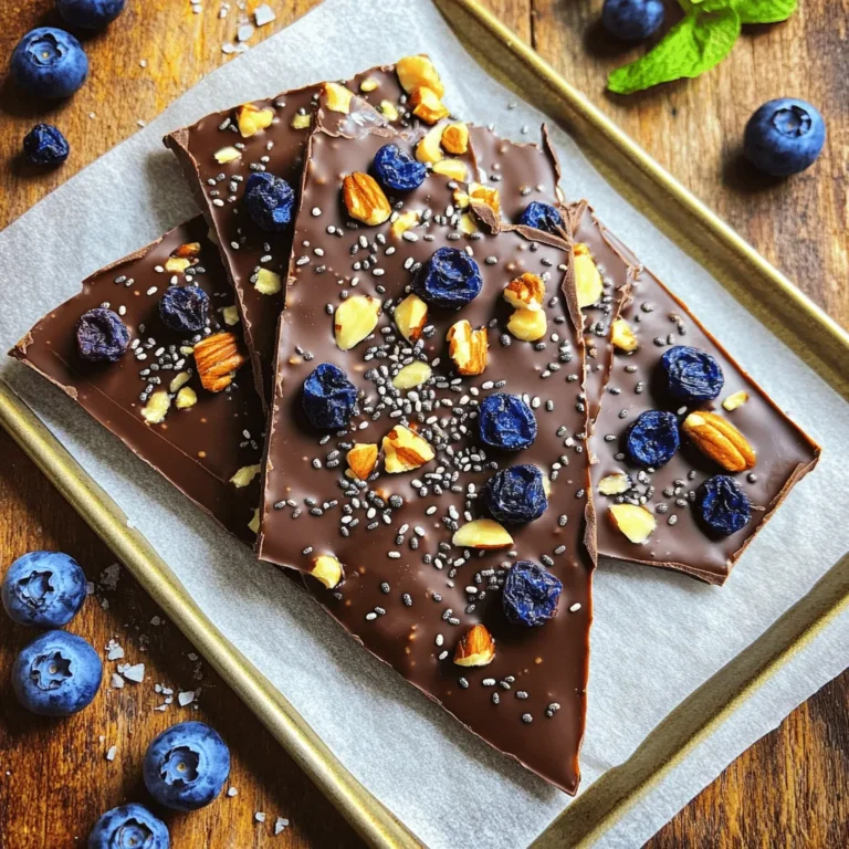 To make DIY Chocolate Blueberry Bark, gather these simple items: - 1 cup dark chocolate chips (or melts) - 1/2 cup dried blueberries - 1/4 cup chopped nuts (such as almonds or walnuts) - 2 tablespoons chia seeds - Sea salt for sprinkling For the best results, use a kitchen scale. This helps ensure you have the right amount of each ingredient. Use dry measuring cups for solids like nuts and dried fruit. For chocolate chips, a liquid measuring cup works well. If you don’t have a scale, level off each cup with a straight edge. This gives you an accurate measure. You can easily change up the recipe to fit your taste. Use milk chocolate if you prefer it sweeter. Instead of dried blueberries, try dried cranberries or cherries for a different flavor. If you have nut allergies, leave out the nuts or use seeds like sunflower seeds. You can also swap chia seeds with flaxseeds for some extra crunch. These simple changes keep the bark fun and tasty! Making DIY Chocolate Blueberry Bark is quick and fun! You need just a few steps. The whole process takes about 40 minutes, including time for the chocolate to set. This treat is simple, tasty, and perfect for sharing. 1. Prepare the Baking Sheet: Start by lining a baking sheet with parchment paper. This makes it easy to lift the bark later. 2. Melt the Chocolate: Place the dark chocolate chips in a microwave-safe bowl. Heat them in the microwave for 30 seconds. After 30 seconds, take the bowl out and stir the chocolate. Repeat until the chocolate is smooth and melted. Be careful not to overheat it; this can cause the chocolate to burn. 3. Mix In Ingredients: Once the chocolate is melted, add the dried blueberries, chopped nuts, and chia seeds. Stir well to coat all the ingredients with chocolate. 4. Spread Chocolate Mixture: Pour the chocolate mixture onto your baking sheet. Use a spatula to spread it evenly. Aim for a thickness of about 1/4 inch. 5. Add Finishing Touches: Lightly sprinkle sea salt over the top of the chocolate. This adds a nice flavor contrast and makes the bark even tastier. 6. Set the Bark: Place the baking sheet in the refrigerator. Let it chill for about 30 minutes or until the chocolate is hard and set. 7. Break into Pieces: After the chocolate is solid, take it out of the fridge. Break the bark into small, irregular pieces. This makes for a fun and rustic look. 8. Store: Store any leftover bark in an airtight container at room temperature. If you want it to last longer, keep it in the fridge. - Overheating the Chocolate: Watch the chocolate closely while melting. If it gets too hot, it can clump or burn. - Not Stirring Enough: Make sure to mix the dried fruits and nuts evenly into the chocolate. This helps every bite taste great. - Skipping Sea Salt: Don’t skip the sea salt! It enhances the flavors and makes the bark unique. Now you’re ready to make your own delicious DIY Chocolate Blueberry Bark! For the complete recipe, check out the [Full Recipe]. To get the best texture in your chocolate bark, choose high-quality dark chocolate. I prefer using chocolate chips or melts. They melt smoothly and set well. When you melt the chocolate, do it slowly in short bursts. This helps avoid burning the chocolate. Stir often to keep it creamy. After mixing in the other ingredients, spread the chocolate evenly. A thickness of about 1/4 inch works best. This gives a nice snap when you break it. To make your bark more flavorful, add a pinch of sea salt. It balances the sweetness. You can also try adding spices like cinnamon or a splash of vanilla extract. If you want more crunch, use different nuts. Try almonds, walnuts, or even pistachios. Each nut brings its own taste to the bark. Dried fruits like cranberries or cherries can add a twist too. Each addition creates a unique flavor experience. Make your bark look great! Serve it on a colorful plate. A glass jar tied with twine also looks nice. Fresh blueberries around the bark add color and freshness. You can even drizzle some melted chocolate over the top for style. These touches make your treat more inviting. This way, it’s not just tasty but also pretty to look at! {{image_2}} You can swap some ingredients in the DIY Chocolate Blueberry Bark. Here are a few ideas: - Use white chocolate chips instead of dark chocolate for a sweeter taste. - Try dried cranberries or cherries for a different fruit flavor. - Substitute seeds for nuts if you want a nut-free option. Mixing flavors can make your bark unique. Here are some tasty combos: - Add orange zest for a zesty touch. - Use mint extract for a refreshing kick. - Sprinkle in some cinnamon for warmth and spice. You can adjust the recipe to fit different diets: - For a vegan version, use dairy-free chocolate. - Make it gluten-free by ensuring all ingredients are certified gluten-free. - Use sugar-free chocolate for a low-sugar treat. These variations let you create a bark that suits your taste and needs. Check the Full Recipe for more details on making this tasty treat! To keep your DIY chocolate blueberry bark fresh, store it in an airtight container. This helps prevent moisture and keeps the bark crunchy. You can place the container in a cool, dry place, like a pantry. If you live in a warm area, consider keeping it in the fridge. It helps maintain the texture and taste. When stored properly, your chocolate bark lasts about two weeks. You might notice it stays fresh for longer if kept in the fridge. Just remember, the longer it sits, the more it may lose its snap. So, enjoy it while it’s fresh! If your chocolate bark becomes a bit soft, you can refresh it. Simply place it in the fridge for a short time to firm it up. Avoid reheating, as it may melt the chocolate. Instead, keep it cool and let it restore its crunch in the fridge. Yes, you can use white chocolate. It gives a sweeter taste. The look will change too. White chocolate has a creamy flavor that pairs well with blueberries. If you love white chocolate, go for it! Just melt it the same way as dark chocolate. The bark lasts about two weeks. Store it in an airtight container. Keep it in a cool, dry place. If you want it to last longer, put it in the fridge. Absolutely! You can add dried cranberries, cherries, or apricots. Each fruit brings a unique flavor. Just make sure to chop larger pieces smaller. This keeps the bark even and tasty. The recipe is not vegan with dark chocolate. Most dark chocolate has milk solids. To make it vegan, use dairy-free chocolate chips. This way, you enjoy the bark without any animal products. Check labels to ensure they fit your needs. For the full recipe, check the earlier section. This blog post covered essential ingredients for your recipe, with tips on measurements and substitutions. You learned step-by-step instructions and common mistakes to avoid. Plus, we shared ways to enhance flavor and improve presentation. You discovered fun variations and how to store your creation properly. With these insights, you can now confidently make your treat. Remember, practice will help you master this recipe. Enjoy creating delicious bites that impress everyone!