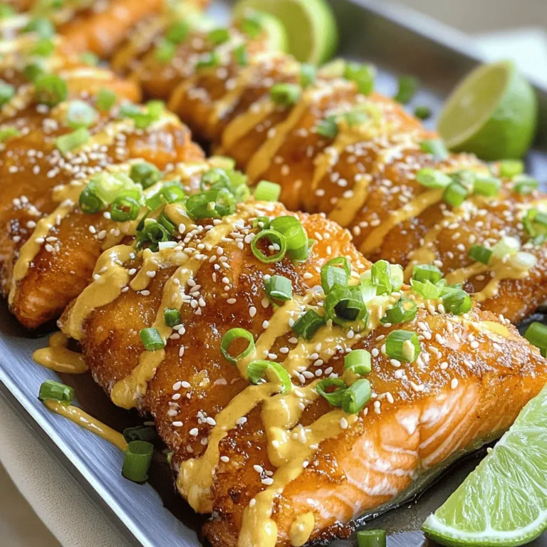 - 4 salmon fillets - 1/2 cup mayonnaise - 2 tablespoons sweet chili sauce - 1 teaspoon Sriracha - 1 tablespoon fresh lime juice - 1 teaspoon garlic powder - 1 teaspoon ginger powder - Salt and pepper to taste - 2 tablespoons sesame oil (for cooking) - Garnishes: 3 green onions (chopped), sesame seeds When I make Bang Bang Salmon, I love to use fresh salmon fillets. The taste is much better. You can easily find these fillets at your local store. The key to the sauce is the mix of mayonnaise, sweet chili sauce, and Sriracha. This gives the dish its famous bang! Lime juice adds a nice zing, while garlic and ginger powders enhance the flavor. - Skillet - Mixing bowl - Spatula - Measuring cups and spoons To whip up this dish, you need a few simple tools. A skillet is perfect for cooking the salmon. A mixing bowl helps you blend the sauce. A spatula is great for flipping the fish. Measuring cups and spoons ensure you use the right amounts of each ingredient. With these tools, you will create a tasty meal that impresses everyone. You can find the full recipe in the earlier sections. Start by grabbing a small bowl. In this bowl, combine the following ingredients: - 1/2 cup mayonnaise - 2 tablespoons sweet chili sauce - 1 teaspoon Sriracha (adjust for spice preference) - 1 tablespoon fresh lime juice - 1 teaspoon garlic powder - 1 teaspoon ginger powder Mix these well until smooth. This creamy sauce adds a delightful kick to the salmon. Now, let’s focus on the salmon. First, take your salmon fillets and pat them dry with paper towels. This step helps achieve a nice crust. Season both sides with salt and pepper for flavor. Next, heat 2 tablespoons of sesame oil in a skillet over medium-high heat. Once the oil is hot, carefully place the salmon fillets skin-side down (if they have skin) in the skillet. Cook the salmon for 4 to 5 minutes. Do not move them during this time; you want a good sear. After that, gently flip the fillets and cook for an additional 3 to 4 minutes. The salmon is done when it flakes easily with a fork. Once the salmon is cooked, remove it from the skillet. Place it on a serving platter. Drizzle the Bang Bang sauce generously over the top. For a nice touch, garnish with chopped green onions and a sprinkle of sesame seeds. This adds color and crunch to your dish. Enjoy your Bang Bang Salmon! To get the best salmon texture, timing is key. Cook the salmon for about 4 to 5 minutes on one side. Then, flip it and cook for another 3 to 4 minutes. The salmon should flake easily with a fork when done. This gives you that perfect, tender bite. One important step is to pat the fillets dry. Use paper towels to remove any moisture. This helps the salmon sear better. A good sear adds flavor and keeps the fish moist. You might want a spicier sauce. Use more Sriracha to kick it up a notch. Start with one teaspoon, then add more if you like heat. You can also balance the spice with lime zest. This adds a fresh flavor that brightens the sauce. Feel free to experiment with other flavors. Adding a touch of honey can make the sauce sweeter. A little soy sauce can add an umami punch. The way you serve the dish matters. For a great look, use a sleek platter. Drizzle extra Bang Bang sauce around the edges. This makes the dish pop. You can also add lime wedges on the side. They give a nice touch of color and flavor. Pair the salmon with rice or a fresh salad for a full meal. This makes for a beautiful and tasty presentation. For the full recipe, check out the recipe section above. {{image_2}} For those who want to change it up, try using different proteins. Chicken or tofu works great in this dish. You can easily swap salmon for these options. They will still soak up that tasty Bang Bang sauce. If you're vegan, look for dairy-free mayo. There are many brands that taste great. This simple change keeps the dish creamy without the eggs. To boost flavor, add fresh herbs like cilantro or basil. These herbs can give your dish a new twist. You can also add spices, such as paprika or cumin, to change the taste. Mix in some veggies while cooking the salmon. Broccoli or bell peppers add color and nutrition. They pair well with the spicy sauce, making the dish even better. Bang Bang Salmon tastes fantastic with rice or a fresh salad. The rice soaks up the sauce, while the salad adds crunch. You can also adjust the dish for different themes. For a tropical feel, serve with coconut rice and pineapple. For an Asian flair, add stir-fried veggies and serve over noodles. For the full recipe, check out the Bang Bang Salmon section above. To store leftover Bang Bang Salmon, let it cool first. Place the salmon in an airtight container. This helps keep it fresh. You can store it in the fridge for up to three days. Make sure to cover it well to prevent it from drying out. When reheating, use a skillet on low heat. This keeps the salmon moist and tasty. Add a splash of water or broth to help it steam. Avoid using high heat, as this can dry it out. Checking it often will help prevent overcooking. You can prepare Bang Bang Salmon in advance for meal prep. Cook the salmon and let it cool before storing. Divide it into meal-sized portions. For longer storage, you can freeze it. Use freezer bags or containers designed for freezing. This allows you to enjoy it later without losing flavor. For the full recipe, check out the Bang Bang Salmon section above. You can easily boost the spice level by adding more Sriracha. For a bolder kick, try using 2 teaspoons instead of 1. You can also mix in fresh chopped chili peppers. If you like a smoky flavor, consider adding a bit of chipotle powder. Start with a small amount, then taste. Adjust as needed to fit your spice level. Yes, you can use frozen salmon fillets. Just remember to thaw them first. You can do this overnight in the fridge. If you need them quickly, place the sealed fillets in cold water for about 30 minutes. Cook them like fresh fillets but check the time. Frozen fillets may need an extra minute or two to cook through. Bang Bang Salmon pairs well with many sides. Here are some great options: - Steamed jasmine rice - Roasted broccoli or asparagus - A fresh garden salad - Quinoa with herbs - Creamy coleslaw These sides enhance the meal and balance the flavors. For a fun twist, try serving with fried rice! For the full recipe, check out the main article. Bang Bang Salmon is a simple dish that packs a flavor punch. You learned how to make the sauce and cook the salmon perfectly. Remember the key tips for texture and presentation to impress your guests. You can also explore variations, like using different proteins or enhancing the sauce. Don’t forget about storage and reheating for leftovers. This dish is great for quick meals or impressing friends. Enjoy making Bang Bang Salmon your way!