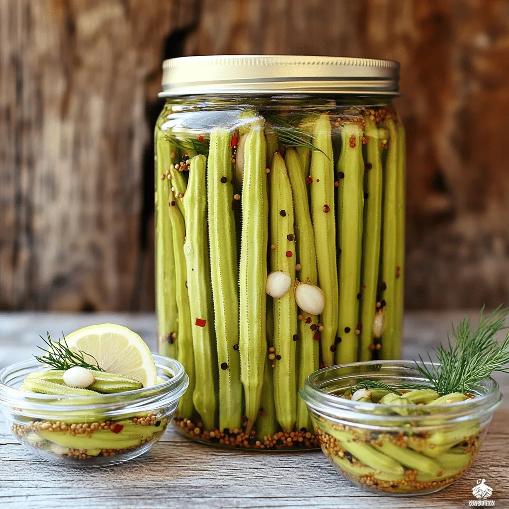 - Fresh Okra: Choose small, firm okra. Look for bright green pods that feel tender. Avoid large or tough ones as they may not pickle well. - Vinegar Choices: I prefer white vinegar for its clean taste. It gives a bright flavor. You can also use apple cider vinegar for a fruity twist. Each vinegar adds a unique note to your pickled okra. - Common Spices and Seasonings for Flavor Enhancement: Use kosher salt for brining. It dissolves well and boosts flavor. Garlic adds depth, while dill seeds and black peppercorns bring warmth. I also like to add crushed red pepper flakes for a kick. - Sweeteners: If you want less sugar, consider honey or agave syrup. These natural options add sweetness without overpowering the taste. Adjust to your liking for the perfect balance. - Additional Seasonings and Spices to Consider: Add mustard seeds for a zesty touch. A pinch of coriander or cumin can enhance the flavor. Experiment with what you like best to make your pickled okra unique. For more details, check the full recipe and enjoy making this tangy treat! To start, you need clean jars. Sterilizing your jars is key. Place them in boiling water for 10 minutes. This kills germs and keeps your okra safe. After boiling, let the jars cool down. For easy handling, use a jar lifter. This tool helps you lift and move hot jars safely. Always work on a clean surface. This keeps your kitchen tidy and helps avoid spills. Next, let's make the brine. Combine vinegar, water, kosher salt, and sugar in a medium saucepan. Bring this mix to a simmer over medium heat. Stir often until the salt and sugar dissolve. Ensure the brine is clear and smooth. This is your pickling base. After that, remove it from the heat and let it cool down a bit. A warm brine works best for pouring over the okra. Now it’s time to pack the okra. Start with two cloves of garlic in each jar. Follow with dill seeds, black peppercorns, and a pinch of red pepper flakes. Then, pack the okra upright in the jars. Leave some space at the top. This is called headspace. It helps the brine cover the okra fully. Pour the cooled brine over the okra, ensuring all is submerged. Seal the jars tightly. Wipe the rims to remove any spills. This helps create a good seal. If you want the jars to last longer, process them in boiling water for 10-15 minutes. If not, just refrigerate them. For the best taste, let your pickled okra sit for at least 48 hours before eating. For the full recipe, check out the full recipe section. To make your pickled okra burst with flavor, pay attention to the soaking time. I recommend letting the okra soak in the brine for at least 48 hours. This time allows the spices and vinegar to penetrate the okra fully. If you can wait longer, the flavor gets even better! Adjusting spice levels is also key. If you like heat, add more crushed red pepper flakes. Start with a teaspoon and taste. You can always add more for that perfect kick. Remember, everyone's taste is different, so don’t be shy to experiment. One common mistake is overpacking jars. If you pack the okra too tightly, it won’t pickle well. The brine needs space to circulate. Leave enough room for the okra to move a bit. This will help each piece soak in the flavor. Using non-sterilized jars is another big no-no. Always sterilize your jars to avoid spoilage. Place them in boiling water for ten minutes. This simple step ensures that your pickled okra stays fresh and safe to eat. By following these tips, you can enjoy a tangy and flavorful delight that is sure to impress. {{image_2}} Spicy Pickled Okra: Adding Heat You can spice up pickled okra by adding more heat. To make it spicy, just add extra crushed red pepper flakes or fresh jalapeños. This gives your okra an exciting kick. Adjust the amount based on your taste. If you want less heat, keep the pepper flakes to a minimum. You can also try adding some hot sauce to the brine for a different flavor. This spicy twist makes pickled okra perfect for those who love bold flavors. Sweet and Sour Versions to Try For a sweet and sour taste, consider adding honey or maple syrup. This balance of flavors makes the pickled okra unique. You can mix in a little more sugar to the brine too. The sweetness pairs well with the vinegar. It creates a delightful contrast that many enjoy. Experiment with different sweeteners to find your perfect blend. You might even add a splash of fruit juice to the brine for extra flavor. Creative Ways to Incorporate Pickled Okra in Meals Pickled okra can brighten up many meals. You can serve it as a crunchy side dish or snack. It adds a zesty touch to salads and sandwiches. You can also chop it up and mix it into potato salad or coleslaw. This adds a fun twist to classic recipes. Pickled okra works great on a charcuterie board too. It makes a colorful and tasty addition. Pairing Ideas for Appetizers and Snacks When you serve pickled okra, think about what goes well with it. Pair it with cheese, meats, and crackers for an easy appetizer. You can also enjoy it with dips like hummus or ranch dressing. This adds more flavor and texture. Try placing pickled okra on skewers with cherry tomatoes and olives for a fun snack. The combination of flavors will impress your guests. To enjoy your pickled okra, you have two main options: refrigeration or canning. - How to Store in the Fridge: If you want quick access to your pickled okra, store it in the fridge. After making your pickled okra, let the jars cool down. Once they’re at room temperature, place them in the fridge. This method keeps the okra crisp and fresh for about 1 month. - Shelf Stability Through Proper Canning Techniques: For long-term storage, canning is the way to go. After packing your okra and pouring in the brine, seal the jars tightly. Then, process them in boiling water for 10-15 minutes. This step allows the jars to last up to a year on your pantry shelf. - How Long Does Pickled Okra Last?: Properly stored pickled okra can last quite a while. In the fridge, expect it to last about 1 month. If canned correctly, it can last up to a year. - Signs of Spoilage to Watch Out For: Always check for signs of spoilage. If you notice any off smells, mold, or gas bubbles in the jars, discard them. It’s better to be safe than sorry when it comes to food safety. Pickled okra needs at least 48 hours to develop good flavor. This time allows the spices to soak into the okra. The longer you wait, the better it tastes. If you can, wait a week. The flavors deepen and become more balanced. You can reuse the pickling brine, but with caution. Make sure the brine is clean and has no signs of spoilage. It’s best to reuse it only once. If you use it again, add fresh spices for better taste. If your pickled okra is too salty, try rinsing it under cold water. This can help reduce the saltiness. You can also balance it by adding a little sugar to your next batch. The sugar will tone down the salt flavor. You might wonder about other questions, like how to add spice or what to serve it with. Feel free to experiment with different spices. Dill, garlic, and even mustard seeds can add fun flavors to your pickled okra. Enjoy your pickling journey! Check out the Full Recipe for more details. Homemade pickled okra is simple and rewarding. We explored the key ingredients and preparation steps. Fresh okra, the right vinegar, and spices make all the difference. I shared tips for avoiding common mistakes, ensuring the best flavor, and creative variations. Remember, the right storage will keep your pickled okra fresh. With these insights, you can enjoy tasty pickled okra at home. Try different flavors, and make it your own! Enjoy your pickling journey!