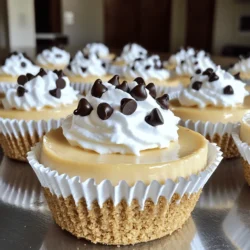 - 1 cup graham cracker crumbs - 4 tablespoons unsalted butter, melted - 16 ounces cream cheese, softened - 1/2 cup granulated sugar - 1 teaspoon vanilla extract - 2 large eggs - 1 cup mini chocolate chips - 1/2 cup sour cream - A pinch of salt Graham cracker crumbs form the crust. They give a sweet and crunchy base. Melted unsalted butter helps bind the crumbs together. Cream cheese is the star of this recipe. It brings creaminess and richness. Granulated sugar adds sweetness, balancing the tang of cream cheese. Vanilla extract enhances flavor. Eggs provide structure and help set the cheesecakes. Mini chocolate chips add bursts of chocolate goodness. Sour cream adds a smooth texture and a hint of tang. A pinch of salt rounds out the flavors. You can replace graham cracker crumbs with crushed nuts or gluten-free cookies for gluten-free options. Use dairy-free cream cheese and yogurt for a vegan version. Instead of eggs, try flaxseed meal mixed with water as a binder. If you want less sugar, consider using a sugar substitute. Always check labels to ensure they meet your dietary needs. Start with the crust. Mix 1 cup of graham cracker crumbs with 4 tablespoons of melted unsalted butter. Use a fork to blend them until they look like wet sand. Line a muffin tin with cupcake liners. Take about 1 tablespoon of the crumb mixture and press it into the bottom of each liner. Make sure it is firm and even. Next, prepare the filling. In a large bowl, beat 16 ounces of softened cream cheese until smooth. Add 1/2 cup of granulated sugar and mix well. Then, add 1 teaspoon of vanilla extract and 1/2 cup of sour cream. Mix until everything is smooth again. Now, it’s time for the eggs. Add 2 large eggs one at a time. Be careful not to overmix. Finally, fold in 1 cup of mini chocolate chips. This adds that yummy chocolate flavor. Preheat your oven to 325°F (160°C). Once the filling is ready, spoon it into the prepared muffin cups. Fill each cup about 2/3 full. This allows space for the cheesecakes to rise. Bake them for 18 to 20 minutes. The edges should be set, but the center should still jiggle. This jiggle means they are not overcooked. Once baked, turn off the oven but leave the mini cheesecakes inside for 10 more minutes. This gentle heat helps them finish cooking without cracking. Take the mini cheesecakes out of the oven. Let them cool at room temperature for about 15 minutes. After that, transfer them to the fridge. Allow them to chill for at least 2 hours. Chilling helps them set properly. Serve these delightful treats chilled. You can add whipped cream and extra chocolate chips on top for a fun touch. For the complete details, check the Full Recipe. One mistake many people make is overmixing the batter. This can create air bubbles. Air bubbles lead to cracks in your cheesecakes. Mix just until smooth. Another pitfall is filling the cups too full. Leave some space for the cheesecakes to rise. Lastly, don’t skip the chilling time. Chilling helps set the texture and flavor. To get a creamy texture, use softened cream cheese. Cold cream cheese is harder to mix. Mix in your eggs one at a time. This helps keep the batter smooth. For flavor, use high-quality vanilla extract. A pinch of salt enhances the sweetness too. Folding in the mini chocolate chips at the end ensures even distribution. Use a standard muffin tin for uniform sizes. Cupcake liners make for easy removal. An electric mixer helps achieve the right consistency. A rubber spatula is great for folding in chocolate chips. Lastly, have a cooling rack ready. This allows the cheesecakes to cool evenly after baking. For the full recipe, refer to the initial section. {{image_2}} You can change the flavor of mini chocolate chip cheesecakes easily. Try adding fruit. Fresh strawberries or blueberries work well. You can also use fruit puree mixed into the filling. This gives a nice taste and color. If you love chocolate, switch to dark or white chocolate chips. Both add a rich flavor. Toppings can make your cheesecakes even better. A drizzle of chocolate sauce is always a hit. You can also add caramel sauce for a sweet touch. For a fresh taste, try a fruit compote on top. Whipped cream makes a great addition too. Sprinkle some crushed nuts for a crunchy bite. You can make these cheesecakes gluten-free. Use gluten-free graham crackers for the crust. For a vegan version, swap cream cheese for a plant-based option. Use flax eggs instead of regular eggs. You can also try coconut cream for a rich texture. These changes keep the flavor and make it friendly for different diets. For the full recipe, check out the main section above! To keep your mini chocolate chip cheesecakes fresh, store them in the fridge. Use an airtight container for best results. If you want to freeze them, wrap each cheesecake tightly in plastic wrap. Then, place them in a freezer-safe bag. This helps prevent freezer burn. When stored in the fridge, mini cheesecakes last about 5 days. If frozen, they can stay good for up to 2 months. Just remember to label the bags with the date. This way, you know when to enjoy them! Mini cheesecakes are best served cold. If you want to warm them up, let them sit at room temperature for about 10 minutes. This makes them softer and creamier. Before serving, consider adding a dollop of whipped cream and a few extra mini chocolate chips on top. This adds a nice touch and makes them even more delightful! For the full recipe, refer to the earlier sections. You can tell when mini cheesecakes are done by looking at the edges. They should be firm, while the center will be soft and jiggly. This means they are cooked just right! If you see any browning on the edges, they might be overbaked. Remember to let them cool in the oven for ten minutes after baking. This step helps them set perfectly. Yes, you can use regular chocolate chips. However, the mini ones mix in better and create more chocolatey bites. If you use regular chips, chop them into smaller pieces. This way, you get even distribution of chocolate in every cheesecake. Cracks often happen due to overmixing or baking at high temperatures. To avoid this, mix the batter just until combined. If cracks do appear, don’t worry! You can cover them with whipped cream or chocolate ganache. This adds flavor and looks lovely on your cheesecakes. You can make these mini cheesecakes a day ahead of serving. Just follow the recipe, cool them, and then store them in the fridge. They stay fresh and taste even better the next day! If you want to keep them longer, you can freeze them for up to a month. Just remember to thaw them in the fridge overnight before serving. For the full recipe, check out the recipe section above! In this post, we covered how to make delicious mini chocolate chip cheesecakes. We looked at key ingredients, including possible substitutions for diets. I provided clear steps for preparation, baking, and cooling for the best texture. We discussed tips to avoid mistakes and enhance flavor. You learned about tasty variations and how to store your cheesecakes. Remember, practice makes perfect. Enjoy experimenting with flavors and sharing these treats!