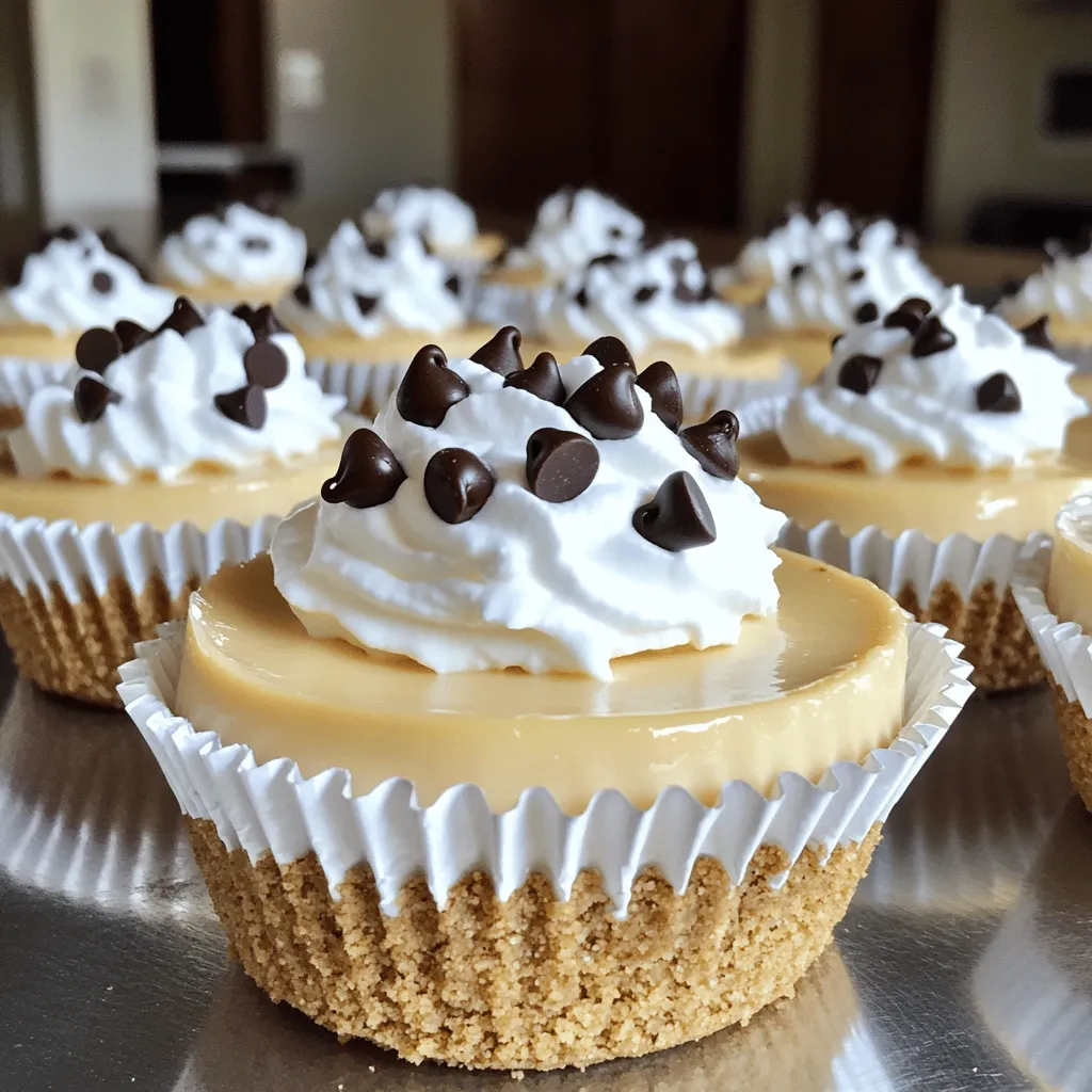 - 1 cup graham cracker crumbs - 4 tablespoons unsalted butter, melted - 16 ounces cream cheese, softened - 1/2 cup granulated sugar - 1 teaspoon vanilla extract - 2 large eggs - 1 cup mini chocolate chips - 1/2 cup sour cream - A pinch of salt Graham cracker crumbs form the crust. They give a sweet and crunchy base. Melted unsalted butter helps bind the crumbs together. Cream cheese is the star of this recipe. It brings creaminess and richness. Granulated sugar adds sweetness, balancing the tang of cream cheese. Vanilla extract enhances flavor. Eggs provide structure and help set the cheesecakes. Mini chocolate chips add bursts of chocolate goodness. Sour cream adds a smooth texture and a hint of tang. A pinch of salt rounds out the flavors. You can replace graham cracker crumbs with crushed nuts or gluten-free cookies for gluten-free options. Use dairy-free cream cheese and yogurt for a vegan version. Instead of eggs, try flaxseed meal mixed with water as a binder. If you want less sugar, consider using a sugar substitute. Always check labels to ensure they meet your dietary needs. Start with the crust. Mix 1 cup of graham cracker crumbs with 4 tablespoons of melted unsalted butter. Use a fork to blend them until they look like wet sand. Line a muffin tin with cupcake liners. Take about 1 tablespoon of the crumb mixture and press it into the bottom of each liner. Make sure it is firm and even. Next, prepare the filling. In a large bowl, beat 16 ounces of softened cream cheese until smooth. Add 1/2 cup of granulated sugar and mix well. Then, add 1 teaspoon of vanilla extract and 1/2 cup of sour cream. Mix until everything is smooth again. Now, it’s time for the eggs. Add 2 large eggs one at a time. Be careful not to overmix. Finally, fold in 1 cup of mini chocolate chips. This adds that yummy chocolate flavor. Preheat your oven to 325°F (160°C). Once the filling is ready, spoon it into the prepared muffin cups. Fill each cup about 2/3 full. This allows space for the cheesecakes to rise. Bake them for 18 to 20 minutes. The edges should be set, but the center should still jiggle. This jiggle means they are not overcooked. Once baked, turn off the oven but leave the mini cheesecakes inside for 10 more minutes. This gentle heat helps them finish cooking without cracking. Take the mini cheesecakes out of the oven. Let them cool at room temperature for about 15 minutes. After that, transfer them to the fridge. Allow them to chill for at least 2 hours. Chilling helps them set properly. Serve these delightful treats chilled. You can add whipped cream and extra chocolate chips on top for a fun touch. For the complete details, check the Full Recipe. One mistake many people make is overmixing the batter. This can create air bubbles. Air bubbles lead to cracks in your cheesecakes. Mix just until smooth. Another pitfall is filling the cups too full. Leave some space for the cheesecakes to rise. Lastly, don’t skip the chilling time. Chilling helps set the texture and flavor. To get a creamy texture, use softened cream cheese. Cold cream cheese is harder to mix. Mix in your eggs one at a time. This helps keep the batter smooth. For flavor, use high-quality vanilla extract. A pinch of salt enhances the sweetness too. Folding in the mini chocolate chips at the end ensures even distribution. Use a standard muffin tin for uniform sizes. Cupcake liners make for easy removal. An electric mixer helps achieve the right consistency. A rubber spatula is great for folding in chocolate chips. Lastly, have a cooling rack ready. This allows the cheesecakes to cool evenly after baking. For the full recipe, refer to the initial section. {{image_2}} You can change the flavor of mini chocolate chip cheesecakes easily. Try adding fruit. Fresh strawberries or blueberries work well. You can also use fruit puree mixed into the filling. This gives a nice taste and color. If you love chocolate, switch to dark or white chocolate chips. Both add a rich flavor. Toppings can make your cheesecakes even better. A drizzle of chocolate sauce is always a hit. You can also add caramel sauce for a sweet touch. For a fresh taste, try a fruit compote on top. Whipped cream makes a great addition too. Sprinkle some crushed nuts for a crunchy bite. You can make these cheesecakes gluten-free. Use gluten-free graham crackers for the crust. For a vegan version, swap cream cheese for a plant-based option. Use flax eggs instead of regular eggs. You can also try coconut cream for a rich texture. These changes keep the flavor and make it friendly for different diets. For the full recipe, check out the main section above! To keep your mini chocolate chip cheesecakes fresh, store them in the fridge. Use an airtight container for best results. If you want to freeze them, wrap each cheesecake tightly in plastic wrap. Then, place them in a freezer-safe bag. This helps prevent freezer burn. When stored in the fridge, mini cheesecakes last about 5 days. If frozen, they can stay good for up to 2 months. Just remember to label the bags with the date. This way, you know when to enjoy them! Mini cheesecakes are best served cold. If you want to warm them up, let them sit at room temperature for about 10 minutes. This makes them softer and creamier. Before serving, consider adding a dollop of whipped cream and a few extra mini chocolate chips on top. This adds a nice touch and makes them even more delightful! For the full recipe, refer to the earlier sections. You can tell when mini cheesecakes are done by looking at the edges. They should be firm, while the center will be soft and jiggly. This means they are cooked just right! If you see any browning on the edges, they might be overbaked. Remember to let them cool in the oven for ten minutes after baking. This step helps them set perfectly. Yes, you can use regular chocolate chips. However, the mini ones mix in better and create more chocolatey bites. If you use regular chips, chop them into smaller pieces. This way, you get even distribution of chocolate in every cheesecake. Cracks often happen due to overmixing or baking at high temperatures. To avoid this, mix the batter just until combined. If cracks do appear, don’t worry! You can cover them with whipped cream or chocolate ganache. This adds flavor and looks lovely on your cheesecakes. You can make these mini cheesecakes a day ahead of serving. Just follow the recipe, cool them, and then store them in the fridge. They stay fresh and taste even better the next day! If you want to keep them longer, you can freeze them for up to a month. Just remember to thaw them in the fridge overnight before serving. For the full recipe, check out the recipe section above! In this post, we covered how to make delicious mini chocolate chip cheesecakes. We looked at key ingredients, including possible substitutions for diets. I provided clear steps for preparation, baking, and cooling for the best texture. We discussed tips to avoid mistakes and enhance flavor. You learned about tasty variations and how to store your cheesecakes. Remember, practice makes perfect. Enjoy experimenting with flavors and sharing these treats!