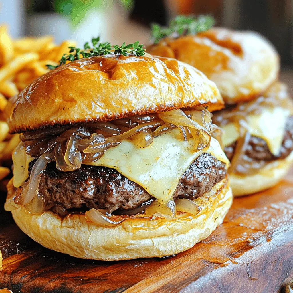 To make French onion burgers, you need a few key ingredients: - 1 lb ground beef (80/20): This fat content keeps the burgers juicy. - 1 large yellow onion, thinly sliced: Sweet and savory, it adds flavor. - 2 tablespoons unsalted butter: For cooking the onions to golden perfection. - 1 tablespoon olive oil: Helps brown the onions nicely. - 1 teaspoon sugar: Enhances the sweetness of the onions. - 1 teaspoon garlic powder: Adds depth to the beef. - Salt and pepper to taste: Essential for seasoning. - 4 slices of Swiss cheese: Melts perfectly on the burgers. - 4 burger buns (preferably brioche): Soft and buttery for a great bite. - Fresh thyme leaves, for garnish: Adds a fresh touch. You can customize your French onion burgers with these: - Suggested toppings: Consider adding lettuce, tomatoes, or pickles for crunch. - Best side dishes: Crispy fries or a light salad pair well. Feel free to explore different combinations to make your meal unique! Start by cooking the onions slowly. Use a skillet on medium heat. Melt two tablespoons of butter with one tablespoon of olive oil. Add the thinly sliced onions, one teaspoon of sugar, and a pinch of salt. Stir them every few minutes. Cook for about 25 minutes. You want them golden brown and soft. Tips for perfect caramelization: - Use yellow onions for sweetness. - Keep the heat steady; too high can burn them. - Be patient; good things take time. Next, grab one pound of ground beef. I like an 80/20 blend for juiciness. In a bowl, mix the beef with one teaspoon of garlic powder, salt, and pepper. Divide the mixture into four equal parts. Tips on patty size and seasoning: - Make the patties a bit larger than the buns. - Press a small dent in the center to avoid puffing while cooking. Heat your grill or skillet on medium-high. Cook the patties for about 4-5 minutes on each side. For medium doneness, add a slice of Swiss cheese on top during the last minute. Cover the pan to help the cheese melt. Cooking times and methods: - Grill gives a nice char. - Skillet keeps them juicy. Now, assemble your burgers. Start with a toasted bun. Place a cheesy patty on top. Add the caramelized onions generously. Finish with fresh thyme leaves for a pop of flavor. Layering ingredients properly: - Bun, patty, onions, thyme, and then the top bun. Presentation tips: - Use a wooden board for serving. - Pair with crispy fries or a fresh salad. This method creates a juicy and flavorful delight. Enjoy every bite of your French onion burger! To ensure a juicy burger, cook at the right temperature. Aim for medium heat. This keeps the meat tender and prevents it from drying out. Use a meat thermometer for best results. The center should reach 160°F for medium doneness. Let your burgers rest for five minutes after cooking. This helps keep the juices inside and makes each bite flavorful. You can switch up the cheese for different tastes. Try sharp cheddar or creamy brie. Each cheese brings its own unique flavor. You can also add spices like smoked paprika or cayenne for a kick. For homemade sauces, mix mayo with garlic or BBQ sauce with mustard. These small changes can make your burger stand out. Use a cast-iron skillet for a perfect sear. It retains heat well and cooks evenly. A grill works great too, giving a nice smoky flavor. Make sure to have a good spatula for flipping burgers. A meat thermometer is also key to checking doneness. Lastly, keep a basting brush handy for adding sauces while cooking. {{image_2}} To make French onion burgers healthier, consider these options: - Use lean meats like turkey or chicken. - Try plant-based options like black bean patties. - Choose gluten-free buns made from almond flour or rice flour. These choices reduce calories and cater to various diets. Lean meats cut fat, while plant-based patties offer fiber and protein. Gluten-free buns let everyone enjoy this dish. You can enhance your French onion burgers with different flavors. Here are some ideas: - Use sweet onions like Vidalia for a milder taste. - Red onions add a sharp bite to your burger. - Try adding spices like smoked paprika or cayenne for heat. - Fresh herbs like basil or oregano can give your burger a fresh twist. Experimenting with onions and spices can make each burger unique. French onion burgers can take on flavors from around the world. Here’s how: - Add some Asian flair with soy sauce and ginger in the beef. - For a Mexican twist, mix taco seasoning into the patties. - Top with jalapeños and guacamole for a spicy kick. These twists will surprise your guests and keep things exciting. Explore different cuisines and let your taste buds guide you! After enjoying your French onion burgers, you might have some left. To store uneaten burgers, first, let them cool down. Place the patties and toppings in separate containers. This keeps flavors fresh. Use airtight containers to keep moisture in. If you have burger buns, store them in a bag or container too. Keep everything in the fridge for up to three days. To reheat your burgers, keep them moist. Use the oven to warm them up. Set the oven to 350°F (175°C). Place the burgers on a baking tray for about 10 minutes. Cover them with foil to keep moisture in. For buns, wrap them in foil too. Heat them in the oven for about 5 minutes until warm. If you want to save burgers for later, freezing is a great option. To freeze patties, place them on a baking sheet. Freeze them for an hour, then transfer to a freezer bag. This prevents them from sticking together. For onions, let them cool and then freeze in a separate bag. When ready to eat, thaw everything in the fridge overnight for the best taste. French onion burgers are a special twist on the classic burger. They blend juicy beef patties with sweet, caramelized onions and melted Swiss cheese. This dish captures the essence of French onion soup in burger form. The layers of flavor create a taste that is both rich and satisfying. The toasted brioche bun adds a nice crunch and sweetness to each bite. If you want a meat-free option, try using ground turkey or chicken. These lean meats still work well with caramelized onions and cheese. You can also use plant-based burger patties made from beans or lentils. These alternatives keep the same great flavor while catering to different diets. Yes, you can prepare French onion burgers ahead of time. Cook the patties and caramelized onions in advance. Store them in airtight containers in the fridge. You can keep them for up to three days. When you’re ready to eat, just reheat the patties and onions. This saves time and makes meal prep easy. You can find the full recipe for French onion burgers in the section above. This recipe provides all the steps you need to create these delicious burgers at home. In this blog post, we explored how to make delicious French onion burgers. We covered key ingredients like ground beef, onions, and seasoning. You learned how to caramelize onions, form patties, and cook burgers perfectly. We highlighted tips for achieving great flavor and suggested fun variations. Now, with these steps and tips, you can create mouth-watering burgers at home. Experiment with flavors, enjoy the process, and impress your friends and family with your cooking skills!