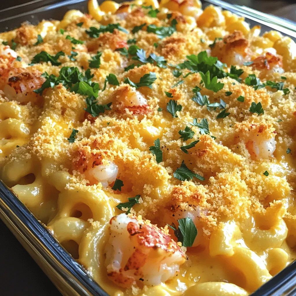 - 8 oz elbow macaroni - 2 tablespoons unsalted butter - 2 tablespoons all-purpose flour - 2 cups whole milk - 1 cup sharp cheddar cheese, shredded - 1 cup Gruyère cheese, shredded - 1 cup cooked lobster meat, chopped - 1 cup cooked shrimp, peeled and deveined - 1 teaspoon Dijon mustard - 1 teaspoon garlic powder - 1 teaspoon onion powder - Salt and pepper to taste - 1/2 cup panko breadcrumbs - 2 tablespoons fresh parsley, chopped (for garnish) Gather these ingredients before you start. The fresh seafood adds a special touch. Using both cheddar and Gruyère gives the dish a rich flavor. The panko breadcrumbs create a crunchy topping. Don't forget the Dijon mustard; it enhances the taste! - Large pot for boiling pasta - Saucepan for cheese sauce - Whisk - Baking dish - Measuring cups and spoons Make sure you have all the right tools. A large pot is key for cooking the macaroni. The saucepan helps make a smooth cheese sauce. A whisk is perfect for mixing without lumps. Lastly, a baking dish holds all the goodness together. For the full recipe, follow along for a step-by-step guide! - Bring a large pot of salted water to a boil. - Add 8 oz of elbow macaroni. Cook until al dente, about 7-9 minutes. - Drain the macaroni and set it aside. - In the same pot, melt 2 tablespoons of unsalted butter over medium heat. - Stir in 2 tablespoons of all-purpose flour to make a roux. Cook for 1 minute while stirring. - Gradually whisk in 2 cups of whole milk until the sauce thickens, about 3-5 minutes. - Lower the heat. Add 1 cup of sharp cheddar cheese and 1 cup of Gruyère cheese. Stir until melted. - Mix in 1 teaspoon of Dijon mustard, 1 teaspoon of garlic powder, and 1 teaspoon of onion powder. - Season with salt and pepper to taste. - Gently fold the cooked macaroni, 1 cup of chopped lobster, and 1 cup of cooked shrimp into the cheese sauce. - Transfer the mixture to a greased baking dish. - Evenly sprinkle 1/2 cup of panko breadcrumbs on top for a crunchy finish. - Preheat your oven to 350°F (175°C). - Place the baking dish in the oven and bake for 20-25 minutes. Look for a golden brown top and bubbling sauce. - Once baked, remove from the oven. Let it cool slightly. Garnish with 2 tablespoons of chopped fresh parsley before serving. For the full recipe, check out Luscious Lobster & Shrimp Seafood Mac and Cheese. To make great mac and cheese, cook your pasta just right. Aim for al dente texture, which means it should be firm but not hard. Here are some tips: - Use salted water when boiling. This adds flavor. - Check the package for cooking time. Start tasting a minute early. - Drain and rinse the pasta quickly under cold water. This stops the cooking process. For this dish, I recommend using elbow macaroni. It holds the cheese sauce well. You can also try cavatappi or shells for a fun twist. A smooth cheese sauce is key to good mac and cheese. Here’s how to keep it lump-free: - Whisk constantly when adding milk. This prevents clumps. - Cook the roux long enough, but don’t let it brown. It should be a light color. - If you notice lumps, use an immersion blender for a quick fix. To ensure a creamy texture, use whole milk. It gives the sauce richness and helps it stay smooth. Boosting flavor makes this dish special. Here are some ideas: - Add seasonings like paprika or cayenne for a kick. - Try mixing different cheeses. Mozzarella adds stretch, while Parmesan adds depth. - A splash of lemon juice can brighten the dish. You can find more tips and tricks in the Full Recipe. Enjoy creating your own seafood mac and cheese masterpiece! {{image_2}} You can switch things up in your seafood mac and cheese. Try using crab or scallops for a new taste. Both add a sweet and rich flavor that pairs well with cheese. If you want a vegetarian version, skip the seafood. Use roasted vegetables instead. Think about zucchini, bell peppers, or spinach. These will add color and taste while keeping it light. Cheese is the heart of this dish. You can change up the cheese for different flavors. Use mozzarella for a gooey texture, or gouda for a smoky hint. Mixing in blue cheese adds depth and a kick. It gives a nice contrast to the creaminess. Feel free to experiment with your favorite cheeses, so your dish is just how you like it. The topping is key to a great mac and cheese. Instead of panko breadcrumbs, try crushed crackers. They give a nice crunch. You can also use grated Parmesan for a salty finish. Adding herbs like thyme or a sprinkle of paprika can make it pop. These small changes pack a big flavor punch. For the full recipe, check out Luscious Lobster & Shrimp Seafood Mac and Cheese. Store your leftovers in a container. Glass or plastic containers with lids work best. Make sure to let the mac and cheese cool down before sealing. This way, it stays fresh. You can keep it in the fridge for up to three days. Just label your container with the date to stay on top of freshness. To reheat, use the oven or a microwave. If you're using the oven, preheat it to 350°F (175°C). Place the mac and cheese in an oven-safe dish. To avoid dryness, add a splash of milk before covering it with foil. This keeps it creamy. Heat for about 20 minutes or until warm. For the microwave, place a serving on a plate. Add a little milk on top. Heat in short bursts, stirring in between. This method also helps keep the dish moist. You can freeze Seafood Mac and Cheese for later use. Let it cool completely, then pack it in a freezer-safe container. Make sure to leave some space at the top, as it will expand. It stays good for up to three months. When you're ready to eat, move it to the fridge to thaw overnight. For best results, reheat it in the oven as mentioned earlier. This keeps the texture and flavor just right. Yes, you can use frozen seafood for this dish. If you choose frozen lobster or shrimp, you need to thaw them first. The best way to do this is to place them in the fridge overnight. If you're short on time, you can run them under cold water for about 30 minutes. Make sure to dry them well before adding to the dish. Thawed seafood cooks evenly and keeps the flavors intact. Baking this seafood mac and cheese takes about 20-25 minutes. You’ll know it’s ready when the top turns golden brown and the cheese bubbles. It's important to let it cool for a few minutes after baking. This helps the dish set and makes serving easier. This dish is rich and creamy, so lighter sides work best. Consider serving a fresh green salad, which adds crunch. Steamed broccoli or asparagus also pairs nicely. You can even try garlic bread for a fun twist. These sides balance the flavors and make your meal more complete. Yes, this recipe is great for meal prep. You can prepare it in advance and store it in the fridge for up to three days. Just make sure to cover it well. To reheat, place it in the oven at 350°F (175°C) until hot. For longer storage, you can freeze it. Just make sure to use an airtight container. This way, you have a delicious meal ready when you need it. For the complete dish, check out the Full Recipe. This dish combines creamy cheese, seafood, and pasta to create a rich meal. You start by cooking the macaroni, then make a smooth cheese sauce. Mixing in lobster and shrimp gives it a special touch. Bake until it’s golden and bubbly for the best flavor. In the end, this Seafood Mac and Cheese recipe is a crowd-pleaser. With the right tips, you can make it perfectly every time. Enjoy experimenting with different seafood and cheese to make it your own.