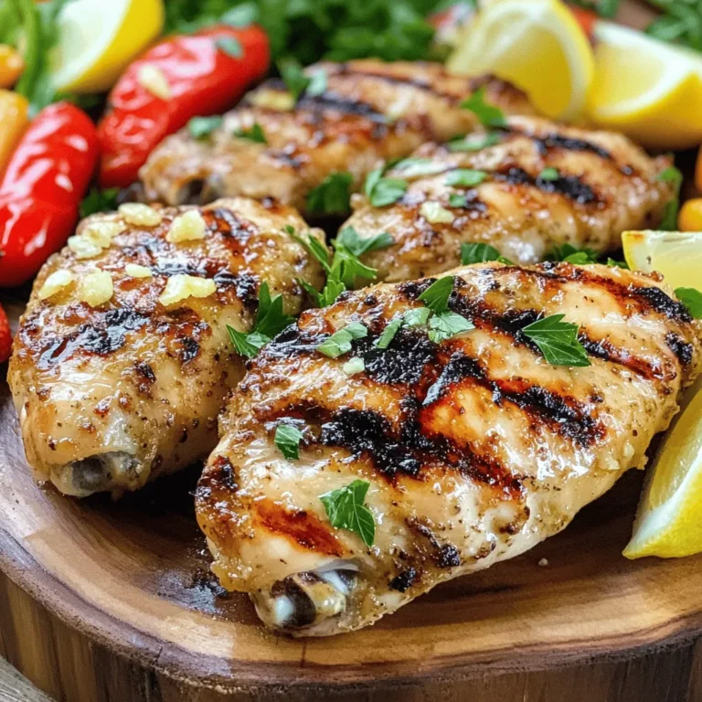 Making Garlic Parmesan Grilled Chicken is easy with the right ingredients. Here’s what you need: - 4 boneless chicken breasts - 4 cloves garlic, minced - 1/2 cup grated Parmesan cheese - 1/4 cup olive oil - 1 tablespoon lemon juice - 1 teaspoon dried Italian herbs (oregano, thyme, basil) - Salt and pepper to taste - Fresh parsley for garnish These ingredients blend well to create a savory, rich flavor. The garlic gives a nice kick, while Parmesan adds a creamy touch. Olive oil helps keep the chicken moist as it cooks. Don't forget lemon juice; it brightens the dish. Using fresh herbs can add more depth to the flavor. I love how these simple items come together to make a tasty meal. Once you gather them, you're ready to start cooking! For the full recipe, you can check the instructions outlined above. To start, gather your ingredients. You need garlic, Parmesan, olive oil, lemon juice, herbs, salt, and pepper. Combine them in a mixing bowl. Mix well to create a flavor-packed marinade. The garlic gives a strong taste while the Parmesan adds creaminess. This marinade makes your chicken juicy and full of flavor. Next, take your chicken breasts and place them in a large resealable bag or a shallow dish. Pour the marinade over the chicken, making sure to coat it evenly. Seal the bag or cover the dish tightly. Refrigerate for at least 1 hour. You can leave it overnight for even more flavor. This step is key, as it helps the chicken absorb all those tasty flavors. Now it’s time to grill! Preheat your grill to medium-high heat. Lightly oil the grates to stop the chicken from sticking. Take the chicken out of the marinade and toss the leftover marinade. Place the chicken on the grill. Cook for about 6-7 minutes on each side. Make sure the internal temperature reaches 165°F. Once cooked, remove the chicken from the grill. Let it rest for 5 minutes. This helps keep it juicy. Finally, garnish with freshly chopped parsley before serving. For the full recipe, check the details above. Enjoy your tasty Garlic Parmesan Grilled Chicken! To boost the flavor of your Garlic Parmesan Grilled Chicken, consider adding a few spices. You can try smoked paprika or a pinch of cayenne for heat. Fresh herbs like basil or rosemary can also add a nice touch. Marinating the chicken is key. Let it soak in the marinade for at least an hour. For the best flavor, marinate overnight. This allows the chicken to absorb all those tasty flavors. If you don’t have a grill, you can bake or pan-fry the chicken. Baking at 375°F for 25-30 minutes works well. For pan-frying, use medium heat and cook for about 6-7 minutes on each side. Always check that the chicken reaches 165°F to ensure it is safe to eat. To keep the chicken juicy, don’t overcook it. Letting it rest for a few minutes after cooking helps, too. Serve your grilled chicken on a wooden platter for a rustic look. Garnish it with lemon wedges and extra Parmesan cheese for flair. For sides, grilled veggies or a fresh salad pair nicely. You could also add some garlic bread for a complete meal. These touches make the dish feel special and inviting. {{image_2}} You can change the herbs in the marinade to make this dish your own. Here are some ideas: - Rosemary: Adds a piney taste that pairs well with chicken. - Cilantro: Gives a fresh, bright flavor, especially if you love Mexican food. - Dill: Adds a light, tangy note that brightens the dish. Each herb can give the chicken a unique twist. For example, using rosemary brings a taste of the South while cilantro adds a hint of the Southwest. If you want to try different cheeses, here are a few options: - Feta: This cheese gives a salty, tangy flavor to the chicken. - Mozzarella: Adds creaminess and melts beautifully on the grill. - Goat Cheese: It offers a rich and unique taste that many enjoy. For a dairy-free version, look for vegan cheese options like cashew cheese or nutritional yeast. These can provide a similar flavor without the dairy. You can also cook Garlic Parmesan Chicken in different ways. - Oven-Baked: Preheat your oven to 375°F (190°C). Place marinated chicken on a baking sheet. Bake for 25-30 minutes or until it reaches 165°F (75°C). This method keeps the chicken juicy and tender. - Slow Cooker: For a hands-off approach, place the marinated chicken in a slow cooker. Cook on low for 4-6 hours. This method allows the flavors to deepen and makes the chicken very tender. These variations and methods can help you enjoy Garlic Parmesan Chicken in new ways. For the full recipe, check above! To store leftover grilled chicken, let it cool first. Place it in an airtight container. This helps keep it fresh. I suggest using glass or BPA-free plastic containers. These keep odors from spreading. Store the chicken in the fridge for up to four days. If you want to freeze the chicken, wrap each piece in plastic wrap. Then, place them in a freezer bag. Remove as much air as you can from the bag. This helps prevent freezer burn. You can freeze the chicken for up to three months. To defrost, move it to the fridge overnight. For quicker results, use the microwave's defrost setting. To reheat grilled chicken, avoid the microwave if you can. Instead, use the oven at 350°F (175°C). Cover the chicken with foil to keep it moist. Heat for about 20 minutes or until warm. You can also reheat on the stovetop. Just use low heat and add a splash of broth or water to keep it juicy. Enjoy your Garlic Parmesan Grilled Chicken! For the full recipe, check out the earlier section. You should marinate the chicken for at least 1 hour. This time allows the flavors to soak in. For even better taste, marinate it overnight in the fridge. The longer it sits, the more delicious it becomes. Yes, you can use frozen chicken. Just thaw it completely before marinating. Thaw in the fridge overnight for best results. This way, the chicken absorbs the marinade well. If you need a substitute for Parmesan cheese, try using Pecorino Romano. It has a strong flavor, just like Parmesan. You can also use nutritional yeast for a dairy-free option. This gives a cheesy taste without the dairy. To check if the chicken is done, use a meat thermometer. The internal temperature should reach 165°F (75°C). You can also look for clear juices when you cut into it. The meat should not be pink inside. In this blog post, we explored how to make Garlic Parmesan Chicken. You learned about the key ingredients and steps for a delicious marinade, along with grilling instructions. We discussed tips for enhancing flavor, various cooking methods, and ideas for serving. Remember, marinating is key for great flavor. Don’t hesitate to try different herbs and cheeses to suit your taste. Enjoy making this easy, tasty meal and impress your friends and family!