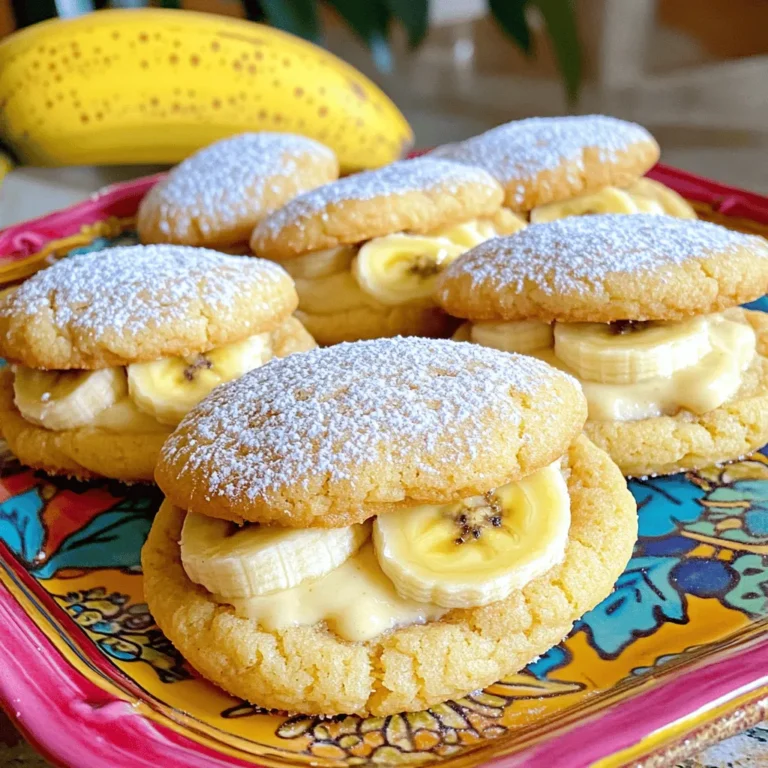 - 1 cup ripe bananas, mashed (about 2 large bananas) - 1/2 cup unsalted butter, softened - 1/2 cup brown sugar, packed - 1/4 cup granulated sugar - 1 large egg - 1 teaspoon vanilla extract - 1 1/2 cups all-purpose flour - 1/2 teaspoon baking soda - 1/2 teaspoon salt - 1 cup vanilla pudding mix (instant) - 1/2 cup chopped walnuts (optional) - 1/2 cup mini chocolate chips You need ripe bananas to give the best flavor. The butter adds moisture and richness. Brown sugar brings a deep taste, while granulated sugar adds sweetness. The egg acts as a binder, holding everything together. Vanilla extract enhances the aroma and flavor. The flour gives structure and firmness to the cookies. Baking soda helps them rise. Salt balances the sweetness. Instant vanilla pudding mix gives a creamy, rich filling. Walnuts add a nice crunch if you choose to use them. Mini chocolate chips make the cookies extra special. Gather all these ingredients before you start. It makes the process smooth and fun. For the best results, use fresh ingredients. This ensures every bite of your stuffed banana pudding cookies is delightful! If you want the full recipe, check the section above. Start by creaming the butter and sugars. Use a large bowl and mix the softened butter, brown sugar, and granulated sugar together. Beat them until fluffy, about 2-3 minutes. This step adds air and helps the cookies rise. Next, add ripe bananas and vanilla extract. Mash the bananas well before mixing them into the creamy butter. Then, add the egg and mix until all is combined. This mixture will give your cookies a moist and sweet base. Now it's time to integrate the dry ingredients. In another bowl, whisk together the flour, baking soda, and salt. This step ensures that the baking soda is evenly distributed. Combine the wet and dry mixtures. Gradually add the dry mix to the banana mixture. Stir gently until just combined. Avoid overmixing, as it can make the cookies tough. Form cookie balls and fill them. Scoop out tablespoon-sized amounts of dough and roll them into balls. Place half of them on a lined baking sheet, leaving space between each ball. Create a small indentation in each cookie ball with your finger. Fill each with a teaspoon of banana pudding. Top each filled ball with another ball of dough and press the edges to seal the filling inside. Finally, bake at 350°F (175°C) for 10-12 minutes. The cookies should be golden brown on the edges but still soft in the center. Let them cool for 5 minutes on the baking sheet before moving them to a wire rack. Enjoy your delicious stuffed banana pudding cookies! To keep your cookies soft, use ripe bananas. They add moisture and flavor. Bake them just until golden brown around the edges. This helps them stay chewy in the center. When placing the cookies on the baking sheet, give them space. Aim for about two inches apart. This allows the cookies to spread without sticking together. One common mistake is overmixing the dough. Mix just until the flour disappears. Overmixing can make the cookies tough. Another mistake is not sealing the filling properly. Make sure to press the edges well. This keeps the delicious banana pudding inside as they bake. For a fun presentation, use a colorful platter. A dusting of powdered sugar adds a nice touch. You can also garnish with banana slices. This highlights the banana flavor and looks great. Pair these cookies with a glass of milk. The creaminess of the milk balances the sweetness. You can also try them with coffee or tea for a delightful treat. For the full recipe, check out the detailed instructions. Enjoy your baking! {{image_2}} You can make stuffed banana pudding cookies even more fun by adding flavors. Try mixing in a pinch of cinnamon or nutmeg. These spices bring warmth and depth. They can enhance the banana flavor. You won't need much—just a quarter teaspoon will do. Using different types of chocolate is another tasty idea. You can swap mini chocolate chips for dark, white, or even peanut butter chips. Each type will change the cookie's taste and texture. Experimenting with flavors can surprise your taste buds! If you need gluten-free cookies, you can use a gluten-free flour blend. Many brands have great options that work well. Just make sure the blend has xanthan gum for good texture. For vegan modifications, replace the egg with a flaxseed meal or applesauce. Use vegan butter instead of regular butter. You can also choose a plant-based pudding mix to keep it dairy-free. These swaps can help you enjoy this dessert while meeting dietary needs. You can easily adapt these cookies for holidays. Adding spices like ginger or allspice gives a festive touch. You can also decorate with colorful sprinkles for special events or birthdays. For seasonal themes, think about using pumpkin spice in the fall or peppermint in winter. Each change can make your cookies fit the mood of the season. Themed cookie variations can add fun to any gathering or celebration. Remember, these stuffed banana pudding cookies are a canvas. You can get creative and make them your own! For the full recipe, check the details above. To keep your stuffed banana pudding cookies fresh, store them in an airtight container. This will help maintain their soft texture. You can place parchment paper between layers to avoid sticking. At room temperature, these cookies last about four to five days. To freeze cookies, first, cool them completely. Then, wrap each cookie in plastic wrap. Place them in a freezer bag or a container. They can stay fresh for up to three months. When you want to enjoy a frozen cookie, simply take one out and let it thaw at room temperature. To restore softness, warm cookies in the microwave for about ten seconds. This method keeps them gooey and delightful. You can also use an oven. Preheat it to 350°F (175°C) and heat for five minutes. Enjoy them warm for the best taste! For the full recipe, refer to the section above. Yes, you can use regular pudding mix, but the texture will change. Regular pudding needs cooking to thicken. This adds time to your process. Instant pudding works well because it combines easily and thickens quickly without heat. Instant pudding also keeps the cookies soft, which is what we want. To make these cookies healthier, you can try a few swaps: - Use whole wheat flour instead of all-purpose flour. - Replace some butter with unsweetened applesauce. - Reduce the sugar by half and add more mashed bananas for sweetness. - Consider using dark chocolate chips for added nutrients. These changes help cut calories while still keeping the cookies tasty. If you want to skip bananas, there are tasty options: - Applesauce gives a similar moisture and sweetness. - Pureed pumpkin adds flavor and keeps the cookie soft. - Mashed avocados can also work, adding healthy fats. Each option alters the flavor, so choose what you like best for your cookies. This blog post covered a delicious cookie recipe using ripe bananas. You learned the ingredients, equipment, and step-by-step baking instructions. I shared tips to ensure your cookies stay soft and suggested fun variations. Storing and reheating cookies properly keeps them fresh for longer. Baking can be simple and rewarding, so don’t hesitate to experiment with this recipe. Enjoy every bite and share the joy of baking with others!