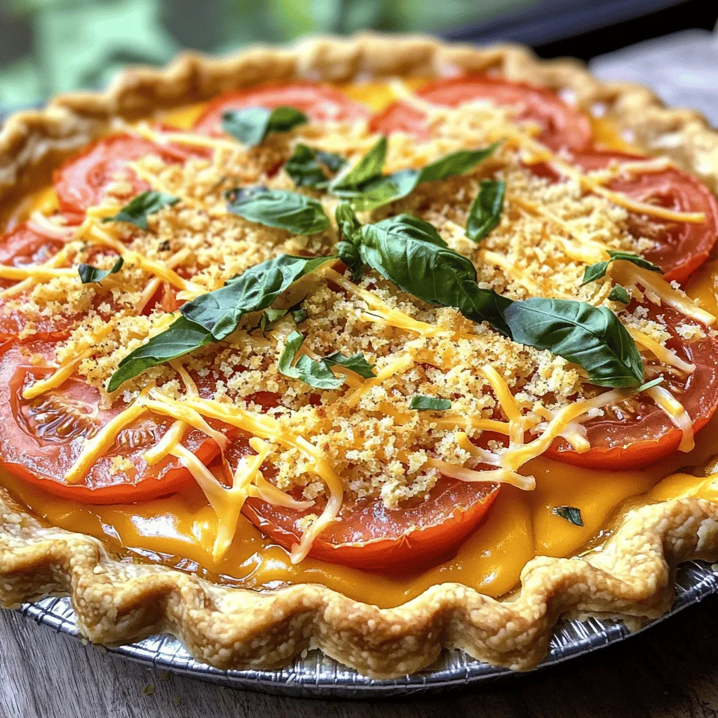 To make a great pimento cheese tomato pie, you need simple yet tasty ingredients. Here’s what you need: - 1 pre-made pie crust (store-bought or homemade) - 2 cups shredded sharp cheddar cheese - 1 cup pimento cheese (store-bought or homemade) - 3 medium tomatoes, sliced - 1/2 cup mayonnaise - 1 tablespoon Dijon mustard - 1 teaspoon garlic powder - 1 teaspoon onion powder - Salt and pepper to taste - 1/4 cup chopped fresh basil (plus extra for garnish) - 1/2 cup breadcrumbs (optional, for topping) - Olive oil for drizzling The pie crust acts as the base. You can choose a store-bought one for quick prep or make your own for a personal touch. The sharp cheddar and pimento cheese deliver rich flavors that blend well together. Fresh tomatoes add a juicy, vibrant taste. The mayonnaise and Dijon mustard add creaminess and a slight tang. Garlic and onion powder enhance the dish’s depth. Basil offers a fresh kick, and breadcrumbs can add a nice crunch if you choose to use them. You can mix and match these ingredients to suit your taste. This recipe captures the essence of summer in every slice. For the complete recipe, you can refer to the Full Recipe section. 1. Preheat the Oven: Start by preheating your oven to 375°F (190°C). This setting ensures even cooking for the pie. 2. Prepare the Pie Crust: Take your pre-made pie crust and place it in a 9-inch pie plate. Press it gently against the sides to form a nice shape. Prick the bottom with a fork. This helps prevent bubbling. Bake according to the package instructions until it turns lightly golden, about 10 minutes. After baking, let it cool slightly. 3. Make the Filling: In a mixing bowl, combine 2 cups of shredded sharp cheddar cheese, 1 cup of pimento cheese, 1/2 cup of mayonnaise, 1 tablespoon of Dijon mustard, 1 teaspoon of garlic powder, and 1 teaspoon of onion powder. Add salt and pepper to taste. Mix everything until well combined and creamy. 4. Layer the Ingredients: Spread half of the cheese mixture evenly over the bottom of the cooled pie crust. Next, layer 3 medium sliced tomatoes on top. Repeat with the remaining cheese mixture and another layer of tomato slices. This ensures every bite is cheesy and tomatoey. 5. Top it Off: If you want a crunchy topping, mix 1/2 cup of breadcrumbs with a drizzle of olive oil. Sprinkle this mixture evenly over the pie. This step adds a delightful crunch. 6. Bake: Place the pie in your preheated oven. Bake for 25-30 minutes, or until the top is golden brown and the cheese is bubbly. 7. Cool and Garnish: After baking, allow the pie to cool for about 10 minutes. This helps set the filling. Before serving, garnish with fresh basil for a pop of color and flavor. For the full recipe, be sure to check the complete details to guide you through this delightful dish. Enjoy your cooking! Choosing the right cheese is key. I love using sharp cheddar for its bold taste. Pimento cheese adds creaminess and a hint of spice. Experiment with different brands to find your favorite flavor. Layering your ingredients is important for a great pie. Start with half of the cheese mix on the crust. Then, add a layer of fresh tomato slices. This keeps the tomatoes from getting too soggy. Repeat the layers to build flavor and texture. Baking tips can help you achieve the perfect pie crust and filling. Pre-bake your crust for a golden finish. Make sure it cools a bit before filling it. Bake the pie until the top is golden and bubbly. This usually takes about 25-30 minutes. For an extra crunch, mix breadcrumbs with olive oil. Sprinkle this mix on top before baking to add texture. Following these tips will help you create a tasty Pimento Cheese Tomato Pie that everyone will love. For the full recipe, check out the section above. {{image_2}} You can make this dish your own with a few tweaks. First, try different cheese options. Maybe use a mix of mozzarella and gouda. This gives a creamy texture and rich taste. Next, think about adding vegetables or proteins. You could add spinach or cooked bacon. This makes the pie more filling and adds new flavors. Don’t forget about herbs and spices! Adding fresh basil or thyme can elevate the taste. For a kick, sprinkle in some cayenne pepper or red pepper flakes. These simple changes keep your pimento cheese tomato pie exciting and fun. Explore your options and enjoy the process! For the complete guide, check the Full Recipe. When you have leftover Pimento Cheese Tomato Pie, proper storage is key. Keep it in the fridge for up to three days. Wrap it tightly in plastic wrap or place it in an airtight container. This helps keep the flavors fresh. If you want to save it for later, freezing is a great option. Slice the pie first, then wrap each piece in plastic wrap. Place the wrapped slices in a freezer bag. This way, you can pull out one slice at a time. The pie can freeze well for up to three months. To reheat, take the pie out of the fridge or freezer. If it's frozen, let it thaw overnight in the fridge. Preheat your oven to 350°F (175°C). Place the pie on a baking sheet and cover it with aluminum foil. Heat for about 20-25 minutes. This keeps the pie moist and prevents burning. For slices, you can reheat them in the microwave too. Heat on low for about 30 seconds. Check if it’s warm enough, and add more time if needed. Enjoy your delicious pie just like the first time! What can I substitute for pimento cheese? If you don’t have pimento cheese, you can use cream cheese mixed with diced pimentos. Another option is to blend cheddar cheese with roasted red peppers. Both will add a nice taste. Can I make this dish ahead of time? Yes, you can prepare the pie a day in advance. Just make the filling and layer it in the crust. Cover it and keep it in the fridge. When you’re ready, bake it as directed. What's the best way to slice and serve the pie? Let the pie cool for about ten minutes before slicing. This makes it easier to cut. Use a sharp knife for clean slices. Serve it warm or at room temperature. It pairs well with a salad or some fresh bread. For the complete recipe, check out the [Full Recipe]. We explored how to make a delicious pimento cheese tomato pie. I shared essential ingredients, step-by-step instructions, and helpful tips. You can customize your pie with various cheeses and add-ins. Proper storage ensures your leftovers stay great for later. Remember, this dish is easy and fun to make, perfect for any meal. Enjoy the rich flavors and share with friends. Your kitchen will be the place to gather for good food! Keep experimenting and make it your own. A tasty pie awaits!