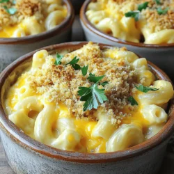 - 2 cups elbow macaroni - 4 tablespoons unsalted butter - 4 tablespoons all-purpose flour - 3 cups whole milk - 2 cups sharp cheddar cheese, shredded - 1 cup mozzarella cheese, shredded - 1/2 cup parmesan cheese, grated - 1 teaspoon Dijon mustard - 1 teaspoon garlic powder - 1 teaspoon onion powder - Salt and pepper to taste - 1/2 teaspoon smoked paprika - 1 cup panko breadcrumbs - 2 tablespoons fresh parsley, chopped (for garnish) I love using these ingredients for my creamy baked mac and cheese. The elbow macaroni brings a nice bite. Using three types of cheese gives a rich and gooey texture. Sharp cheddar makes it bold, while mozzarella adds stretch. Parmesan brings a salty kick. For seasoning, I use Dijon mustard for depth. Garlic and onion powders add warmth. A pinch of smoked paprika gives a hint of smokiness. Salt and pepper balance the flavors nicely. The panko breadcrumbs create a delicious crunch on top. Chopped parsley adds a pop of color and freshness. When you combine these ingredients, you create a dish that is both comforting and satisfying. For the full recipe, check out Cheesy Dream Baked Mac & Cheese. - Cook the elbow macaroni according to package instructions until al dente. - Drain and set aside. - Melt the butter in a large saucepan over medium heat. - Add the flour to create a roux and whisk for about 2 minutes. - Gradually whisk in the milk until thickened. - Stir in Dijon mustard, garlic powder, onion powder, and seasonings. - Add the cheeses into the sauce until melted and smooth. - Fold in cooked elbow macaroni. - Transfer the mixture to a greased 9x13 inch baking dish. - Prepare breadcrumb topping and sprinkle evenly. - Bake at 350°F for 25-30 minutes until golden brown. This process makes the creamy baked mac and cheese a cozy dish that warms your heart. For the full recipe, check the details provided. - Always use whole milk for a richer sauce. - Gradually add cheese to ensure a smooth blend. For the best creamy texture, start with whole milk. It gives your sauce a rich taste. As you mix in the cheese, go slow. This helps it melt evenly without clumps. Stirring constantly makes a big difference. - Don’t skip the resting time before serving for better slicing. - Cover with foil for the first 15 minutes of baking to prevent browning. Baking time is key to a perfect mac and cheese. After it bakes, let it rest for five minutes. This helps the cheese set, making it easier to slice. When you cover it with foil, it keeps the top soft. You want that nice golden crust, but not too brown. - Serve in individual bowls with a sprinkle of cheese and parsley. - Drizzle with a little olive oil for added shine. Serving your mac and cheese in bowls makes it special. Add a sprinkle of cheese on top for color. Chopped parsley gives a fresh touch. A light drizzle of olive oil adds shine and flavor. This makes your dish look as great as it tastes. For the full recipe, visit the link provided. {{image_2}} You can switch up the cheese for a new taste. Try using Gruyère or Fontina cheese. They add a rich flavor that many love. For an extra creamy texture, mix in cream cheese. This will make your mac and cheese even smoother and more indulgent. Add a savory twist to your dish with cooked bacon or pancetta. They bring a nice crunch and saltiness that balances the creaminess. For a healthier option, mix in steamed broccoli or peas. These add-ins not only boost nutrition but also add a pop of color to your meal. If you like some heat, consider adding diced jalapeños for a spicy kick. They bring a fresh flavor that pairs well with the cheese. Another option is to include a dash of cayenne pepper in the cheese sauce. This will give your mac and cheese a warm, spicy finish that many enjoy. Exploring these variations can enhance your mac and cheese experience. For the full recipe and more ideas, check out the Full Recipe. After you enjoy your creamy baked mac and cheese, let it cool completely. This step keeps moisture in check. Place the leftovers in an airtight container. You can store it in the fridge for up to 3 days. This makes it easy to enjoy later without losing flavor. When it's time to eat your leftovers, use an oven or stovetop for the best results. The microwave can dry it out. Add a splash of milk when reheating. This extra milk helps keep the dish creamy and tasty, just like when it was fresh. If you want to save some for later, freezing works well. Portion out your mac and cheese into smaller containers. This way, you can grab just what you need. It stays good in the freezer for up to 2 months. When you're ready to eat it, thaw the container overnight in the fridge before baking again. This helps maintain its delicious flavor. Yes, prepare the dish and refrigerate before baking. This saves time and effort. You can bake it later for a hot meal. You can substitute elbow macaroni with any short pasta like penne or shells. This gives you variety and fun shapes to enjoy. Use gluten-free pasta and flour for a gluten-free version. This way, everyone can enjoy this creamy dish. Yes, feel free to mix and match your favorite cheeses for a unique flavor. Cheddar, mozzarella, and gouda all work well together. Properly stored, leftovers should last about 3 days in the fridge. Just reheat them before serving for a quick meal. Covering it with foil initially can help it bake evenly without burning the top. You can uncover it later for a crispy finish. This blog post shared a simple and tasty mac and cheese recipe. We covered the main ingredients and step-by-step instructions to help you create a creamy dish. I included tips for baking, variations to try, and storage ideas to keep your leftovers fresh. Enjoy experimenting with flavors and make it your own. Whether for family or a gathering, this dish shines every time. Happy cooking!