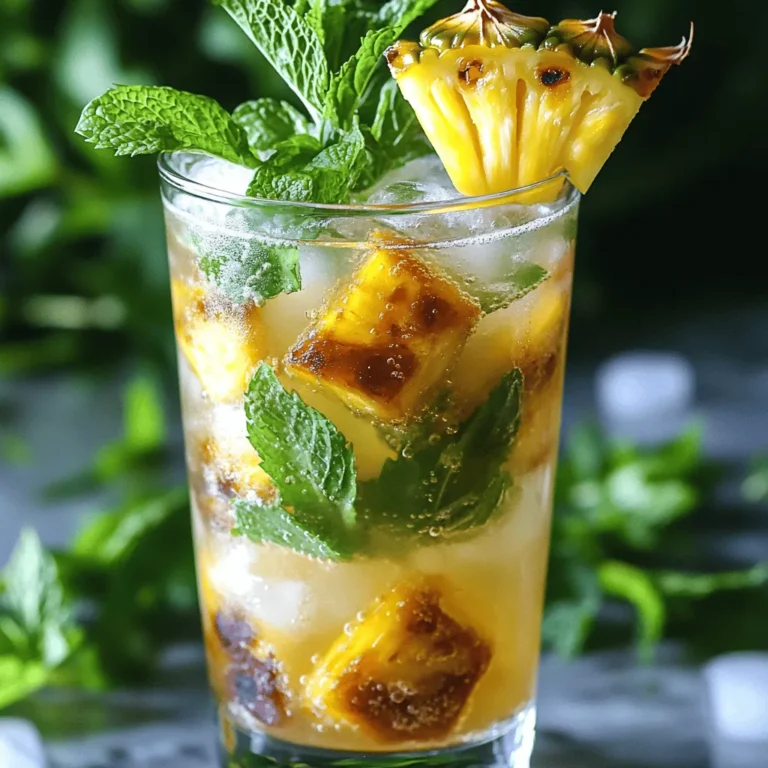 - Fresh Pineapple - Brown Sugar - Butter - Fresh Mint Leaves - Lime Juice - Optional Sweetener - Sparkling Water - Ice Cubes - Garnish Ideas When making a Caramelized Pineapple Mojito Mocktail, you need fresh ingredients for the best taste. Start with fresh pineapple. You will need about one cup, cut into chunks. This adds sweetness and a lovely tropical flavor. Next, grab some brown sugar. Two tablespoons will help caramelize the pineapple. You also need one tablespoon of butter. This will help the sugar melt and coat the pineapple. Fresh mint leaves are a must. You’ll need about ten leaves to create that refreshing taste. Squeeze the juice from one lime into the mix. This brightens the drink and adds a zesty kick. If you like it sweeter, use one teaspoon of honey as an optional sweetener. To finish, you will need one cup of sparkling water to add fizz. Don’t forget the ice cubes to keep it cool. For garnish, think about fresh mint sprigs or pineapple wedges. They make your drink look pretty and inviting. - Skillet - Muddler - Glass You will need a skillet for cooking the pineapple. Choose one that heats evenly. A muddler is key for crushing the mint leaves. It helps release the mint oils for great flavor. Lastly, have a glass ready to mix and serve your mocktail. A tall glass works best to show off the layers of your drink. For the complete recipe, check out the Full Recipe. These ingredients and tools set the stage for a delightful mocktail experience. - Melting the Butter Start by placing a skillet over medium heat. Add one tablespoon of butter. Watch it melt until it bubbles. This step adds a rich taste to the pineapple. - Cooking the Pineapple with Sugar Once the butter melts, add one cup of fresh pineapple chunks and two tablespoons of brown sugar. Stir these together. Cook for about 5-7 minutes. You want the pineapple to get soft and turn golden brown. Stir it often to coat every piece. - Cooling the Caramelized Pineapple After cooking, remove the skillet from the heat. Let the pineapple cool for a few minutes. This cooling step helps to keep the mocktail fresh and tasty. - Muddling the Mint Take ten fresh mint leaves and place them in a glass. Use a muddler to crush the leaves gently. This action releases the mint oils, making your drink fragrant and refreshing. - Combining Ingredients Now, add the caramelized pineapple to the glass. Squeeze in the juice of one lime. If you like it sweeter, add one teaspoon of honey. Muddle these ingredients together for about 30 seconds. This step blends all the great flavors. - Adding Ice and Sparkling Water Fill the glass with ice cubes. Pour in one cup of sparkling water. Stir gently to mix everything together. This adds a fun fizz to your mocktail. - Garnishing Your Mocktail Take the reserved caramelized pineapple pieces and place them on top. Add fresh mint sprigs and pineapple wedges for a beautiful look. - Serving Suggestions Serve your Caramelized Pineapple Mojito Mocktail with a straw. Enjoy it on a warm day or at a party. This drink is sure to impress your friends! For the complete recipe, check out the full recipe section. Controlling Heat Levels Use medium heat for the best caramelization. Too high a heat can burn the sugar. Stir the pineapple often to ensure even cooking. This keeps the fruit soft and sweet. Achieving the Right Color You want a golden brown hue. This shows the pineapple is caramelized well. If it is too light, cook it a bit longer. The right color adds to the dish's appeal. Mint Variations Try different mint types for fun flavors. Spearmint gives a sweet taste, while peppermint adds a stronger kick. You can even mix mints for a unique twist. Adjusting Sweetness Taste your mocktail before serving. If it is not sweet enough, add more honey or sugar. If it is too sweet, add more lime juice. Balance is key to a perfect drink. Creative Glassware Choices Use fun glasses to make your mocktail pop. Clear glasses show off the drink's colors. You can also use mason jars for a casual feel. Garnish Ideas Beyond Mint Get creative with garnishes! Use fresh pineapple wedges or edible flowers. These add color and a personal touch. A great presentation makes the drink even more special. For the Full Recipe, check the details above to create this tasty drink at home. {{image_2}} You can easily switch things up with different fruits. Try adding mango or papaya. Both fruits bring a sweet, tropical twist. Their juicy flavors blend nicely with caramelized pineapple. If you want a creamy texture, use coconut milk. This gives your drink a rich taste and keeps it refreshing. Experimenting with herbs can change your mocktail. Instead of mint, use basil or thyme. These herbs add a unique touch. Each herb brings its own flavor notes that change the drink's profile. You can also mix in citrus flavors like lemon or orange. This adds brightness and balance to the sweetness. If you want an adult version, add some rum. Rum pairs well with pineapple and mint. It enhances the overall flavor of the drink. You can also try different cocktail mixers. For example, a splash of ginger beer or tonic can add spice. Each variation gives you a new way to enjoy this drink. Check the Full Recipe to see how to make it perfectly! Storing Caramelized Pineapple You can keep leftover caramelized pineapple in an airtight container. It stays fresh for about three days in the fridge. Make sure it cools down first. This way, it won’t steam and get mushy. When you are ready to use it again, just reheat it in a skillet for a few minutes. This brings back its sweet, rich flavor. Fresh Mint Storage Tips Fresh mint can be tricky to store. Place the stems in a glass of water, like a bouquet. Cover the leaves loosely with a plastic bag. This helps keep the mint fresh for a week. If you have more mint than you need, you can also freeze it. Chop it up and place it in ice cube trays with water. Later, you can use these cubes in drinks or dishes. Make-Ahead Mocktail Tips You can prepare parts of this mocktail ahead of time. Caramelize your pineapple in advance. Store it in the fridge until you are ready to mix your drink. You can also muddle the mint and lime juice together before serving. Just keep them separate to maintain their fresh taste. How Long It Lasts in the Fridge Once mixed, the mocktail is best enjoyed right away. If you must store it, keep it in the fridge for up to 24 hours. The sparkling water will lose its fizz, so the drink may not taste as good. For the best flavor, make your drink fresh each time. For the full recipe, check out the Caramelized Pineapple Mojito Mocktail. Yes, you can use canned pineapple. However, fresh pineapple tastes better. Canned pineapple is softer and may not caramelize well. If using canned pineapple, drain it well. You can skip the butter and sugar, as canned pineapple is often sweet. To make this mocktail more refreshing, add extra mint leaves. You can also use chilled sparkling water. Try adding cucumber slices for a cool twist. If you want more zing, add lime zest or a splash of soda. Yes, you can make this mocktail sugar-free. Use a sugar substitute like stevia or erythritol. You can also skip the brown sugar when caramelizing the pineapple. The natural sweetness of pineapple will still shine through. To make more servings, multiply each ingredient by the number of drinks you want. For example, if you want to serve four, use four cups of pineapple, eight tablespoons of brown sugar, and so on. Prepare the caramelized pineapple in batches if needed. For a party, serve the mocktail in a large pitcher. You can make it ahead of time, just keep the sparkling water separate. Add ice and the sparkling water just before serving. Garnish each glass with mint sprigs and pineapple wedges for a fun look. For the full recipe, check out the earlier section. This blog post showed you how to make a tasty pineapple mocktail. You learned the ingredients needed, the steps to caramelize pineapple, and how to mix everything. I shared tips to make your mocktail shine and ideas for fun variations. Remember, your creativity can make each drink unique. Use fresh ingredients for the best taste. Enjoy making this refreshing treat at home or for your next gathering!