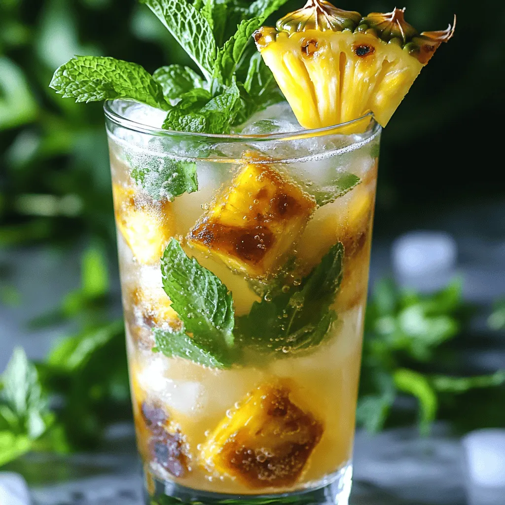 - Fresh Pineapple - Brown Sugar - Butter - Fresh Mint Leaves - Lime Juice - Optional Sweetener - Sparkling Water - Ice Cubes - Garnish Ideas When making a Caramelized Pineapple Mojito Mocktail, you need fresh ingredients for the best taste. Start with fresh pineapple. You will need about one cup, cut into chunks. This adds sweetness and a lovely tropical flavor. Next, grab some brown sugar. Two tablespoons will help caramelize the pineapple. You also need one tablespoon of butter. This will help the sugar melt and coat the pineapple. Fresh mint leaves are a must. You’ll need about ten leaves to create that refreshing taste. Squeeze the juice from one lime into the mix. This brightens the drink and adds a zesty kick. If you like it sweeter, use one teaspoon of honey as an optional sweetener. To finish, you will need one cup of sparkling water to add fizz. Don’t forget the ice cubes to keep it cool. For garnish, think about fresh mint sprigs or pineapple wedges. They make your drink look pretty and inviting. - Skillet - Muddler - Glass You will need a skillet for cooking the pineapple. Choose one that heats evenly. A muddler is key for crushing the mint leaves. It helps release the mint oils for great flavor. Lastly, have a glass ready to mix and serve your mocktail. A tall glass works best to show off the layers of your drink. For the complete recipe, check out the Full Recipe. These ingredients and tools set the stage for a delightful mocktail experience. - Melting the Butter Start by placing a skillet over medium heat. Add one tablespoon of butter. Watch it melt until it bubbles. This step adds a rich taste to the pineapple. - Cooking the Pineapple with Sugar Once the butter melts, add one cup of fresh pineapple chunks and two tablespoons of brown sugar. Stir these together. Cook for about 5-7 minutes. You want the pineapple to get soft and turn golden brown. Stir it often to coat every piece. - Cooling the Caramelized Pineapple After cooking, remove the skillet from the heat. Let the pineapple cool for a few minutes. This cooling step helps to keep the mocktail fresh and tasty. - Muddling the Mint Take ten fresh mint leaves and place them in a glass. Use a muddler to crush the leaves gently. This action releases the mint oils, making your drink fragrant and refreshing. - Combining Ingredients Now, add the caramelized pineapple to the glass. Squeeze in the juice of one lime. If you like it sweeter, add one teaspoon of honey. Muddle these ingredients together for about 30 seconds. This step blends all the great flavors. - Adding Ice and Sparkling Water Fill the glass with ice cubes. Pour in one cup of sparkling water. Stir gently to mix everything together. This adds a fun fizz to your mocktail. - Garnishing Your Mocktail Take the reserved caramelized pineapple pieces and place them on top. Add fresh mint sprigs and pineapple wedges for a beautiful look. - Serving Suggestions Serve your Caramelized Pineapple Mojito Mocktail with a straw. Enjoy it on a warm day or at a party. This drink is sure to impress your friends! For the complete recipe, check out the full recipe section. Controlling Heat Levels Use medium heat for the best caramelization. Too high a heat can burn the sugar. Stir the pineapple often to ensure even cooking. This keeps the fruit soft and sweet. Achieving the Right Color You want a golden brown hue. This shows the pineapple is caramelized well. If it is too light, cook it a bit longer. The right color adds to the dish's appeal. Mint Variations Try different mint types for fun flavors. Spearmint gives a sweet taste, while peppermint adds a stronger kick. You can even mix mints for a unique twist. Adjusting Sweetness Taste your mocktail before serving. If it is not sweet enough, add more honey or sugar. If it is too sweet, add more lime juice. Balance is key to a perfect drink. Creative Glassware Choices Use fun glasses to make your mocktail pop. Clear glasses show off the drink's colors. You can also use mason jars for a casual feel. Garnish Ideas Beyond Mint Get creative with garnishes! Use fresh pineapple wedges or edible flowers. These add color and a personal touch. A great presentation makes the drink even more special. For the Full Recipe, check the details above to create this tasty drink at home. {{image_2}} You can easily switch things up with different fruits. Try adding mango or papaya. Both fruits bring a sweet, tropical twist. Their juicy flavors blend nicely with caramelized pineapple. If you want a creamy texture, use coconut milk. This gives your drink a rich taste and keeps it refreshing. Experimenting with herbs can change your mocktail. Instead of mint, use basil or thyme. These herbs add a unique touch. Each herb brings its own flavor notes that change the drink's profile. You can also mix in citrus flavors like lemon or orange. This adds brightness and balance to the sweetness. If you want an adult version, add some rum. Rum pairs well with pineapple and mint. It enhances the overall flavor of the drink. You can also try different cocktail mixers. For example, a splash of ginger beer or tonic can add spice. Each variation gives you a new way to enjoy this drink. Check the Full Recipe to see how to make it perfectly! Storing Caramelized Pineapple You can keep leftover caramelized pineapple in an airtight container. It stays fresh for about three days in the fridge. Make sure it cools down first. This way, it won’t steam and get mushy. When you are ready to use it again, just reheat it in a skillet for a few minutes. This brings back its sweet, rich flavor. Fresh Mint Storage Tips Fresh mint can be tricky to store. Place the stems in a glass of water, like a bouquet. Cover the leaves loosely with a plastic bag. This helps keep the mint fresh for a week. If you have more mint than you need, you can also freeze it. Chop it up and place it in ice cube trays with water. Later, you can use these cubes in drinks or dishes. Make-Ahead Mocktail Tips You can prepare parts of this mocktail ahead of time. Caramelize your pineapple in advance. Store it in the fridge until you are ready to mix your drink. You can also muddle the mint and lime juice together before serving. Just keep them separate to maintain their fresh taste. How Long It Lasts in the Fridge Once mixed, the mocktail is best enjoyed right away. If you must store it, keep it in the fridge for up to 24 hours. The sparkling water will lose its fizz, so the drink may not taste as good. For the best flavor, make your drink fresh each time. For the full recipe, check out the Caramelized Pineapple Mojito Mocktail. Yes, you can use canned pineapple. However, fresh pineapple tastes better. Canned pineapple is softer and may not caramelize well. If using canned pineapple, drain it well. You can skip the butter and sugar, as canned pineapple is often sweet. To make this mocktail more refreshing, add extra mint leaves. You can also use chilled sparkling water. Try adding cucumber slices for a cool twist. If you want more zing, add lime zest or a splash of soda. Yes, you can make this mocktail sugar-free. Use a sugar substitute like stevia or erythritol. You can also skip the brown sugar when caramelizing the pineapple. The natural sweetness of pineapple will still shine through. To make more servings, multiply each ingredient by the number of drinks you want. For example, if you want to serve four, use four cups of pineapple, eight tablespoons of brown sugar, and so on. Prepare the caramelized pineapple in batches if needed. For a party, serve the mocktail in a large pitcher. You can make it ahead of time, just keep the sparkling water separate. Add ice and the sparkling water just before serving. Garnish each glass with mint sprigs and pineapple wedges for a fun look. For the full recipe, check out the earlier section. This blog post showed you how to make a tasty pineapple mocktail. You learned the ingredients needed, the steps to caramelize pineapple, and how to mix everything. I shared tips to make your mocktail shine and ideas for fun variations. Remember, your creativity can make each drink unique. Use fresh ingredients for the best taste. Enjoy making this refreshing treat at home or for your next gathering!