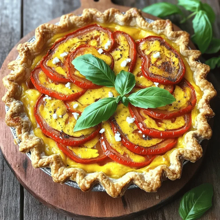 - 2 cups all-purpose flour - 1/2 cup unsalted butter, chilled and cubed - 1/2 teaspoon sea salt - 1/4 cup cold water - 4 medium heirloom tomatoes, sliced - 1 teaspoon sea salt (for tomatoes) - 1 cup shredded sharp cheddar cheese - 1 cup crumbled feta cheese - 1 tablespoon fresh basil, chopped - 1 tablespoon fresh thyme, chopped - 1/2 teaspoon black pepper - 1/4 teaspoon cayenne pepper - 1 cup mayonnaise - 1 teaspoon Dijon mustard - 9-inch pie dish - Rolling pin - Mixing bowls - Colander To make the Southern-Style Tomato Pie, you need simple ingredients. The crust needs flour, butter, sea salt, and cold water. For the filling, heirloom tomatoes are key. You also need cheese, herbs, and some spices. The cheese adds flavor, while the herbs bring freshness. You can use any pie dish, but I love a 9-inch one. A rolling pin helps to roll the dough evenly. Mixing bowls are a must for combining ingredients. A colander is handy for draining the tomatoes. The mix of sharp cheddar and feta gives the pie a rich taste. Fresh basil and thyme add a lovely aroma. Don't forget the cayenne for a slight kick! These ingredients come together to create a pie that is both flavorful and comforting. For the complete recipe, check out the Full Recipe link. To start, mix 2 cups of all-purpose flour and 1/2 teaspoon of sea salt in a big bowl. Next, cut in 1/2 cup of chilled, cubed butter. You want the mix to look like coarse crumbs. Then, slowly add 1/4 cup of cold water. Stir until a dough forms. Wrap the dough in plastic wrap and chill it for at least 30 minutes. This step helps the crust stay flaky. Slice 4 medium heirloom tomatoes. Sprinkle 1 teaspoon of sea salt on the slices. This will help draw out extra moisture. Let them drain in a colander for about 15 to 20 minutes. This step is key to avoid a soggy pie. Preheat your oven to 400°F (200°C). Roll out the chilled dough on a floured surface. Make it into a 12-inch circle. Fit the dough into a 9-inch pie dish, trimming any extra. Now, layer half of the sliced tomatoes in the crust. Sprinkle half of the shredded sharp cheddar and crumbled feta cheese on top. Add fresh basil and thyme. Then, place the rest of the tomatoes in. Sprinkle black and cayenne pepper. Top with the remaining cheese. In a bowl, mix 1 cup of mayonnaise and 1 teaspoon of Dijon mustard. Spread this topping evenly over the pie. Bake it in the oven for 30 to 35 minutes. Look for a golden brown and bubbly top. Let the pie cool for 10 to 15 minutes before slicing. This helps it set and makes serving easier. How do you know when the pie is done? You can tell the pie is ready when the top turns golden brown. Look for bubbly cheese, too. This shows that all the flavors meld together nicely. What are the best methods for cooling? Once you take the pie out of the oven, let it cool for about 10-15 minutes. This short time helps the pie set, making it easier to slice. If you can, let it cool on a wire rack. This keeps the bottom crust crisp. How can you add herbs and spices for a unique twist? Using fresh herbs like basil and thyme gives your pie a bright flavor. You can also try adding oregano or rosemary for a different taste. Just sprinkle a little in with the tomatoes for that fresh kick. What cheese substitutions can change the taste? If you want a different flavor, try using mozzarella or gouda in place of cheddar. Each cheese brings its own character. For a creamier texture, you can mix in some ricotta. Experiment to find your favorite blend! For the full recipe, check out the detailed instructions for making this delightful dish. {{image_2}} You can make this pie even more colorful. Swap out some tomatoes with vegetables. Zucchini, bell peppers, or spinach add great taste. You can mix in roasted garlic for a rich flavor. Just remember to drain any extra moisture. This step keeps your pie from getting soggy. You can also add different cheeses. Goat cheese or mozzarella can be tasty options. They give a nice twist to the dish. I love to play with flavors, and this keeps things fresh! If you need a gluten-free option, you’re in luck! Use gluten-free flour for the crust. Many brands work well without changing the taste. You can also try a store-bought gluten-free crust. They come ready to use and save time. Just check the package for specific baking instructions. To make it even easier, use a pie dish that fits well. This will help the pie bake evenly. Gluten-free can be just as delicious, so don’t be afraid to try it! For the Full Recipe, check out my complete guide on making Southern-Style Heirloom Tomato Pie. To keep your Southern-Style Tomato Pie fresh, let it cool first. After cooling, cover it tightly with plastic wrap or foil. Store it in the fridge for up to three days. When you're ready to enjoy it again, reheat it in the oven. Preheat the oven to 350°F (175°C). Place the slice on a baking sheet and heat for about 15 minutes. This helps the crust stay crisp and warm. To freeze your pie, first, let it cool completely. Wrap it well in plastic wrap and then in aluminum foil. This double-wrap protects against freezer burn. You can freeze it for up to three months. When you want to eat it, thaw it in the fridge overnight. To warm it up, bake it at 350°F (175°C) for about 25-30 minutes. This will make it taste fresh and delicious. For a full recipe, check the earlier section. You can use other tasty tomato types. Some good choices are: - Ripe beefsteak tomatoes - Juicy Roma tomatoes - Flavorful cherry tomatoes Each type has its own taste, but they will still work well in your pie. Just make sure they are fresh and ripe. Yes, you can prepare the pie ahead of time. Here are some tips: - Make the crust and fill it, then cover it well with plastic wrap. - You can freeze the unbaked pie for up to three months. Just remember to thaw it overnight in the fridge before baking. - If you bake it first, let it cool fully, then wrap it tightly. You can store it in the fridge for a few days. To reheat your pie, follow these methods: - Preheat your oven to 350°F (175°C). Bake the pie for about 15-20 minutes. - You can also use the microwave. Heat on medium for 1-2 minutes. Keep in mind that the oven method keeps the crust crisp. For the complete Southern-Style Heirloom Tomato Pie recipe, check out the [Full Recipe]. The blog post covered all you need for making a Southern-Style Tomato Pie. We discussed ingredients, equipment, and step-by-step instructions. I shared tips on baking and flavor enhancements. You can explore vegetarian and gluten-free options, too. Finally, I provided storage and reheating methods for leftovers. Enjoy creating this dish. It’s simple, tasty, and perfect for sharing. I hope these tips inspire you to try. Happy baking!