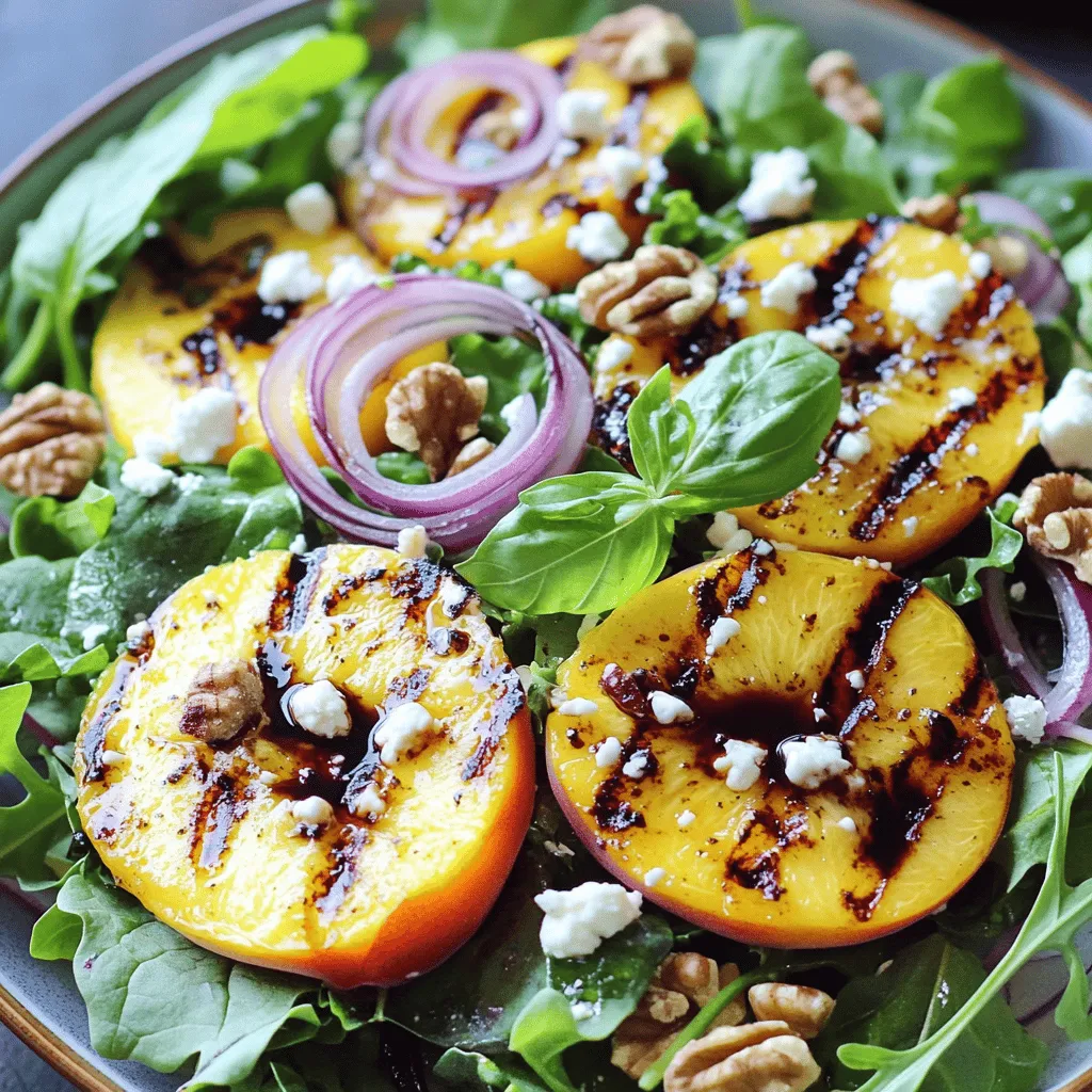 To make a tasty grilled peach salad, start with these simple ingredients: - 4 ripe peaches, halved and pitted - 4 cups mixed greens (arugula, spinach, and baby kale) - 1/2 cup crumbled feta cheese - 1/4 cup walnuts, toasted - 1/4 red onion, thinly sliced - 2 tablespoons balsamic glaze - 2 tablespoons olive oil - Salt and pepper to taste - Fresh basil leaves for garnish These ingredients work together to create a fresh and flavorful dish. The peaches bring a sweet taste, while the greens add crunch. Feta cheese adds creaminess, and walnuts give a nice bite. The balsamic glaze ties all the flavors together. You can find the full recipe to guide you in creating this delightful salad. Enjoy the process of gathering these fresh items! To grill peaches for maximum flavor, start with ripe ones. Look for peaches that yield slightly when gently pressed. These will have the best taste. Cut the peaches in half and remove the pit. Brush the cut sides with olive oil. This helps prevent sticking and adds flavor. When grilling, place the peaches cut-side down on a preheated grill. Grill over medium heat for 4-5 minutes. You want nice grill marks and a soft texture. Flip and grill for another 2-3 minutes. For slicing, let the peaches cool for a couple of minutes. Then, cut them into wedges. This makes it easy to add to your salad. Combine the ingredients seamlessly for a beautiful dish. Start with a large bowl. Add the mixed greens, sliced red onion, and toasted walnuts. Toss the greens gently to mix them. This keeps the salad light and airy. Next, add the grilled peach wedges to the bowl. Sprinkle crumbled feta cheese over the top. Drizzle balsamic glaze and a little olive oil. Season with salt and pepper to taste. For tossing, use a light hand. You want to coat everything without breaking the peaches. For presentation, transfer the salad to a large serving platter. Garnish with fresh basil leaves for color and flavor. Pair this salad with grilled chicken or fish for a complete meal. The sweet peaches and salty feta make a great combo with protein. Enjoy your fresh and flavorful grilled peach salad! To get the best grilled peaches, aim for medium heat. This helps the peaches cook evenly. If the grill is too hot, they may burn. You want nice grill marks and soft fruit. To prevent sticking, brush the cut sides of the peaches with olive oil. This simple step makes a big difference. You can also oil the grill grates before adding the peaches. For added protein, consider grilled chicken or shrimp. Both options blend well with the salad. You can also use chickpeas for a vegetarian choice. Dressings matter too! A lemon vinaigrette or honey mustard dressing works great. They enhance the sweetness of the peaches. Fresh herbs boost flavor in this dish. Try basil or mint for a bright touch. A sprinkle of black pepper adds a nice kick too. Balancing sweetness and acidity is key. Use lemon juice to cut through the sweetness of the peaches. This creates a lovely harmony of flavors. For the full recipe, check out the cooking guide. {{image_2}} You can get creative with the fruit in your salad. Try using nectarines or pears instead of peaches. Both fruits offer a sweet flavor and a juicy texture. They work well on the grill and add a fun twist. You can also swap nuts for different textures. Try pecans or almonds for a new crunch. For a vegan version, just skip the cheese. The salad stays tasty and fresh without it. If you need a gluten-free option, ensure your nuts and dressings are safe for your diet. Many balsamic glazes are gluten-free, but always check the label for peace of mind. Want to add more zing? Consider adding citrus! Squeeze fresh lemon or lime juice over the salad for a bright taste. You can also mix in extra veggies, like bell peppers or cucumbers. They add crunch and color, making your dish even more appealing. For the full recipe, check out the complete guide to making this delightful salad! To keep your grilled peach salad fresh, follow these storage tips: - Store mixed greens and grilled peaches separately. This helps prevent sogginess. - Use an airtight container for the greens. This keeps them crisp. - Place the grilled peaches in a separate container. Make sure it's sealed well. - If you can, eat the salad within two days for the best taste. Can you freeze the salad? No, I don’t recommend freezing the whole salad. The greens will get mushy. However, you can freeze the peaches. Here’s how: - Slice the grilled peaches and place them in a single layer on a tray. - Freeze them for about two hours until they are solid. - Once frozen, transfer the peaches to a freezer bag. Remove excess air before sealing. - Label the bag with the date and use within three months for the best flavor. Understanding how long your ingredients last is key: - Grilled peaches can last about three to five days in the fridge. - Mixed greens should stay fresh for up to a week if stored properly. - Watch for signs of spoilage: wilted greens, off smells, or mold. These signs mean it’s time to toss the salad. Enjoy your grilled peach salad fresh for the best taste! To find ripe peaches, look for a few signs. First, check the color. Ripe peaches should have a rich yellow or golden hue. Next, feel the peach. It should yield slightly to gentle pressure. Finally, smell the peach. A sweet, fragrant scent indicates ripeness. If the peaches are hard, let them sit at room temperature for a few days. Yes, you can use canned or frozen peaches, but fresh peaches taste best. If you use canned peaches, choose those packed in juice, not syrup. Drain them well before grilling. For frozen peaches, thaw them first. Keep in mind, grilled texture may be softer than fresh peaches. Feta cheese works great in this salad. It adds a nice salty flavor that balances the sweetness of the peaches. Goat cheese is another good option, offering a creamy texture. Both cheeses complement the other salad ingredients very well. Grilled peaches last for about three days in the fridge. Store them in an airtight container to keep them fresh. If they start to brown or become mushy, it’s best to toss them. Enjoy them while they taste their best! You can use a grill pan or a broiler if you don’t have a grill. For a grill pan, preheat it on medium heat and add a little oil. Place the peach halves cut-side down and cook until grill marks appear. For a broiler, place peaches on a baking sheet and broil for a few minutes, watching closely to avoid burning. For a full recipe on grilled peach salad, check out the detailed instructions above! This article covered how to make a delicious grilled peach salad. You learned about the key ingredients, from ripe peaches to mixed greens and feta. We also shared step-by-step instructions, tips for grilling, and ways to personalize your salad. Remember, you can adjust flavors and ingredients to match your taste. Enjoy this fresh, healthy dish any time of year. A well-made salad not only nourishes but also brings joy. Try it out and share your own twists!