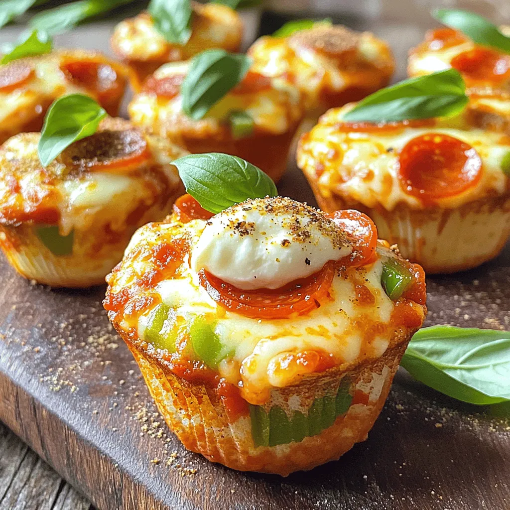 - 2 cups all-purpose flour - 1 tablespoon baking powder - 1 teaspoon garlic powder - ½ teaspoon salt - 1 cup shredded mozzarella cheese - ½ cup pepperoni, diced - ½ cup green bell pepper, finely chopped - ½ cup marinara sauce (plus extra for serving) - 1 cup milk - ⅓ cup olive oil - 1 large egg - Italian seasoning, for garnish To make these deep-dish pizza muffins, gather your ingredients first. Start with the dry ingredients. Flour, baking powder, garlic powder, and salt create the base. Next, add your cheese and toppings. Mozzarella is key for that gooey texture. Diced pepperoni and green bell pepper bring flavor and fun. Now, for the wet ingredients. Milk, olive oil, and egg bind everything together. The combination of these ingredients makes a rich batter. - Standard muffin tin - Mixing bowls - Whisk - Cooking spray or olive oil You will need a standard muffin tin for baking. Mixing bowls help separate the dry and wet ingredients. A whisk makes mixing easy. Don't forget cooking spray or olive oil to grease the muffin tin. This step helps your muffins pop out easily after baking. These simple ingredients and equipment create a delicious snack. For the full recipe, follow the steps I will outline next. - Preheat your oven to 375°F (190°C). - Grease a standard muffin tin with cooking spray or olive oil. - In a large bowl, whisk together the flour, baking powder, garlic powder, and salt. - Fold in the shredded mozzarella cheese, diced pepperoni, and chopped green bell pepper. - In another bowl, mix the milk, olive oil, and egg until smooth. - Gradually pour the wet mixture into the dry ingredients. - Stir gently until just combined; a few lumps are okay. - Spoon the batter into the prepared muffin tins, filling each cup about ¾ full. - Top each muffin with a small dollop of marinara sauce. - Sprinkle Italian seasoning on top. - Bake for 20-25 minutes until golden brown. - A toothpick should come out clean when inserted into the center. - Let the muffins cool for a few minutes before moving them to a wire rack. For the Full Recipe, check the ingredients and cooking steps above. To get the best texture in your Deep-Dish Pizza Muffins, focus on moisture. A good tip is to use fresh ingredients. For instance, fresh cheese melts better and adds more flavor. Mixing too much can ruin your muffins. When you combine the wet and dry ingredients, stir gently. A few lumps are okay. This helps keep your muffins light and fluffy. Serve your muffins warm for the best taste. They should come out of the oven hot. This way, the cheese stays gooey, and the flavors shine. To make your muffins even more special, add fresh basil on top. Not only does it look nice, but it also adds a fresh taste. You can serve them with extra marinara sauce for dipping. This makes each bite even more fun! Check the [Full Recipe] for more details on making these tasty treats. {{image_2}} You can easily change ingredients to fit your taste. For a vegetarian option, swap the pepperoni for your favorite veggies. Try mushrooms, spinach, or olives for a tasty twist. This keeps the muffins hearty while adding color and nutrients. If you need a gluten-free option, simply use gluten-free flour. Many brands work well in this recipe. You might need to adjust liquid amounts slightly, so keep an eye on the batter's texture. To make your Deep-Dish Pizza Muffins even better, think about different cheeses. Cheddar, provolone, or even feta can add unique flavors. Mix and match to find your favorite combination. You can also play with herbs and spices. Adding oregano, basil, or crushed red pepper can boost the flavor. Experiment with what you have on hand. This is a fun way to create your own signature muffin! For the full recipe, check out the details above. To keep your deep-dish pizza muffins fresh, store them in an airtight container. Let the muffins cool down before sealing them. This helps prevent moisture buildup, which can make them soggy. If you have leftovers, they will stay good for about three days. For longer storage, consider freezing them. Use a freezer-safe bag or container to avoid freezer burn. When it’s time to enjoy your muffins again, reheating is easy. The oven method gives the best results. Preheat the oven to 350°F (175°C). Place the muffins on a baking sheet for about 10 minutes. This warms them evenly and keeps them crisp. If you’re in a hurry, you can use the microwave. Heat each muffin for about 30 seconds. Check if it's warm enough, then add more time if needed. The microwave is faster but can make the muffins a bit soft. For the best taste, I recommend the oven! For the full recipe, you can refer to the original cooking guide. Yes, you can freeze Deep-Dish Pizza Muffins. To do this, allow them to cool completely. Wrap each muffin in plastic wrap, then place them in a freezer bag. This keeps them fresh for up to three months. When you’re ready to eat them, just thaw in the fridge overnight. You can reheat them in an oven or microwave. Deep-Dish Pizza Muffins last about five days in the fridge. Store them in an airtight container. This keeps them soft and tasty. If you notice any mold, throw them out immediately. Each muffin has around 200-250 calories. They contain about 10 grams of fat, 25 grams of carbs, and 8 grams of protein. The actual values depend on the specific ingredients you use. They provide a fun and filling snack option. You can find Deep-Dish Pizza Muffins at local bakeries or pizza restaurants. Some cafes may also offer them as part of their menu. If you want to make them at home, check out the Full Recipe for detailed instructions. You’ve learned how to make delicious Deep-Dish Pizza Muffins. We covered key ingredients like flour, cheese, and toppings. I shared tips to keep them moist and tasty. You can customize these muffins to fit your diet, whether vegetarian or gluten-free. Proper storage and reheating can keep them fresh longer. These muffins are fun to make and enjoy. Try them with your favorite toppings or serve them warm. You’ll impress friends and family with this easy recipe. Enjoy every bite!
