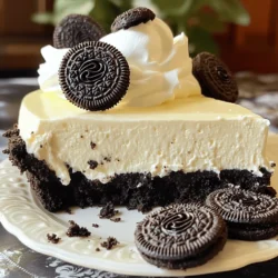 - 24 Oreo cookies, crushed - 1/4 cup unsalted butter, melted - 16 oz cream cheese, softened - 1/2 cup powdered sugar - 1 teaspoon vanilla extract - 2 cups whipped cream (or 1 1/2 cups heavy cream whipped to soft peaks) - 10 Oreo cookies, chopped for filling - Extra Oreo cookies for garnish Quality of ingredients Using fresh, high-quality ingredients makes a big difference. The cream cheese should be soft and at room temperature. This helps it mix smoothly. Always choose good brands of whipped cream for the best texture and taste. Substitutions for dietary needs If you need a gluten-free option, use gluten-free Oreo cookies. For a vegan version, look for plant-based cream cheese and whipped cream. This keeps the flavor while meeting dietary needs. Enjoy the same great taste with these swaps! To make the crust, you need to mix the crushed Oreo cookies with melted butter. Use a medium bowl for this. Stir until the cookies are fully coated in butter. This will help the crust hold together nicely. Next, you need to press this mixture firmly into the bottom of a 9-inch springform pan. Make sure it is even and packed tight. This step gives your cheesecake a solid base. Now, let’s move on to the filling. In a mixing bowl, beat the softened cream cheese until it is smooth and creamy. This step is key for a silky texture. Gradually add the powdered sugar and vanilla extract to the cream cheese. Keep mixing until well combined. This will sweeten the filling and add flavor. Then, gently fold in the whipped cream. This step makes the filling light and fluffy. Be careful not to deflate the whipped cream too much. Finally, stir in the chopped Oreo cookies. This adds a nice crunch to the filling. Now it’s time to put it all together. Pour the cheesecake filling over the prepared crust in the springform pan. Use a spatula to spread it evenly. Cover the cheesecake with plastic wrap. Refrigerate for at least 4 hours, or overnight for the best results. This helps it set properly and makes slicing easier later. Once set, carefully remove the sides of the springform pan. You can now garnish the top with extra Oreo cookies. Use whole or crushed cookies as a fun topping. For the full recipe, check the details provided earlier. Enjoy your delicious No Bake Oreo Cheesecake! To get the best texture for your cheesecake, start with room temperature cream cheese. Cold cream cheese can create lumps, which you don’t want. Let it sit out for about 30 minutes before mixing. It makes a big difference! Next, handle the whipped cream gently. When you fold it into the cream cheese mixture, do it slowly. This keeps your cheesecake light and airy. If you mix too hard, the air bubbles pop, and your cheesecake won’t be as fluffy. Want to save time? Use store-bought whipped cream. It’s quick and easy. Just make sure to get a good quality one for the best taste. You can also prepare the cheesecake a day ahead. This gives the flavors time to blend. Plus, it allows the cheesecake to set up perfectly in the fridge. For a beautiful presentation, serve slices on dessert plates. Add a dollop of whipped cream and a mini Oreo on top. It looks fancy and tastes amazing! Get creative with your decorating. Try drizzling chocolate sauce or adding fresh berries around the cheesecake. These touches can make your dessert even more inviting. Check out the Full Recipe for more details and enjoy making this No Bake Oreo Cheesecake! {{image_2}} You can make this no bake Oreo cheesecake even more fun! Try using different cookie types for the crust. Chocolate chip cookies give a sweet twist. Peanut butter cookies add a nutty flavor that pairs well with cream cheese. You can also infuse the filling with flavors like mint or coffee. Just add a bit of mint extract or espresso powder to the cream cheese mix. This small change creates a whole new dessert experience. If you need gluten-free options, use gluten-free Oreo cookies. They work just as well and keep the same great taste. For those who follow a vegan diet, you can swap the cream cheese with a vegan cream cheese alternative. Use coconut cream or whipped coconut milk in place of the whipped cream. These swaps keep the creamy texture while meeting dietary needs. Want to serve these as mini cheesecakes? It’s simple! Use a muffin tin or small jars to create individual servings. Adjust the crust by using fewer cookies per serving, about 2 to 3 Oreos should do. The filling amount should also be smaller, about 1/4 cup per mini cheesecake. These mini versions only need about 2 to 3 hours to chill. They make a great treat for parties or gatherings. For the full recipe, check out the link provided. To keep your No Bake Oreo Cheesecake fresh, use an airtight container. This helps prevent it from drying out. You can also cover the cheesecake with plastic wrap, ensuring it touches the surface. This keeps moisture in and flavors intact. Store it in the fridge, where it stays cool and tasty. If you want to freeze the cheesecake, slice it first. Wrap each slice in plastic wrap. Then place the slices in a freezer-safe bag. This way, you can enjoy it later. To thaw, move the slices to the fridge. Let them sit for a few hours or overnight for the best results. This keeps the cheesecake creamy and delicious. In the fridge, your cheesecake lasts about 5 days. Always check for signs of spoilage. If it smells off or has a strange texture, it’s best to toss it out. Freshness is key to enjoying this treat. Store it properly, and you can savor it for days! Yes, you can make No Bake Oreo Cheesecake ahead of time. I often prepare it a day before serving. This allows the flavors to blend well. Try to let it chill for at least four hours. For the best taste, overnight is even better. Just cover it tightly to keep it fresh. Yes, there are great alternatives to cream cheese. You can use mascarpone cheese for a milder taste. Greek yogurt works well too, giving a tangy flavor. For a dairy-free option, try cashew cream or coconut cream. Just keep in mind that these substitutes may change the texture a bit. No Bake Oreo Cheesecake can sit out for about two hours. After that, it should go back in the fridge to stay safe. If the room is warm, keep it chilled to avoid spoilage. Always check for any signs of spoilage before serving. Enjoy it cold for the best taste! In this blog post, I covered how to make a No Bake Oreo Cheesecake. We explored the key ingredients, like Oreo cookies and cream cheese. I also shared step-by-step instructions to help you achieve the perfect texture and save time. You can customize this dessert with different flavors or dietary options. Finally, I provided useful storage tips to keep your cheesecake fresh. Enjoy making this delightful treat; it’s simple and delicious. Trust me, everyone will love it!