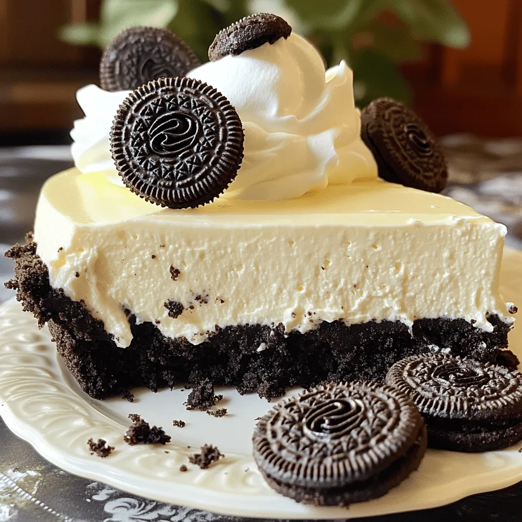 - 24 Oreo cookies, crushed - 1/4 cup unsalted butter, melted - 16 oz cream cheese, softened - 1/2 cup powdered sugar - 1 teaspoon vanilla extract - 2 cups whipped cream (or 1 1/2 cups heavy cream whipped to soft peaks) - 10 Oreo cookies, chopped for filling - Extra Oreo cookies for garnish Quality of ingredients Using fresh, high-quality ingredients makes a big difference. The cream cheese should be soft and at room temperature. This helps it mix smoothly. Always choose good brands of whipped cream for the best texture and taste. Substitutions for dietary needs If you need a gluten-free option, use gluten-free Oreo cookies. For a vegan version, look for plant-based cream cheese and whipped cream. This keeps the flavor while meeting dietary needs. Enjoy the same great taste with these swaps! To make the crust, you need to mix the crushed Oreo cookies with melted butter. Use a medium bowl for this. Stir until the cookies are fully coated in butter. This will help the crust hold together nicely. Next, you need to press this mixture firmly into the bottom of a 9-inch springform pan. Make sure it is even and packed tight. This step gives your cheesecake a solid base. Now, let’s move on to the filling. In a mixing bowl, beat the softened cream cheese until it is smooth and creamy. This step is key for a silky texture. Gradually add the powdered sugar and vanilla extract to the cream cheese. Keep mixing until well combined. This will sweeten the filling and add flavor. Then, gently fold in the whipped cream. This step makes the filling light and fluffy. Be careful not to deflate the whipped cream too much. Finally, stir in the chopped Oreo cookies. This adds a nice crunch to the filling. Now it’s time to put it all together. Pour the cheesecake filling over the prepared crust in the springform pan. Use a spatula to spread it evenly. Cover the cheesecake with plastic wrap. Refrigerate for at least 4 hours, or overnight for the best results. This helps it set properly and makes slicing easier later. Once set, carefully remove the sides of the springform pan. You can now garnish the top with extra Oreo cookies. Use whole or crushed cookies as a fun topping. For the full recipe, check the details provided earlier. Enjoy your delicious No Bake Oreo Cheesecake! To get the best texture for your cheesecake, start with room temperature cream cheese. Cold cream cheese can create lumps, which you don’t want. Let it sit out for about 30 minutes before mixing. It makes a big difference! Next, handle the whipped cream gently. When you fold it into the cream cheese mixture, do it slowly. This keeps your cheesecake light and airy. If you mix too hard, the air bubbles pop, and your cheesecake won’t be as fluffy. Want to save time? Use store-bought whipped cream. It’s quick and easy. Just make sure to get a good quality one for the best taste. You can also prepare the cheesecake a day ahead. This gives the flavors time to blend. Plus, it allows the cheesecake to set up perfectly in the fridge. For a beautiful presentation, serve slices on dessert plates. Add a dollop of whipped cream and a mini Oreo on top. It looks fancy and tastes amazing! Get creative with your decorating. Try drizzling chocolate sauce or adding fresh berries around the cheesecake. These touches can make your dessert even more inviting. Check out the Full Recipe for more details and enjoy making this No Bake Oreo Cheesecake! {{image_2}} You can make this no bake Oreo cheesecake even more fun! Try using different cookie types for the crust. Chocolate chip cookies give a sweet twist. Peanut butter cookies add a nutty flavor that pairs well with cream cheese. You can also infuse the filling with flavors like mint or coffee. Just add a bit of mint extract or espresso powder to the cream cheese mix. This small change creates a whole new dessert experience. If you need gluten-free options, use gluten-free Oreo cookies. They work just as well and keep the same great taste. For those who follow a vegan diet, you can swap the cream cheese with a vegan cream cheese alternative. Use coconut cream or whipped coconut milk in place of the whipped cream. These swaps keep the creamy texture while meeting dietary needs. Want to serve these as mini cheesecakes? It’s simple! Use a muffin tin or small jars to create individual servings. Adjust the crust by using fewer cookies per serving, about 2 to 3 Oreos should do. The filling amount should also be smaller, about 1/4 cup per mini cheesecake. These mini versions only need about 2 to 3 hours to chill. They make a great treat for parties or gatherings. For the full recipe, check out the link provided. To keep your No Bake Oreo Cheesecake fresh, use an airtight container. This helps prevent it from drying out. You can also cover the cheesecake with plastic wrap, ensuring it touches the surface. This keeps moisture in and flavors intact. Store it in the fridge, where it stays cool and tasty. If you want to freeze the cheesecake, slice it first. Wrap each slice in plastic wrap. Then place the slices in a freezer-safe bag. This way, you can enjoy it later. To thaw, move the slices to the fridge. Let them sit for a few hours or overnight for the best results. This keeps the cheesecake creamy and delicious. In the fridge, your cheesecake lasts about 5 days. Always check for signs of spoilage. If it smells off or has a strange texture, it’s best to toss it out. Freshness is key to enjoying this treat. Store it properly, and you can savor it for days! Yes, you can make No Bake Oreo Cheesecake ahead of time. I often prepare it a day before serving. This allows the flavors to blend well. Try to let it chill for at least four hours. For the best taste, overnight is even better. Just cover it tightly to keep it fresh. Yes, there are great alternatives to cream cheese. You can use mascarpone cheese for a milder taste. Greek yogurt works well too, giving a tangy flavor. For a dairy-free option, try cashew cream or coconut cream. Just keep in mind that these substitutes may change the texture a bit. No Bake Oreo Cheesecake can sit out for about two hours. After that, it should go back in the fridge to stay safe. If the room is warm, keep it chilled to avoid spoilage. Always check for any signs of spoilage before serving. Enjoy it cold for the best taste! In this blog post, I covered how to make a No Bake Oreo Cheesecake. We explored the key ingredients, like Oreo cookies and cream cheese. I also shared step-by-step instructions to help you achieve the perfect texture and save time. You can customize this dessert with different flavors or dietary options. Finally, I provided useful storage tips to keep your cheesecake fresh. Enjoy making this delightful treat; it’s simple and delicious. Trust me, everyone will love it!