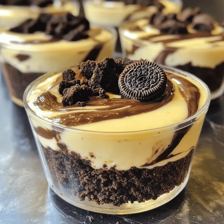 To make Oreo no-bake cheesecake cups, you need simple ingredients. Here’s what you will need: - 1 ½ cups Oreo cookie crumbs - 5 tablespoons unsalted butter, melted - 2 cups cream cheese, softened - 1 cup powdered sugar - 1 teaspoon vanilla extract - 1 cup heavy whipping cream - 10 Oreo cookies, chopped (for mixing in) - Extra Oreos for garnish These ingredients come together to create a creamy and delightful treat. The Oreo cookie crumbs give a rich base, while the cream cheese adds that smooth texture. Don't skip the heavy whipping cream; it makes the filling light and fluffy. The chopped Oreos mixed in add extra flavor and crunch. Use extra Oreos to top off your cups for a fun finish. For the full recipe, check out the detailed instructions in the [Full Recipe]. This will help you create the best Oreo no-bake cheesecake cups! To start, gather your Oreo cookie crumbs and melted butter. In a medium bowl, combine the crumbs with the butter. Mix until the crumbs look like wet sand. This step is key for a tasty crust. Next, divide the mixture evenly into your serving cups. Press it down firmly to form a solid base. Chill the cups in the refrigerator for about 15 minutes. This helps the crust set well. Now, let’s make the filling. In a large mixing bowl, beat the softened cream cheese with an electric mixer. Aim for a smooth and creamy texture. Once it’s ready, gradually add the powdered sugar and vanilla extract. Mix until everything is well combined. This step gives your cheesecake a sweet and rich flavor. Next, we whip the heavy cream. Use a clean bowl and whip until stiff peaks form. This means the cream will hold its shape well. Now, gently fold the whipped cream into the cream cheese mixture. Be careful not to deflate the whipped cream. After that, fold in the chopped Oreos until they are evenly mixed. Now, spoon the cheesecake mixture over the chilled crust in each cup. Fill them to the top and smooth the surface with a spatula. Finally, chill the cups for at least four hours. This waiting time allows the flavors to blend and the cheesecake to set perfectly. For a fun touch, garnish each cup with a crushed Oreo before serving. Enjoy your creamy delight! You can find the Full Recipe for all the steps and tips. To get the best texture for your Oreo no-bake cheesecake cups, start with softened cream cheese. Beat it until it's smooth and creamy. Use an electric mixer for this. It helps mix the cream cheese well. Next, whip the heavy cream until stiff peaks form. This means you can lift the whisk, and the cream stands up tall. Gently fold the whipped cream into the cream cheese mixture. Be careful not to mix too hard. You want it light and fluffy. Chilling time is very important. After you assemble your cups, chill them for at least four hours. This allows the flavors to blend and the cheesecake to set. If you skip this step, your cheesecake may be too runny. Make your cheesecake cups look great with some fun garnishes! You can crush extra Oreos and sprinkle them on top. You can also add whipped cream for a fancy touch. Fresh berries like raspberries or strawberries add color and flavor. For serving, these cups are great for parties or family gatherings. You can place them on a tray or a dessert table. They are also perfect for a movie night or a cozy dinner. Just remember, these treats are easy to grab and eat. For the full recipe with detailed instructions, check out the [Full Recipe]. {{image_2}} You can easily change the flavor of your Oreo no-bake cheesecake cups. One fun option is to add cocoa powder. This makes a rich chocolate version that chocolate lovers will adore. Start with two tablespoons of cocoa powder mixed into the cream cheese. Blend it well for a smooth texture. You can also incorporate fruit flavors or extracts. Try adding lemon extract for a zesty twist. A few tablespoons of strawberry or raspberry puree can bring a fruity burst. Mix these flavors into your cheesecake filling for a fresh and vibrant taste. If you want a change from Oreos, use different cookies for the base. Try chocolate wafer cookies for a similar taste. Vanilla wafers can offer a lighter flavor. Just crush them the same way as Oreos. For those needing gluten-free options, use gluten-free chocolate cookies. They work great as a base and still provide that crunchy texture. This way, everyone can enjoy your creamy dessert! To keep your Oreo no-bake cheesecake cups fresh, store them in the fridge. Place them in an airtight container. This will help prevent any odors from mixing in. If you have leftovers, make sure to cover them tightly with plastic wrap. This keeps moisture in and flavors intact. Use small containers if you have extra cups. This helps save space and keeps them organized. Yes, you can freeze Oreo no-bake cheesecake cups! They freeze well and can last up to three months. Just be sure to wrap each cup tightly in plastic wrap. Then, place them in a freezer-safe bag or container. When you are ready to eat them, move them to the fridge overnight to defrost. This slow thaw helps keep the texture creamy and smooth. Enjoy your delightful treat whenever you want! Oreo no-bake cheesecake cups can last in the fridge for up to five days. Make sure to keep them covered to avoid drying out. If you want to keep them longer, you can freeze them for up to two months. Just remember to thaw them in the fridge before serving. Yes, you can use low-fat cream cheese. It will change the texture slightly. The cheesecake may not be as rich, but it will still taste great. Just ensure it is softened before mixing for the best results. You can use coconut cream or a non-dairy whipped topping as a substitute. These options work well and can still give you that creamy texture. However, the flavor may differ slightly, so choose what suits your taste. Absolutely! These cheesecake cups are perfect for making ahead. You can prepare them a day or two in advance. Just follow the Full Recipe for best results. This way, you can save time and enjoy them fresh without the rush. To recap, this guide walks you through making delicious Oreo no-bake cheesecake cups. You learned about the key ingredients and followed simple steps for preparation, filling, and assembly. I shared tips for perfect texture and presentation, along with variations to try. Remember to store your treats properly and explore the FAQs for more details. Enjoy creating these delightful cheesecake cups and impress your friends and family with your skills!