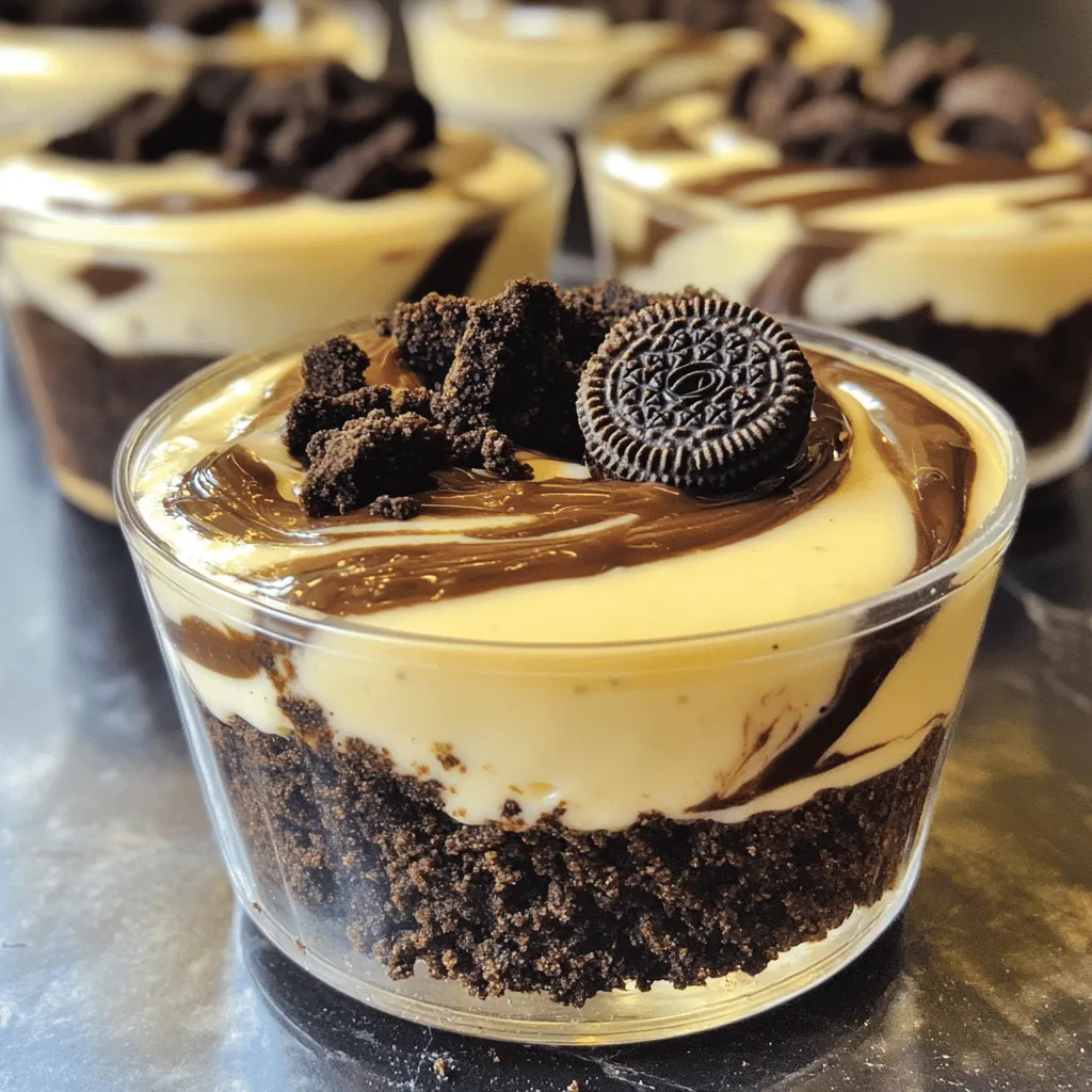To make Oreo no-bake cheesecake cups, you need simple ingredients. Here’s what you will need: - 1 ½ cups Oreo cookie crumbs - 5 tablespoons unsalted butter, melted - 2 cups cream cheese, softened - 1 cup powdered sugar - 1 teaspoon vanilla extract - 1 cup heavy whipping cream - 10 Oreo cookies, chopped (for mixing in) - Extra Oreos for garnish These ingredients come together to create a creamy and delightful treat. The Oreo cookie crumbs give a rich base, while the cream cheese adds that smooth texture. Don't skip the heavy whipping cream; it makes the filling light and fluffy. The chopped Oreos mixed in add extra flavor and crunch. Use extra Oreos to top off your cups for a fun finish. For the full recipe, check out the detailed instructions in the [Full Recipe]. This will help you create the best Oreo no-bake cheesecake cups! To start, gather your Oreo cookie crumbs and melted butter. In a medium bowl, combine the crumbs with the butter. Mix until the crumbs look like wet sand. This step is key for a tasty crust. Next, divide the mixture evenly into your serving cups. Press it down firmly to form a solid base. Chill the cups in the refrigerator for about 15 minutes. This helps the crust set well. Now, let’s make the filling. In a large mixing bowl, beat the softened cream cheese with an electric mixer. Aim for a smooth and creamy texture. Once it’s ready, gradually add the powdered sugar and vanilla extract. Mix until everything is well combined. This step gives your cheesecake a sweet and rich flavor. Next, we whip the heavy cream. Use a clean bowl and whip until stiff peaks form. This means the cream will hold its shape well. Now, gently fold the whipped cream into the cream cheese mixture. Be careful not to deflate the whipped cream. After that, fold in the chopped Oreos until they are evenly mixed. Now, spoon the cheesecake mixture over the chilled crust in each cup. Fill them to the top and smooth the surface with a spatula. Finally, chill the cups for at least four hours. This waiting time allows the flavors to blend and the cheesecake to set perfectly. For a fun touch, garnish each cup with a crushed Oreo before serving. Enjoy your creamy delight! You can find the Full Recipe for all the steps and tips. To get the best texture for your Oreo no-bake cheesecake cups, start with softened cream cheese. Beat it until it's smooth and creamy. Use an electric mixer for this. It helps mix the cream cheese well. Next, whip the heavy cream until stiff peaks form. This means you can lift the whisk, and the cream stands up tall. Gently fold the whipped cream into the cream cheese mixture. Be careful not to mix too hard. You want it light and fluffy. Chilling time is very important. After you assemble your cups, chill them for at least four hours. This allows the flavors to blend and the cheesecake to set. If you skip this step, your cheesecake may be too runny. Make your cheesecake cups look great with some fun garnishes! You can crush extra Oreos and sprinkle them on top. You can also add whipped cream for a fancy touch. Fresh berries like raspberries or strawberries add color and flavor. For serving, these cups are great for parties or family gatherings. You can place them on a tray or a dessert table. They are also perfect for a movie night or a cozy dinner. Just remember, these treats are easy to grab and eat. For the full recipe with detailed instructions, check out the [Full Recipe]. {{image_2}} You can easily change the flavor of your Oreo no-bake cheesecake cups. One fun option is to add cocoa powder. This makes a rich chocolate version that chocolate lovers will adore. Start with two tablespoons of cocoa powder mixed into the cream cheese. Blend it well for a smooth texture. You can also incorporate fruit flavors or extracts. Try adding lemon extract for a zesty twist. A few tablespoons of strawberry or raspberry puree can bring a fruity burst. Mix these flavors into your cheesecake filling for a fresh and vibrant taste. If you want a change from Oreos, use different cookies for the base. Try chocolate wafer cookies for a similar taste. Vanilla wafers can offer a lighter flavor. Just crush them the same way as Oreos. For those needing gluten-free options, use gluten-free chocolate cookies. They work great as a base and still provide that crunchy texture. This way, everyone can enjoy your creamy dessert! To keep your Oreo no-bake cheesecake cups fresh, store them in the fridge. Place them in an airtight container. This will help prevent any odors from mixing in. If you have leftovers, make sure to cover them tightly with plastic wrap. This keeps moisture in and flavors intact. Use small containers if you have extra cups. This helps save space and keeps them organized. Yes, you can freeze Oreo no-bake cheesecake cups! They freeze well and can last up to three months. Just be sure to wrap each cup tightly in plastic wrap. Then, place them in a freezer-safe bag or container. When you are ready to eat them, move them to the fridge overnight to defrost. This slow thaw helps keep the texture creamy and smooth. Enjoy your delightful treat whenever you want! Oreo no-bake cheesecake cups can last in the fridge for up to five days. Make sure to keep them covered to avoid drying out. If you want to keep them longer, you can freeze them for up to two months. Just remember to thaw them in the fridge before serving. Yes, you can use low-fat cream cheese. It will change the texture slightly. The cheesecake may not be as rich, but it will still taste great. Just ensure it is softened before mixing for the best results. You can use coconut cream or a non-dairy whipped topping as a substitute. These options work well and can still give you that creamy texture. However, the flavor may differ slightly, so choose what suits your taste. Absolutely! These cheesecake cups are perfect for making ahead. You can prepare them a day or two in advance. Just follow the Full Recipe for best results. This way, you can save time and enjoy them fresh without the rush. To recap, this guide walks you through making delicious Oreo no-bake cheesecake cups. You learned about the key ingredients and followed simple steps for preparation, filling, and assembly. I shared tips for perfect texture and presentation, along with variations to try. Remember to store your treats properly and explore the FAQs for more details. Enjoy creating these delightful cheesecake cups and impress your friends and family with your skills!