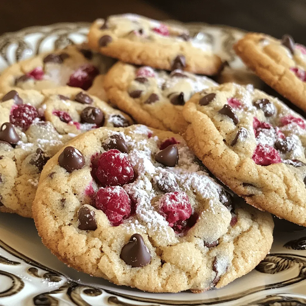 To make raspberry chocolate chip cookies, you need the following ingredients: - 1 cup unsalted butter, softened - 1 cup brown sugar, packed - 1/2 cup granulated sugar - 2 large eggs - 2 teaspoons vanilla extract - 3 cups all-purpose flour - 1 teaspoon baking soda - 1/2 teaspoon salt - 1 cup semi-sweet chocolate chips - 1 cup fresh raspberries (lightly mashed) Choosing good ingredients makes a big difference in your cookies. Use fresh raspberries for the best flavor. Look for butter that is creamy and soft, not hard. For sugar, choose brown sugar that is moist. This helps your cookies stay chewy. Also, pick good chocolate chips. High-quality chocolate adds more taste to each bite. If you have allergies or follow special diets, there are great swaps. For butter, use coconut oil or vegan butter. Instead of eggs, try using flaxseed meal mixed with water. Use 1 tablespoon of flaxseed meal with 2.5 tablespoons of water for each egg. For those avoiding gluten, you can use a gluten-free flour blend. This way, everyone can enjoy these tasty cookies! For the complete recipe, check out the Full Recipe. To make raspberry chocolate chip cookies, first gather your ingredients. Preheat the oven to 350°F (175°C). Line two baking sheets with parchment paper. This keeps cookies from sticking. In a large bowl, cream together softened butter, brown sugar, and granulated sugar. Mix until light and fluffy. This step is key for a soft cookie. Next, add the eggs one at a time. Mix well after each addition. Then stir in the vanilla extract. In a different bowl, whisk together flour, baking soda, and salt. Gradually add this dry mix to the wet mixture. Stir until just combined. Overmixing can lead to tough cookies, so be gentle. Now, gently fold in the semi-sweet chocolate chips and lightly mashed fresh raspberries. Make sure they are evenly spread in the dough. Use a cookie scoop or tablespoon to drop mounds of dough onto the baking sheets. Space them about 2 inches apart for even baking. Mixing is crucial for the right cookie texture. Creaming butter and sugar well adds air. This gives the cookies a lighter feel. Use a hand mixer or stand mixer for best results. When adding the eggs, mix briefly just to combine. When adding dry ingredients, stir slowly. Use a spatula or wooden spoon. This prevents overmixing. Folding in chocolate chips and raspberries should be done with care. This keeps the berries intact and adds a nice look. Bake your cookies in the preheated oven for 10-12 minutes. Look for golden-brown edges and slightly underbaked centers. They will continue to cook after you remove them. Let them cool on the baking sheets for 5 minutes. This helps them set. Then, transfer the cookies to a wire rack to cool completely. This keeps them from getting soggy. For a fun presentation, arrange the cookies on a decorative plate. Dust with powdered sugar and add whole raspberries for a colorful touch. Enjoy your delicious treats! For the full recipe, refer to the details above. When making raspberry chocolate chip cookies, some common mistakes can ruin your batch. First, be careful not to overmix the dough. Mixing too much makes cookies tough. Second, do not skip the resting time for the dough. Letting it rest for 30 minutes helps flavors blend. Lastly, avoid using too many raspberries. Too many can make the dough too wet. To get the right texture, use room-temperature butter. Softened butter mixes better and gives a nice lift. Also, don’t forget to measure your flour correctly. Too much flour makes cookies dry. Use the spoon-and-level method. Spoon flour into the cup and level it off. This method gives you a soft, chewy cookie that you will love. You can boost flavor by adding a pinch of cinnamon or salt. This small tweak brings out the sweetness. If you want a twist, try using different chocolate types. Dark chocolate or white chocolate chips can change the taste. You can also add chopped nuts for crunch. Each addition makes your cookies unique, fun, and delicious. For the full recipe, check the above section. Enjoy baking! {{image_2}} You can easily switch the chocolate chips in this recipe. Dark chocolate adds a rich, bold flavor. Milk chocolate gives a sweet and creamy taste. White chocolate brings a sweet, smooth touch. Each type will change the flavor and make your cookies unique. Feel free to mix and match. You can even use a blend for extra fun! Want to add more texture and flavor? Consider nuts or coconut. Chopped walnuts or pecans add crunch. Toasted coconut flakes give a tropical twist. Just fold in about half a cup of your choice when mixing in the chocolate and raspberries. This change will make your cookies even more delicious and exciting! If you need a vegan or gluten-free option, you can adapt this recipe. For vegan cookies, swap the butter for coconut oil or vegan butter. Replace eggs with flaxseed meal or applesauce. For a gluten-free version, use a gluten-free flour blend instead of all-purpose flour. Both options keep the cookies tasty and moist. Enjoy these fun twists on raspberry chocolate chip cookies! Check out the Full Recipe for more details on how to make these yummy treats. Store your raspberry chocolate chip cookies in an airtight container. This helps keep them soft and fresh. Layer parchment paper between the cookies to prevent sticking. Keep them at room temperature for up to a week. If you want to store them longer, consider freezing. Freezing cookies is easy! First, let them cool completely. Then, place them in a single layer on a baking sheet. Freeze for about two hours. Once they are hard, transfer them to a freezer bag. Remove any air before sealing. Cookies can last for up to three months in the freezer. To reheat your cookies, preheat the oven to 350°F. Place cookies on a baking sheet. Heat for about 5-7 minutes. This warms them up and revives the soft texture. You can also use the microwave. Heat each cookie for 10-15 seconds. Enjoy your warm, tasty treat again! To store raspberry chocolate chip cookies, place them in an airtight container. This keeps them fresh. You can also add a slice of bread in the container. The bread helps keep cookies soft. Store them at room temperature for up to one week. If you want them to last longer, freeze them. Yes, you can use frozen raspberries in this recipe. Just make sure to thaw them first. Pat them dry to remove extra moisture. This prevents the dough from getting too wet. The flavor will still be great, and your cookies will taste delicious. To soften butter quickly, cut it into small cubes. Place the cubes in a bowl. Let them sit at room temperature for about 10-15 minutes. You can also microwave it for a few seconds. Just be careful not to melt it. Soft butter mixes better with sugar in the recipe. You can tell the cookies are done by looking at the edges. They should be golden brown. The centers may look slightly underbaked. This is okay, as they will continue to bake on the sheet. Let them cool on the baking sheet for a few minutes. Then transfer them to a wire rack. Enjoy your cookies from the full recipe! This article covered all key aspects of baking raspberry chocolate chip cookies. You learned about ingredient choices and how to store your cookies properly. I also shared tips to avoid common mistakes and enhance flavors. The step-by-step guide helps ensure your baking success. Remember, experimenting with variations can make your cookies even more exciting. With the right techniques, you’ll enjoy perfect cookies every time. Happy baking!