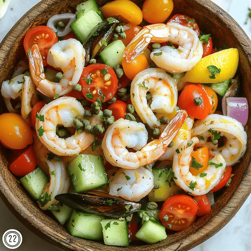 - 200g cooked shrimp, peeled and deveined - 200g calamari rings, blanched - 150g mussels, cleaned and pre-cooked Seafood is the star in this dish. I love using shrimp for its sweet flavor. Calamari adds a nice chewy texture. Mussels bring a briny taste that enhances the salad. Always choose fresh seafood for the best results. - 150g cherry tomatoes, halved - 1 cucumber, diced - 1 red bell pepper, finely chopped - 1 small red onion, thinly sliced Next, we need fresh veggies. Cherry tomatoes add a burst of color and sweetness. Cucumbers give a crisp crunch. Red bell peppers bring a hint of sweetness too. The red onion adds a nice bite. All these veggies keep the salad light and refreshing. - Juice of 1 lemon - 3 tablespoons olive oil - 2 tablespoons capers, rinsed - Salt and pepper to taste - Fresh parsley, chopped (for garnish) For seasoning, lemon juice brightens the flavors. Olive oil adds richness and smoothness. Capers provide a tangy kick. I recommend salt and pepper to taste, as they enhance all the flavors. Fresh parsley gives a pop of color and freshness. For the full recipe, check the Mediterranean Mariner's Seafood Salad. First, let’s prepare the seafood. I like to use a mix of shrimp, calamari, and mussels. These seafood types create a great balance in texture and flavor. You want to combine 200g of cooked shrimp, 200g of blanched calamari rings, and 150g of cleaned mussels in a large bowl. Why is freshness important? Fresh seafood tastes better. It also has a better texture. Always choose seafood that smells clean and looks bright. Avoid any seafood that seems dull or has an off odor. Next, we will add fresh veggies. I use cherry tomatoes, cucumber, red bell pepper, and red onion for this salad. Chop the tomatoes in half, dice the cucumber, finely chop the bell pepper, and thinly slice the onion. Mix these chopped veggies with the seafood. This way, you get a wonderful burst of color and flavor in every bite. It’s important to mix gently to keep the seafood intact. Now it's time to dress the salad. I like to sprinkle 2 tablespoons of capers over the seafood and veggies. Then, pour the juice of one lemon and 3 tablespoons of olive oil on top. Season with salt and pepper to taste. After seasoning, mix everything gently with a spatula. This keeps the seafood from breaking. Cover the bowl with plastic wrap and let it chill in the fridge for at least 30 minutes. This chill time allows the flavors to blend together beautifully. You can find the Full Recipe for more details on creating this dish. When choosing seafood, I prefer fresh over frozen. Fresh seafood tastes better and has a firm texture. However, frozen seafood can be a good choice. It is often frozen right after being caught, which retains its flavor. Always check the labels for freshness dates. Seasonal seafood is also key. In summer, you may find shrimp and mussels at their best. In winter, opt for sturdy options like calamari. Local markets often have the freshest seasonal picks. To boost flavor, I love using different dressings. A simple vinaigrette of olive oil and lemon juice works wonders. For a twist, try a yogurt-based dressing with herbs. It adds creaminess and tang. Herbs are also vital. Fresh parsley adds brightness. You can also use basil or dill for a unique taste. Experiment with these to find your favorite flavor combo. When serving, I like to arrange the salad on a large platter. This makes it look festive and inviting. You can also use individual bowls for each guest. Garnishing is fun! I recommend adding lemon wedges or extra parsley on top. This not only looks pretty but also adds fresh flavor. For a pop of color, you can sprinkle some chili flakes or microgreens. Check out the Full Recipe for more details on creating this delightful dish! {{image_2}} You can make your seafood salad even better with fresh greens. Adding arugula or spinach gives it a nice peppery taste. These greens add color and extra nutrients. If you want some crunch, try using diced bell peppers or radishes. They bring a delightful snap to each bite. Feel free to mix up the seafood in your salad. You can substitute shrimp with crab or add scallops for a new twist. Each type of seafood brings its own flavor. In Italy, you might find variations that include octopus or anchovies. These regional twists can really change the dish! When serving your seafood salad, think about good sides. A light, crunchy bread pairs well with it. You could also serve it with a simple green salad. For drinks, a crisp white wine or sparkling water works best. These drinks enhance the fresh flavors of the salad. For a full recipe, check out the Mediterranean Mariner's Seafood Salad! To keep your seafood salad fresh, store it in an airtight container. This prevents air from spoiling the flavors. Make sure to place it in the fridge right after serving. Try to eat it within two days for the best taste. If you want to freeze it, note that seafood can change texture. Freeze in small portions. When ready to eat, thaw in the fridge overnight. In the fridge, seafood salad lasts for about two days. If you notice any off smells or a slimy texture, it's time to toss it. Fresh ingredients are key, so check the salad closely before eating. There are many fun ways to use leftover seafood salad. You can mix it into pasta for a quick meal. Another idea is to stuff it in a wrap with fresh greens. Try adding it on top of a baked potato for a tasty twist. Get creative and enjoy your delicious seafood salad in new ways! For the full recipe, check the Mediterranean Mariner's Seafood Salad. Italian seafood salad is a bright and tasty dish. It features fresh seafood and veggies. Traditional components include shrimp, calamari, and mussels. You can also add cherry tomatoes and cucumbers. The salad often has a light dressing made of lemon juice and olive oil. This mix of flavors creates a refreshing treat perfect for any meal. Yes, you can make seafood salad ahead of time! This dish is great for meal prep. I suggest preparing it a few hours before you serve it. This way, the flavors blend well. Just keep it in the fridge, covered with plastic wrap. Chilling for 30 minutes is key, but the longer, the better! You can use many types of seafood in your salad. Besides shrimp, calamari, and mussels, try scallops or crab meat. If you want a twist, smoked salmon adds a nice flavor. When choosing seafood, always pick fresh or frozen options. This ensures a tasty and safe meal. For more ideas, check the Full Recipe for ideas on seafood combinations. This blog post covered how to make a delicious seafood salad. We explored key ingredients like shrimp, calamari, and fresh veggies. You learned how to combine and season them for the best flavor. I shared tips for choosing fresh seafood and creative ways to store your leftovers. Remember, seafood salad is flexible. You can tweak it to match your taste. Enjoy the process, involve fresh ingredients, and share this dish with friends. Happy cooking, and see you next time!