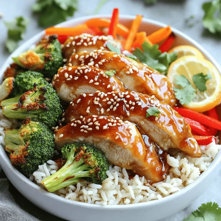To create a tasty hot honey chicken bowl, you need the right ingredients. Here’s what you will need: - 2 boneless, skinless chicken breasts - 1 cup cooked jasmine rice - 1 cup broccoli florets - 1 red bell pepper, sliced - 1 medium carrot, julienned - 2 tablespoons olive oil - 3 tablespoons hot honey (store-bought or homemade) - 1 tablespoon soy sauce - 1 teaspoon garlic powder - 1 teaspoon onion powder - Salt and pepper to taste - Sesame seeds for garnish - Fresh cilantro, chopped, for garnish These ingredients work together to give you a balanced meal. The chicken provides protein, while the veggies add vitamins. The rice acts as a great base. You can choose between homemade hot honey and store-bought. Benefits of homemade hot honey: - You control the heat level. - You can use your preferred honey type. - It’s fresh and free from preservatives. Tips for choosing store-bought hot honey: - Look for brands that use natural ingredients. - Check the heat level on the label. - Choose one with no artificial flavors. Opting for homemade hot honey can make your bowl stand out. However, store-bought is convenient when you're short on time. Knowing the nutritional content helps you make informed choices. Caloric content per serving: - Approximately 500 calories per bowl. Macronutrient breakdown: - Protein: 30 grams - Carbohydrates: 50 grams - Fat: 15 grams These numbers can vary based on your ingredients. Always check your specific items to ensure accuracy. Enjoy your hot honey chicken bowls without guilt, knowing they are packed with flavor and nutrients. For the complete recipe, check out the Full Recipe section. To start, you need to create the marinade. In a small bowl, mix the hot honey, soy sauce, garlic powder, onion powder, salt, and pepper. This mixture adds flavor and a touch of sweetness. Next, put the chicken breasts in a resealable bag or a shallow dish. Pour the marinade over the chicken. Make sure the chicken is well coated. Let it marinate for at least 15-30 minutes. If you have time, marinating overnight in the fridge gives even more flavor. When you're ready to cook, preheat your oven to 400°F (200°C). While the oven heats, prepare the vegetables. Toss the broccoli, red bell pepper, and carrot in a bowl with olive oil, salt, and pepper. Spread them evenly on a baking sheet. Once the chicken is marinated, place it on another baking sheet. Roast both the chicken and vegetables in the oven for about 20-25 minutes. Check that the chicken reaches an internal temperature of 165°F (75°C). The vegetables should be tender and bright. Now, it's time to assemble your bowls. Start with a base of jasmine rice. It’s fluffy and pairs well with the chicken. Top the rice with sliced chicken and the roasted vegetables. Drizzle some extra hot honey over the top for added sweetness and heat. For the finishing touch, garnish with sesame seeds and chopped cilantro. This adds flavor and a nice pop of color. Enjoy your delicious Hot Honey Chicken Bowls! For the complete recipe, refer to the Full Recipe section. To make your hot honey chicken really shine, marination is key. Marinate your chicken for at least 15 minutes. For more flavor, aim for a few hours or overnight. This helps the chicken absorb all those tasty spices and hot honey. Use a resealable bag for easy coating and cleanup. When cooking, keep the heat steady. Roast your chicken at 400°F (200°C). This temperature cooks the chicken evenly. Make sure to check the internal temperature. It should reach 165°F (75°C) to be safe to eat. Let the chicken rest for a few minutes before slicing. This keeps it juicy. Hot honey chicken bowls are great with various sides. Serve them with jasmine rice as a base. You can also add a fresh salad or pickled veggies for crunch. Roasted sweet potatoes or corn can complement the meal nicely. For drinks, iced tea or lemonade works well. If you like beer, try a light lager. You might also enjoy a spicy dipping sauce on the side. It adds extra heat and flavor. One big mistake is overcooking the chicken. This can make it dry and tough. Always check the temperature with a meat thermometer. Another mistake is skipping the marination step. Without marination, the chicken will lack flavor. Take the time to let it soak in the marinade. It makes a world of difference. For the full recipe, check out the Hot Honey Chicken Bowls section above. {{image_2}} You can switch up the protein in your hot honey chicken bowls. Try using tofu for a tasty vegan option. Shrimp also works well, adding a nice seafood twist. Each protein brings its own flavor. You can also change the vegetables. Instead of broccoli, try snap peas or zucchini. You can even add corn for some sweetness. Each veggie gives a new texture and flavor. To make your dish even better, experiment with spices. Add smoked paprika for a smoky taste. You can also try cumin for warmth. A pinch of cayenne pepper adds extra heat. Another fun idea is to use different types of honey. Clover honey is sweet and mild. If you like strong flavors, try orange blossom honey. Each honey adds a unique twist. Making this dish gluten-free is easy. Just use tamari instead of soy sauce. This swap keeps all the flavor without gluten. For a vegan version, swap chicken for chickpeas or tempeh. Use maple syrup instead of hot honey. This keeps it sweet and delicious while being plant-based. If you’re watching carbs, try cauliflower rice instead of jasmine rice. This keeps your meal light yet filling. You can enjoy hot honey chicken bowls in many ways! To keep your Hot Honey Chicken Bowls fresh, store them in airtight containers. Let the bowls cool to room temperature before sealing. This helps reduce moisture, which can lead to sogginess. When stored properly, your leftovers can last up to three days in the fridge. When you’re ready to enjoy your leftovers, reheat the chicken and rice in the microwave. Use a microwave-safe dish and cover it with a lid or a damp paper towel. This keeps moisture in and prevents the chicken from drying out. For the vegetables, consider reheating them in a skillet over low heat. This method helps avoid mushy textures. Stir occasionally until heated through. If you want to save a meal for later, you can freeze the assembled bowls. Use freezer-safe containers and leave some space at the top to allow for expansion. For best results, freeze the bowls without the garnishes. When you’re ready to eat, thaw the bowl in the fridge overnight. Reheat it in the microwave or oven until hot. Enjoy your Hot Honey Chicken Bowls anytime, even after freezing. You can tell if chicken is cooked by checking its internal temperature. The safe temperature is 165°F (75°C). Use a meat thermometer to ensure accuracy. If you do not have one, cut into the chicken. The meat should be opaque and the juices should run clear. Yes, you can prepare hot honey chicken bowls in advance. Cook the chicken and veggies ahead of time. Store them in the fridge for up to three days. You can also marinate the chicken a day before cooking for extra flavor. Just assemble the bowls when you’re ready to eat. I recommend using jasmine rice for hot honey chicken bowls. It has a lovely aroma and pairs well with the dish. Brown rice is another good option if you want more fiber. Other varieties like basmati or white rice can work too, but jasmine is my favorite. You can buy hot honey at many grocery stores or online. Look in the condiment aisle. If you want to make your own, mix honey with chili flakes or hot sauce. This way, you can control the heat level to fit your taste. To add more heat, you can include spicy ingredients. Try adding sliced jalapeños or a dash of cayenne pepper. You can also use spicy sauces like sriracha or chili paste. Experiment with these options to find your perfect level of spice. This article covered how to make tasty hot honey chicken bowls. We discussed key ingredients, homemade hot honey tips, and nutritional info. I shared step-by-step cooking instructions, plus helpful tips to perfect your dish. You learned about variations and how to store leftovers. Hot honey chicken bowls are easy to make and fun to customize. With the right techniques, you’ll enjoy a delicious meal that satisfies your taste buds. Enjoy experimenting with flavors, and don’t be afraid to make it your own!