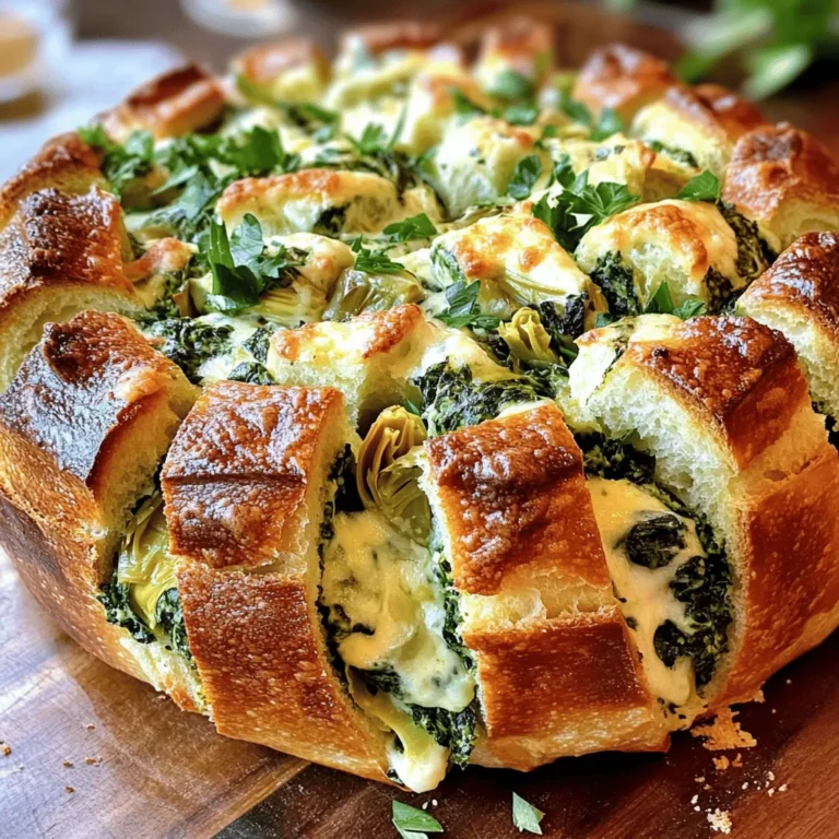 - 1 large round loaf of sourdough bread - 2 cups fresh spinach, roughly chopped - 1 cup canned artichoke hearts, drained and chopped - 1 cup cream cheese, softened - 1 cup shredded mozzarella cheese - ½ cup grated Parmesan cheese - 3 cloves garlic, minced - 2 tablespoons mayonnaise - 1 teaspoon lemon juice - ½ teaspoon red pepper flakes (optional) - Salt and pepper to taste - Fresh parsley, chopped (for garnish) You can customize this recipe to fit your taste. For instance, you can add extra garlic for a stronger flavor. You might also want to include sun-dried tomatoes or olives for a twist. If you want a dairy-free option, use vegan cream cheese and dairy-free mozzarella. These swaps keep the dish creamy and delicious. For a gluten-free alternative, use gluten-free bread. Just ensure it is sturdy enough to hold the filling. You won’t lose any of the fun or flavor with these changes. Check out the Full Recipe for more details. First, preheat your oven to 350°F (175°C). This step warms the oven for even cooking. Next, gather your baking tools. You will need a large piece of aluminum foil and a baking tray. Cutting the bread: Take your sourdough loaf and place it on a cutting board. Use a serrated knife to make cuts in a grid pattern. Be careful not to cut all the way through the bottom. This keeps the bread intact while you add the filling. Preparing the filling: In a large bowl, mix together the softened cream cheese, chopped spinach, drained artichoke hearts, shredded mozzarella, grated Parmesan, minced garlic, mayonnaise, lemon juice, and red pepper flakes. Stir well until everything is evenly mixed. Season with salt and pepper to taste. Stuffing the bread: Now, gently pull apart the cuts in the bread. Use a spoon to fill each opening with your prepared filling. Make sure every piece of bread gets some of that tasty mix. Wrapping and initial baking: Once the bread is filled, place it on a large piece of aluminum foil. Wrap the foil tightly around the bread to keep it moist. Bake in your preheated oven for 15-20 minutes. Crisping the top: After the initial baking, carefully unwrap the foil. This exposes the top of the bread. Return it to the oven and bake for another 10-15 minutes. You want the top to be golden brown and crispy. For the complete recipe, follow the [Full Recipe]. Enjoy making this delightful Spinach Artichoke Pull-Apart Bread! - Tips for cutting bread: Use a serrated knife. This helps make clean cuts. Cut the bread in a grid pattern. Avoid cutting all the way through. Leave the bottom intact. This keeps the bread together and makes stuffing easier. - Ensuring even cooking: Wrap the stuffed bread tightly in foil. This helps steam the bread. Bake it first covered, then uncover to crisp the top. This method cooks the filling well and gives a nice crust. - Adding spices and herbs: You can boost flavor with herbs like basil or thyme. Try adding garlic powder for more punch. A sprinkle of black pepper can add a nice kick. - Using different cheeses: Mix cheeses for a richer taste. Try adding cheddar or gouda for a twist. You can also use cream cheese and ricotta for a creamier filling. - Best dips to pair with bread: Serve with a rich marinara or a zesty ranch dip. A garlic butter dip also pairs well. These dips enhance the fun of pulling apart the bread. - Ideas for side dishes: Pair with a fresh salad or veggie platter. These sides balance the richness of the bread. Roasted vegetables also make a great match. Enjoy this meal with friends for a satisfying feast. {{image_2}} You can boost your pull-apart bread with more veggies. Try adding bell peppers, mushrooms, or sun-dried tomatoes. These options add flavor and texture. You can also use kale instead of spinach for a twist. Mixing cheeses can change the taste entirely. Use sharp cheddar for a stronger flavor or goat cheese for a creamy touch. You can also add feta for a tangy taste. For protein, consider adding diced cooked chicken or crumbled sausage. They will make the dish heartier and more filling. For holidays, think about flavors that match the season. In fall, add pumpkin puree and nutmeg. During winter, consider a mix of spinach and roasted red peppers. For summer, fresh herbs like basil and tomatoes can brighten the bread. Each change can give your pull-apart bread a unique flair. Check out the Full Recipe for more details! To keep your Spinach Artichoke Pull-Apart Bread fresh, store it in an airtight container. This will help retain moisture and flavor. If you have a large amount, wrap it tightly with plastic wrap or aluminum foil. Make sure it cools before storing. Leftovers can stay fresh in the fridge for up to three days. When you're ready to enjoy your leftovers, preheat your oven to 350°F (175°C). Place the bread on a baking sheet. To crisp up the edges, cover it loosely with foil. Bake for about 10-15 minutes. If you want extra crispiness, remove the foil for the last 5 minutes. This will give you that nice golden crust again. If you want to save some bread for later, freezing is a great option. First, let the bread cool completely. Then, wrap it tightly in plastic wrap and place it in a freezer bag. Remove as much air as you can. It can stay in the freezer for up to three months. When you're ready to eat, just thaw it in the fridge overnight and reheat it in the oven. Enjoy your tasty treat whenever you want! For the full recipe, check out the section above. You will know the bread is done when it turns golden brown on top. The bread should feel crispy to the touch. You can also poke a piece with a fork; it should feel warm and soft inside. The filling should be hot and gooey. Yes, you can make the filling ahead of time. Mix all the filling ingredients and store them in the fridge. This can be done up to a day before you bake the bread. Just remember to stuff the bread with the filling right before baking. Absolutely! You can use any round bread you like. Brioche, focaccia, or even ciabatta will work well. Just make sure the bread is sturdy enough to hold the filling. Avoid soft bread that may fall apart. This bread pairs well with dips like marinara or ranch. You can also serve it with a fresh salad for a full meal. For a fun twist, try serving it with a cheese platter or charcuterie board. For the full recipe, check out the details above. You learned about the key ingredients and how to customize your bread. We explored simple steps for making and baking delicious pull-apart bread. I shared tips to help you avoid common mistakes and enhance the flavors. You also discovered how to store, reheat, and freeze any extras for later. Remember, cooking should be fun! Experiment with different ingredients and flavors. Create your perfect pull-apart bread that everyone will love. Enjoy every bite!