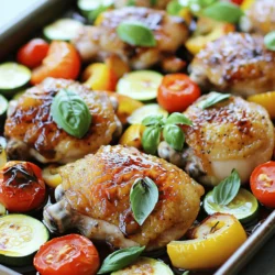 - 4 bone-in, skin-on chicken thighs - 1 cup cherry tomatoes, halved - 1 zucchini, sliced into half-moons - 1 bell pepper (red or yellow), sliced - 1 red onion, cut into wedges For this dish, I love using bone-in, skin-on chicken thighs. They stay juicy and flavorful during cooking. I pair them with fresh vegetables like cherry tomatoes, zucchini, bell pepper, and red onion. These veggies roast beautifully and soak up all the tasty flavors. - 1/4 cup balsamic vinegar - 1/4 cup olive oil - 3 tablespoons honey - 3 cloves garlic, minced - 1 teaspoon dried oregano - Salt and pepper to taste The marinade is key to making this dish shine. I combine balsamic vinegar, olive oil, and honey for a sweet and tangy flavor. I add minced garlic and dried oregano for depth. Don't forget salt and pepper for seasoning. This marinade not only flavors the chicken but also the veggies. For the full recipe, be sure to check the full recipe section. First, gather your ingredients for the marinade. In a small bowl, whisk together: - 1/4 cup balsamic vinegar - 1/4 cup olive oil - 3 tablespoons honey - 3 cloves garlic, minced - 1 teaspoon dried oregano - Salt and pepper to taste This mix combines sweet and tangy flavors, perfect for the chicken. Once you have whisked it well, set it aside. Next, take your chicken thighs and place them in a large bowl or a zip-top bag. Pour half of the marinade over the chicken. Make sure each piece is well coated. Let the chicken marinate for at least 30 minutes. For even better flavor, marinate it in the fridge for up to two hours. While the chicken marinates, it’s time to prepare your sheet pan. Preheat your oven to 425°F (220°C). On a large sheet pan, arrange the marinated chicken thighs on one side. On the other side, add: - 1 cup cherry tomatoes, halved - 1 zucchini, sliced into half-moons - 1 bell pepper (red or yellow), sliced - 1 red onion, cut into wedges Drizzle the remaining marinade over the vegetables. Toss them gently to coat evenly. This ensures that every bite is bursting with flavor. Now, bake the sheet pan in the preheated oven. Cook it for about 30-35 minutes. The chicken should be cooked through, the skin crispy, and the vegetables tender. If you want extra crispy skin, turn on the broiler for an additional 2-3 minutes at the end. Just keep an eye on it to avoid burning. Let it rest for a few minutes before serving. This allows the juices to settle, making each bite juicy and flavorful. Don't forget to garnish with fresh basil before serving. For the complete recipe, check [Full Recipe]. To marinate chicken well, always use a bowl or a zip-top bag. This helps coat the chicken evenly. I suggest marinating for at least 30 minutes. For more flavor, try to marinate up to 2 hours. This lets the chicken soak up all the lemon and balsamic goodness. For even cooking on the sheet pan, place chicken and vegetables apart. This allows heat to circulate. Bake the chicken at 425°F (220°C) for 30-35 minutes. Check that the chicken is cooked through and the skin is crispy. If you want extra crispiness, broil for 2-3 minutes at the end. Fresh herbs can really make your dish pop. I love using basil for this recipe. It adds a lovely color and flavor. You could also sprinkle nuts or cheese on top for extra texture. Toasted pine nuts or crumbled feta work great! Check out the Full Recipe for more ideas. {{image_2}} You can easily switch the chicken for other proteins. Chicken breasts work well if you prefer leaner meat. They cook faster, so watch the time. If you want a vegetarian option, try firm tofu or tempeh. These soak up flavors nicely and add a nice texture. Using seasonal veggies can create a fresh twist. Asparagus, green beans, or squash can replace zucchini. Root vegetables like carrots and potatoes add a hearty touch. They not only increase flavor but also make the dish more filling. Feel free to play with herbs and spices. Fresh thyme or rosemary can add a lovely aroma. You can also tweak the sweetness in the marinade. If you like it less sweet, reduce the honey. For extra zing, try adding a splash of lemon juice or red pepper flakes. These small changes can transform the dish and keep your meals exciting. For the full recipe, check out the complete guide. To store leftovers safely, let the chicken cool first. Place it in an airtight container. Make sure the vegetables go in the same container or a separate one. This keeps them fresh. You can store the leftovers for up to four days in the fridge. The best method for reheating chicken is using the oven. Preheat it to 350°F (175°C). Place the chicken on a baking sheet with the veggies. Cover with foil to keep it moist. Heat for about 15-20 minutes. This helps the chicken stay juicy. For veggies, heat them just until warm. This keeps their texture. To freeze leftovers effectively, let them cool completely. Put the chicken and veggies in freezer-safe bags. Remove as much air as you can. They will last for about three months in the freezer. For defrosting, place them in the fridge overnight. This keeps the chicken and veggies from getting soggy. You can marinate chicken for at least 30 minutes. This time allows the flavors to soak in. For the best taste, marinate for up to 2 hours. The longer you marinate, the more intense the flavor becomes. Just remember not to exceed 24 hours. If you marinate for too long, the chicken can become mushy. Yes, you can use different vinegars. Apple cider vinegar adds a fruity touch. Red wine vinegar brings a robust flavor. Each type of vinegar changes the taste slightly. Adjust the sweetness in the marinade as needed. For example, if using a sharper vinegar, you may want to add a little more honey. I love serving this dish with rice or quinoa. They soak up the tasty juices well. You can also pair it with a fresh salad. Roasted vegetables make a great side too. For a complete meal, try serving it with garlic bread. Each of these options complements the chicken perfectly. You can find the full recipe [here](#). This recipe for Sheet Pan Lemon Balsamic Chicken is simple and tasty. You prepare a marinade, add chicken and veggies, then bake it. Enjoying great flavors is easy with this dish. Try different veggies or proteins to make it your own. Remember to marinate well for the best taste. With these tips, you can create a nutritious meal that your family will love. Enjoy your cooking!