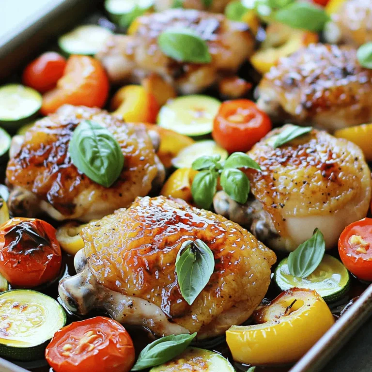 - 4 bone-in, skin-on chicken thighs - 1 cup cherry tomatoes, halved - 1 zucchini, sliced into half-moons - 1 bell pepper (red or yellow), sliced - 1 red onion, cut into wedges For this dish, I love using bone-in, skin-on chicken thighs. They stay juicy and flavorful during cooking. I pair them with fresh vegetables like cherry tomatoes, zucchini, bell pepper, and red onion. These veggies roast beautifully and soak up all the tasty flavors. - 1/4 cup balsamic vinegar - 1/4 cup olive oil - 3 tablespoons honey - 3 cloves garlic, minced - 1 teaspoon dried oregano - Salt and pepper to taste The marinade is key to making this dish shine. I combine balsamic vinegar, olive oil, and honey for a sweet and tangy flavor. I add minced garlic and dried oregano for depth. Don't forget salt and pepper for seasoning. This marinade not only flavors the chicken but also the veggies. For the full recipe, be sure to check the full recipe section. First, gather your ingredients for the marinade. In a small bowl, whisk together: - 1/4 cup balsamic vinegar - 1/4 cup olive oil - 3 tablespoons honey - 3 cloves garlic, minced - 1 teaspoon dried oregano - Salt and pepper to taste This mix combines sweet and tangy flavors, perfect for the chicken. Once you have whisked it well, set it aside. Next, take your chicken thighs and place them in a large bowl or a zip-top bag. Pour half of the marinade over the chicken. Make sure each piece is well coated. Let the chicken marinate for at least 30 minutes. For even better flavor, marinate it in the fridge for up to two hours. While the chicken marinates, it’s time to prepare your sheet pan. Preheat your oven to 425°F (220°C). On a large sheet pan, arrange the marinated chicken thighs on one side. On the other side, add: - 1 cup cherry tomatoes, halved - 1 zucchini, sliced into half-moons - 1 bell pepper (red or yellow), sliced - 1 red onion, cut into wedges Drizzle the remaining marinade over the vegetables. Toss them gently to coat evenly. This ensures that every bite is bursting with flavor. Now, bake the sheet pan in the preheated oven. Cook it for about 30-35 minutes. The chicken should be cooked through, the skin crispy, and the vegetables tender. If you want extra crispy skin, turn on the broiler for an additional 2-3 minutes at the end. Just keep an eye on it to avoid burning. Let it rest for a few minutes before serving. This allows the juices to settle, making each bite juicy and flavorful. Don't forget to garnish with fresh basil before serving. For the complete recipe, check [Full Recipe]. To marinate chicken well, always use a bowl or a zip-top bag. This helps coat the chicken evenly. I suggest marinating for at least 30 minutes. For more flavor, try to marinate up to 2 hours. This lets the chicken soak up all the lemon and balsamic goodness. For even cooking on the sheet pan, place chicken and vegetables apart. This allows heat to circulate. Bake the chicken at 425°F (220°C) for 30-35 minutes. Check that the chicken is cooked through and the skin is crispy. If you want extra crispiness, broil for 2-3 minutes at the end. Fresh herbs can really make your dish pop. I love using basil for this recipe. It adds a lovely color and flavor. You could also sprinkle nuts or cheese on top for extra texture. Toasted pine nuts or crumbled feta work great! Check out the Full Recipe for more ideas. {{image_2}} You can easily switch the chicken for other proteins. Chicken breasts work well if you prefer leaner meat. They cook faster, so watch the time. If you want a vegetarian option, try firm tofu or tempeh. These soak up flavors nicely and add a nice texture. Using seasonal veggies can create a fresh twist. Asparagus, green beans, or squash can replace zucchini. Root vegetables like carrots and potatoes add a hearty touch. They not only increase flavor but also make the dish more filling. Feel free to play with herbs and spices. Fresh thyme or rosemary can add a lovely aroma. You can also tweak the sweetness in the marinade. If you like it less sweet, reduce the honey. For extra zing, try adding a splash of lemon juice or red pepper flakes. These small changes can transform the dish and keep your meals exciting. For the full recipe, check out the complete guide. To store leftovers safely, let the chicken cool first. Place it in an airtight container. Make sure the vegetables go in the same container or a separate one. This keeps them fresh. You can store the leftovers for up to four days in the fridge. The best method for reheating chicken is using the oven. Preheat it to 350°F (175°C). Place the chicken on a baking sheet with the veggies. Cover with foil to keep it moist. Heat for about 15-20 minutes. This helps the chicken stay juicy. For veggies, heat them just until warm. This keeps their texture. To freeze leftovers effectively, let them cool completely. Put the chicken and veggies in freezer-safe bags. Remove as much air as you can. They will last for about three months in the freezer. For defrosting, place them in the fridge overnight. This keeps the chicken and veggies from getting soggy. You can marinate chicken for at least 30 minutes. This time allows the flavors to soak in. For the best taste, marinate for up to 2 hours. The longer you marinate, the more intense the flavor becomes. Just remember not to exceed 24 hours. If you marinate for too long, the chicken can become mushy. Yes, you can use different vinegars. Apple cider vinegar adds a fruity touch. Red wine vinegar brings a robust flavor. Each type of vinegar changes the taste slightly. Adjust the sweetness in the marinade as needed. For example, if using a sharper vinegar, you may want to add a little more honey. I love serving this dish with rice or quinoa. They soak up the tasty juices well. You can also pair it with a fresh salad. Roasted vegetables make a great side too. For a complete meal, try serving it with garlic bread. Each of these options complements the chicken perfectly. You can find the full recipe [here](#). This recipe for Sheet Pan Lemon Balsamic Chicken is simple and tasty. You prepare a marinade, add chicken and veggies, then bake it. Enjoying great flavors is easy with this dish. Try different veggies or proteins to make it your own. Remember to marinate well for the best taste. With these tips, you can create a nutritious meal that your family will love. Enjoy your cooking!