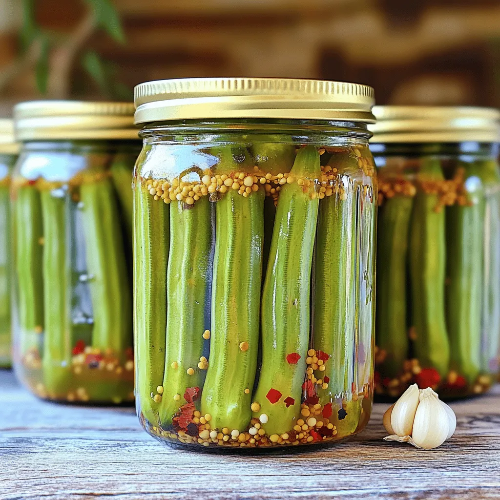 To make pickled okra, you need fresh okra. Look for bright green pods. Choose okra that is firm and not too large. For the brine, gather these key ingredients: - 1 pound fresh okra, stems trimmed - 2 cups distilled white vinegar - 1 cup water - 2 tablespoons kosher salt - 2 tablespoons sugar - 4 cloves garlic, peeled and smashed - 1 tablespoon whole black peppercorns - 1 teaspoon mustard seeds - 1 teaspoon red pepper flakes - 2 sprigs of fresh dill These ingredients create a perfect balance of tangy, sweet, and spicy flavors. You can boost the flavor of your pickled okra with some fun add-ins. Consider these options: - A few slices of fresh jalapeño for heat - A teaspoon of coriander seeds for a citrus note - Lemon or lime slices for extra zest - A hint of bay leaves for depth These additions can change the taste and make your pickles unique. Gather the right tools to make pickling easier. Here’s what you’ll need: - Canning jars (pint-sized work well) - A large pot for boiling the brine - A measuring cup for accuracy - A ladle to pour the brine - A clean cloth for wiping jar rims Having these tools ready will make the process smooth and fun. For the full recipe, check the complete cooking instructions. To start, gather your jars. Wash them in hot soapy water. Rinse them well. If you prefer, sterilize them in a hot water bath. This step keeps your pickles safe. Next, make the brine. In a large pot, mix distilled white vinegar, water, kosher salt, and sugar. Bring this mixture to a boil. Stir until the salt and sugar dissolve completely. Once boiling, remove the pot from heat. Let it cool for a few minutes while you prepare the okra. Now, let's pack the okra! Trim the stems off the okra. Pack the okra upright in the clean jars. Leave about half an inch of space at the top. This space helps with sealing. Distribute the smashed garlic cloves, black peppercorns, mustard seeds, red pepper flakes, and dill evenly among the jars. Next, carefully pour the hot brine over the okra and spices. Make sure the okra is fully submerged in the brine. Again, leave about half an inch of headspace. After pouring the brine, wipe the rims of the jars with a clean cloth. This step ensures a good seal. Place the lids on securely. Let the jars cool to room temperature. Once cool, refrigerate them for at least 48 hours. This wait time allows the flavors to develop. You can enjoy your pickled okra right away, but the taste improves after sitting. For the full recipe, check out the instructions above. Enjoy your tasty pickled okra! To get the best taste from your pickled okra, use fresh and firm pods. Fresh okra holds its crunch and flavor well. For a tasty brine, balance the vinegar, water, salt, and sugar. This mix creates a great blend of sour and sweet. Adding garlic, black peppercorns, and mustard seeds boosts the flavor. Try adding a few more red pepper flakes if you love heat. Letting the okra sit for a few days enhances its taste. The flavors meld and deepen, making every bite a delight. One common mistake is not cleaning your jars. Always wash jars well before filling them. Another mistake is not using enough salt in the brine. Salt is key for flavor and preservation. Avoid packing the okra too tightly in the jars. This may prevent the brine from fully soaking the okra. Lastly, don’t skip the chilling time! If you taste too early, you miss the full flavor. You can enjoy pickled okra in so many ways! It makes a great snack straight from the jar. Serve it on a charcuterie board for a fun twist. You can also use it in cocktails like a Bloody Mary. Add it to salads for an extra crunch. Pickled okra pairs well with Southern dishes, too. Its tartness complements fried chicken or barbecue. Don’t forget to check the Full Recipe for more ideas! {{image_2}} You can spice up your pickled okra easily. Add more red pepper flakes if you love heat. Try using jalapeños for a fresh kick. You can even toss in some sliced habaneros if you dare! For a smoky flavor, add smoked paprika. Adjust the spice level to match your taste. If you enjoy a sweet touch, add a bit more sugar to your brine. Honey or maple syrup can work too. This gives your okra a nice balance of sweet and tangy. You can also include sliced onions or bell peppers for added sweetness. These changes will give you a unique flavor with every bite. Vinegar is key to the pickling process. While distilled white vinegar is standard, you can swap it out for others. Apple cider vinegar adds a fruity note. Rice vinegar gives a milder taste. You can even use balsamic for a richer flavor. Each type of vinegar will change the taste of your pickled okra. Experiment to find your favorite mix! For the full recipe, check out Zesty Pickled Okra Delight . To keep your pickled okra fresh, place it in the fridge. The cold slows down spoilage. Make sure the jars are tightly sealed. This keeps out air that can cause mold. You should store them upright to avoid leaks. Pickled okra lasts quite a while. In the fridge, it stays good for up to three months. If you store it in a cool, dark place, it can last longer. However, once opened, always keep it cold. This helps maintain its flavor and crunch. Check for key signs that your pickled okra may be spoiled. Look for any off-smells or unusual colors. If the brine looks cloudy, it’s best to throw it out. Also, check for mold on the surface. If you see any, do not eat it. Always trust your senses when checking food quality. You can use pickled okra in many ways. It adds a tangy crunch to salads. Try it in a classic Southern dish like gumbo. You can also serve it as a snack. Pair it with cheese and crackers for a tasty treat. Pickled okra makes a great garnish for cocktails, too. Imagine a spicy Bloody Mary with a zesty okra twist! Yes, you can can pickled okra for long-term storage. Follow safe canning practices to ensure quality. Use sterilized jars and lids to prevent spoilage. While you can enjoy it fresh, canning locks in flavors. Make sure to cool the jars at room temperature before storing them. This way, you can savor your pickled okra even months later. Yes, pickled okra offers several health benefits. It is low in calories and high in fiber. This helps with digestion and keeps you feeling full. Okra is also rich in vitamins A and C. These vitamins help boost your immune system. The fermentation process adds probiotics, which can aid gut health. Enjoying pickled okra can be a tasty way to support your overall health. You can find pickled okra at many grocery stores. Look in the canned vegetable aisle or the pickle section. Local farmers' markets may also sell fresh pickled okra. If you prefer shopping online, check specialty food websites. Many offer unique flavors and brands. Consider trying different varieties to find your favorite. You learned how to make delicious pickled okra. We covered essential ingredients, tools, and steps for success. I shared tips to enhance flavor and avoid common mistakes. You can try variations for different tastes and know how to store your pickled okra. Remember, pickled okra can spice up dishes and bring health benefits. Enjoy your pickled creations and share them with friends!