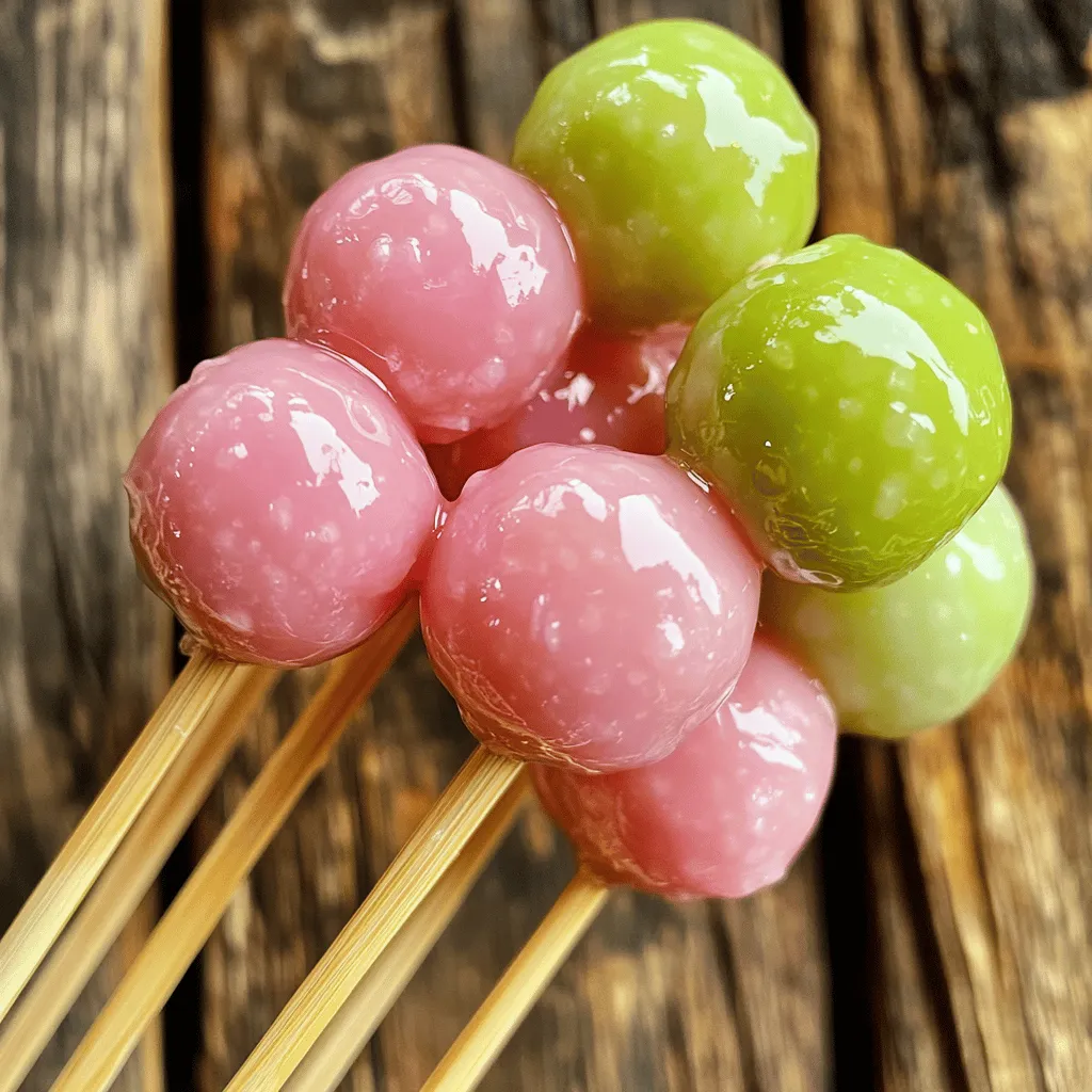 To make Easy Dango, you need a few key ingredients. Here’s what you will need: - 1 cup sweet rice flour (mochi flour) - 1/3 cup granulated sugar - 1/2 cup water - A pinch of salt These ingredients blend well to create a sweet and chewy treat that you will love. You can add a twist to your dango with optional flavorings. Here are some ideas: - Food coloring (pink or green for fun colors) - Soy sauce or sweet soy glaze for dipping These options let you customize your dango to fit your taste and style. Having the right tools makes cooking easier. Here’s what you will need: - Mixing bowl - Slotted spoon - Pot for boiling water - Bamboo sticks (if you want to skewer the dango) With these tools, you can prepare and enjoy your Easy Dango without hassle. For the full recipe, check out the Sweet & Chewy Dango section. Enjoy making this delightful treat! To make the dough, start by mixing the sweet rice flour and sugar in a bowl. This mix is the base for your dango. Next, slowly add water while stirring. This helps the dough become smooth and thick. If you want to add color, put in a few drops of food coloring. Mix until the color spreads evenly. Let the dough rest for 10 minutes. This step makes it easier to shape. Bring a pot of water to a gentle boil. Take your dough and form small balls, about 1 inch wide. Gently drop the balls into the boiling water. Cook them for 5-7 minutes. You’ll know they’re done when they float. Use a slotted spoon to take them out and place them in cold water for 2 minutes. This stops the cooking. After that, drain the dango and let them cool. You can enjoy dango in many ways. For a classic touch, skewer the dango on bamboo sticks. This makes them easy to eat. If you like, dip them in soy sauce or sweet soy glaze. Both add a tasty twist. The dango can be served warm or at room temperature. They are perfect for any snack or dessert time. For the full recipe, check the earlier section! When making dango, watch out for a few common mistakes. - Too Much Water: Adding too much water can make the dough too sticky. Use the water slowly for the right texture. - Boiling Too Long: If you boil the dango too long, they may become tough. Aim for 5-7 minutes until they float. - Skipping the Rest: Let the dough rest for 10 minutes. This helps the texture and makes it easier to shape. To make your dango even better, consider these tips: - Use Sweet Rice Flour: This flour gives dango its unique chewy texture. Don't substitute with regular flour. - Food Coloring: Add a few drops of food coloring for fun. Pink or green colors make your dango pop! - Glaze Options: Try a sweet soy glaze for a rich flavor. It pairs well with the chewy dough. Make your dango look nice on the plate: - Skewering: Use bamboo sticks to skewer the dango. This adds a traditional touch. - Colorful Layers: Layer dango of different colors on a plate. It looks inviting and fun. - Garnishes: Add fresh fruit or mint leaves for a pop of color. This makes your dish even more appealing. For the full recipe, check out the Sweet & Chewy Dango section. {{image_2}} You can make your dango colorful and fun! Use food coloring to create bright shades. Pink and green are popular choices. Mix a few drops into your dough before cooking. This makes your dango look festive and appealing. You can even create a rainbow effect by using different colors for each ball. It’s a great way to impress friends and family! Dango can be sweet or savory. Sweet dango often uses sugar and is served with sweet sauces. You can try a sweet soy glaze for a tasty treat. For savory dango, add salt or miso to the dough. This gives it a unique flavor. Pair savory dango with a soy sauce dip for a delicious snack. Each option offers a different taste experience. Dipping sauces add a special touch to your dango. Sweet soy glaze is a popular choice; it’s rich and sticky. You can also use plain soy sauce for a salty kick. If you like a hint of sweetness, mix soy sauce with sugar. This creates a great balance. Experiment with different sauces to find your favorite! Each dip enhances the dango's flavor and makes it more enjoyable. After you enjoy your dango, you may have some left. To store leftover dango, place them in an airtight container. This helps keep them fresh. If you have a glaze on them, it’s best to store them without the glaze. This way, the dango won’t get soggy. Keep the container in the fridge. The dango will last for about three days. When you're ready to eat your stored dango, reheating is easy. You can steam them for a few minutes for the best taste and texture. If you don’t have a steamer, you can microwave them too. Place the dango on a microwave-safe plate. Add a damp paper towel on top. Heat for about 10-15 seconds at a time. Always check to make sure they are warm, not hot. Want to save dango for later? Freezing is a great option! First, let the cooked dango cool completely. Then, place them in a single layer on a baking sheet. Freeze them for about one hour. Once frozen, transfer them to a freezer-safe bag or container. Make sure to remove as much air as possible. You can freeze dango for up to one month. When ready to eat, just reheat them using the steaming method. Dango is a Japanese sweet made from rice flour. It comes in small round shapes. People often enjoy it on a stick. Dango can be served plain or with toppings. You can find it in many flavors, like sweet or savory. It is a popular treat during festivals and special events. Yes, you can use regular rice flour. However, the texture will change. Sweet rice flour gives dango its chewy and soft feel. If you use regular flour, the dango may be less sticky. For the best results, I recommend using sweet rice flour. You can find it in most Asian grocery stores. To change the texture, try adjusting the water content. More water makes softer dango. Less water will create a firmer texture. You can also experiment with steaming instead of boiling. Steaming gives dango a different feel and taste. Adding ingredients like mashed sweet potatoes can also change the texture. Making dango is simple and fun. We explored key ingredients, tools, and step-by-step instructions. You learned to prepare dough, cook it, and serve it well. Plus, we shared tips to avoid mistakes and enhance flavor. Don't forget the colorful variations and sauces that make dango exciting! In conclusion, dango offers endless possibilities. Enjoy experimenting with flavors and textures. Share your creations with friends and family to bring joy to your table. Your dango journey starts with the basics, but it can grow into something special.