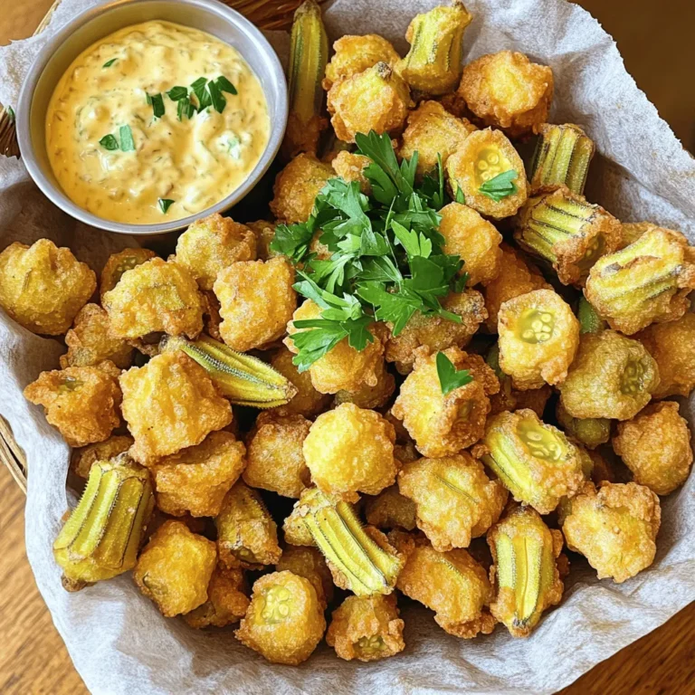 Fresh okra is the star of this dish. Choose 1 pound of fresh okra. Look for bright green pods without blemishes. Trim the ends and slice them into 1/2 inch pieces. Fresh okra gives you the best flavor and texture. The coating makes your okra crispy. Use 1 cup of cornmeal for crunch. Add 1/2 cup of all-purpose flour for a light texture. This mix helps the okra stay crispy. Seasonings bring the flavor. Use 1 teaspoon of paprika for a mild kick. Add 1/2 teaspoon of cayenne pepper if you like heat. Mix in 1 teaspoon each of garlic powder and onion powder. Don’t forget salt and black pepper to taste. These seasonings make the okra pop with flavor. For the full recipe, check out the details above. Start by soaking the sliced okra in buttermilk for about 30 minutes. This step helps the okra stay tender. It also makes the coating stick better. If you don’t have buttermilk, you can mix regular milk with a splash of vinegar as a substitute. The acidity helps with the tenderizing process. While the okra soaks, prepare the coating. In a large bowl, mix together the following ingredients: - 1 cup cornmeal - 1/2 cup all-purpose flour - 1 teaspoon paprika - 1/2 teaspoon cayenne pepper (or to taste) - 1 teaspoon garlic powder - 1 teaspoon onion powder - Salt to taste - Black pepper to taste Stir everything well until it blends evenly. This mix gives the okra its crispy texture and flavorful kick. Next, heat about 1 inch of vegetable oil in a large skillet over medium heat until it reaches 350°F (175°C). To check if the oil is ready, drop a bit of the coating mix in the oil. It should sizzle right away. Once the oil is hot, remove the okra from the buttermilk, letting the excess drip off. Dredge each piece in the coating mix, making sure it is fully covered. Carefully place the coated okra into the hot oil. Be careful not to overcrowd the pan. Fry the okra for about 3-5 minutes, turning it occasionally. You want the pieces to be golden brown and crispy. Once done, use a slotted spoon to remove the okra from the oil. Drain them on paper towels and add extra salt while they are still hot. Repeat this process until all the okra is cooked. For the full recipe, check out the details above. To make your fried okra extra crispy, follow these steps. First, soak the okra in buttermilk. This adds flavor and helps the coating stick. Use a mix of cornmeal and flour for the coating. The cornmeal gives a nice crunch. You can add a little baking powder to the mix. This adds air and makes it puff up when fried. One common mistake is overcrowding the pan. If you add too many pieces, the oil cools down. This leads to soggy okra. Fry in small batches instead. Another mistake is not heating the oil enough. Test the oil before frying. If the oil does not sizzle, let it heat more. Also, remember to drain the okra on paper towels after frying to remove excess oil. Using the right tools can help you fry better. A heavy skillet works well for even heat. A cast-iron skillet is a great choice. You’ll also need a slotted spoon for removing the okra. This helps drain the oil quickly. Finally, use a thermometer to check the oil's temperature. This ensures your okra fries perfectly every time. {{image_2}} Spices can change the taste of fried okra. You can try adding different spices to your coating mix. For a smoky flavor, add smoked paprika. If you like heat, use more cayenne pepper. You can also mix in some cumin or chili powder for a twist. Experimenting with spices makes the dish more fun and tasty. You can change the coating for crispy fried okra too. Instead of cornmeal and flour, try crushed crackers or panko breadcrumbs. They add a nice crunch. For a gluten-free option, use almond flour or chickpea flour. These swaps create different textures and flavors. Don't be afraid to mix and match! Serving crispy fried okra can be creative. Serve it as a snack with dipping sauces like ranch or hot sauce. You can also add it as a side dish to grilled meats. For a fun twist, toss fried okra in a salad for crunch. It works well in tacos too! The key is to enjoy and share your crispy fried okra with friends. For the full recipe, check out the detailed instructions above. You can store leftover fried okra to enjoy later. First, let it cool down to room temperature. Then, place the okra in an airtight container. Make sure to separate layers with paper towels to absorb any moisture. This keeps the okra crispy. Store it in the fridge for up to three days. When you're ready to eat the leftovers, don't just microwave them. This will make them soggy. Instead, preheat your oven to 350°F (175°C). Spread the okra on a baking sheet and heat for about 10 minutes. This helps regain its crispy texture. You can also use an air fryer for a quicker option. Just heat it for about 5 minutes at 400°F (200°C). If you want to keep fried okra longer, freezing is a great option. First, let the okra cool completely. Then, place it in a single layer on a baking sheet and freeze for about an hour. This prevents the pieces from sticking together. After freezing, transfer the okra to a freezer-safe bag or container. It can last up to three months in the freezer. To reheat, follow the same oven method. Enjoy your crispy fried okra any time! You can skip buttermilk by using regular milk combined with a splash of vinegar. This creates a similar tangy effect. Soak the okra in this mix for about 30 minutes. The coating will still stick well. Yes, you can bake okra for a healthier option. Preheat your oven to 425°F (220°C). Coat the okra as usual, then spread it on a baking sheet. Bake for 20-25 minutes, flipping halfway. It won't be as crispy but still tastes great. Crispy fried okra goes well with many sauces. Here are a few ideas: - Ranch dressing - Zesty remoulade - Hot sauce - Garlic aioli - Honey mustard These dips add flavor and make each bite even better. - Full Recipe You learned how to make crispy fried okra from scratch. We explored fresh ingredients, tasty seasonings, and simple steps. I shared tips for extra crispiness and common mistakes to watch for. You now know different flavor variations, how to store leftovers, and easy reheating methods. Enjoy creating your own fried okra! With these skills, you can impress any guest.