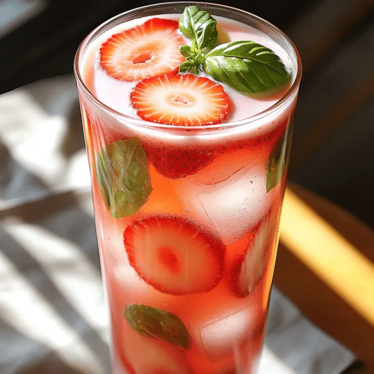 - 1 cup fresh strawberries, hulled and sliced - 5-6 fresh basil leaves - 2 black tea bags (or 2 tablespoons loose black tea) - 1 cup milk (dairy or plant-based) - 2 tablespoons honey or sweetener of choice (adjust to taste) When I make Strawberry Basil Milk Tea, fresh ingredients are key. The strawberries bring a sweet and juicy flavor. Fresh basil adds a nice herbal note. Black tea gives it a solid base. You can use any milk you prefer. I often choose almond or oat milk for a twist. The sweetener balances the flavors well. You can switch up some ingredients based on what you have. For milk, you can use dairy or plant-based options. Almond, soy, or coconut milk all work great. Different sweeteners can change the taste too. Try honey, agave nectar, or maple syrup. You may also add other fruits like peaches or mangoes for fun flavors. Each choice can change the drink's vibe. You will need a few simple tools to whip up this drink: - saucepan - blender - pitcher - glasses for serving A saucepan helps to boil water for the tea. A blender is needed to make the strawberry-basil puree. After mixing, a pitcher is best for serving. Finally, use nice glasses to show off your drink. This setup makes the process easy and fun. For the full recipe, check out the detailed steps to create this refreshing drink! 1. Boiling water and steeping tea Start by bringing 2 cups of water to a gentle boil in a saucepan. Once it boils, add 2 black tea bags or 2 tablespoons of loose black tea. Let it steep for 5 minutes. This gives the tea a strong flavor. After steeping, remove the tea bags and set the brewed tea aside to cool. 2. Creating strawberry-basil puree In a blender, add 1 cup of hulled and sliced fresh strawberries along with 5-6 fresh basil leaves. Blend them together until you have a smooth puree. This mix will add a fresh taste to your drink. 3. Combining ingredients In a large pitcher, pour in the cooled tea and the strawberry-basil puree. Stir them together well to mix all the flavors. Add 2 tablespoons of honey or your choice of sweetener, stirring until it dissolves. Adjust the sweetness to suit your taste. Finally, gradually add 1 cup of milk while stirring to combine everything evenly. - Stirring vs. blending Stirring is great for mixing drinks like this one. Blending works well for purees. For this recipe, a good stir is key after you combine the tea and puree. - Tips for achieving the perfect consistency Make sure to stir gently when adding milk. This helps keep the drink smooth. If you want a thicker drink, blend the strawberry-basil mixture longer. - Ice vs. no ice You can serve this drink chilled or warm. If you like it cold, fill your glasses with ice cubes before pouring in the drink. If you prefer it warm, skip the ice and serve straight from the pitcher. - Creative garnishing ideas Garnish each glass with a fresh basil leaf. This adds a lovely aroma and a pop of green. You can also slice strawberries and place them on the rim of the glass for a fun touch. For the full recipe, check out the [Full Recipe]. Adjusting the sweetness can make your drink just right. Start with two tablespoons of honey. Taste and add more if needed. Some people love a sweeter drink, while others prefer it less sweet. You can also add spices like cinnamon or nutmeg. Just a pinch will add warmth and depth to your drink. Steeping time can change the strength of your tea. For a mild flavor, steep for just three minutes. For a stronger taste, five minutes works best. Always choose high-quality tea. Loose leaf tea often has better flavor than bags. Look for fresh black tea to get the best results. Keeping your ingredients fresh is key. Store strawberries in the fridge, and they will last longer. Basil should be in a glass of water, like a flower. If you have leftover milk tea, store it in the fridge. Use an airtight container to keep it fresh. When ready to drink, stir or shake well before serving. {{image_2}} To make your Strawberry Basil Milk Tea even more exciting, try adding other fruits. Mango adds a sweet, tropical twist. Peach brings a juicy, fragrant note. Both fruits blend well with strawberries and basil. You can also play with herbal tea alternatives. Chamomile or peppermint can give a soothing flavor. Experimenting with these fruits and herbs can create a drink that feels new each time. If you need vegan options, swap dairy milk for a plant-based milk. Almond, oat, or coconut milk works great here. You can also make a sugar-free version. Use a sugar substitute like stevia or erythritol. They add sweetness without the calories. These adjustments make the drink fit your diet while keeping it delicious. In summer, serve your Strawberry Basil Milk Tea chilled. Pour it over ice to keep it refreshing. For winter, warm the tea instead. Heat the milk and mix it in gently. This warm version can be cozy on cold days. Both options let you enjoy the flavors all year long. For the full recipe, check the instructions above and start creating your drink today! To keep your Strawberry Basil Milk Tea fresh, store it in an airtight container. This helps the flavors stay strong. If you have leftovers, refrigerate them right away. Always let the tea cool first before sealing it up. The shelf life of your Strawberry Basil Milk Tea is about 3 to 5 days in the fridge. After that, the flavors may fade, and the drink could spoil. Always check for any off smells or changes in color before drinking. When you want to serve chilled tea again, pour it into a glass. You can add fresh ice to make it cold again. Just stir gently to mix. If you need to heat the tea, do it slowly. Use a saucepan over low heat. Do not let it boil, as boiling can change the taste of the milk. Avoid microwaving, as it can heat unevenly and curdle the milk. Always taste before serving to ensure it’s still delicious! You can freeze Strawberry Basil Milk Tea, but it may change in texture. To freeze, pour it into ice cube trays. This makes it easy to use later in smoothies or as ice for drinks. When you want to enjoy it again, thaw the cubes in the fridge overnight. Once thawed, stir well. If the texture seems off, consider blending it again for a smoother drink. What is Strawberry Basil Milk Tea made of? Strawberry Basil Milk Tea is made of simple ingredients. You need: - 2 cups water - 1 cup fresh strawberries, hulled and sliced - 5-6 fresh basil leaves - 2 black tea bags (or 2 tablespoons loose black tea) - 1 cup milk (dairy or plant-based) - 2 tablespoons honey or sweetener of choice - Ice cubes (optional) - Fresh basil leaves for garnish Each ingredient plays a role in creating a refreshing drink. The strawberries add sweetness and color. The basil gives it a unique herbal twist. The tea adds depth, while the milk makes the drink smooth. Can I make this drink without dairy? Yes, you can easily make this drink without dairy. Use plant-based milk like almond, oat, or coconut. Each type brings its own flavor. This way, you still enjoy a creamy texture. Just follow the [Full Recipe] to swap it out. Where can I buy Strawberry Basil Milk Tea? You can find Strawberry Basil Milk Tea at specialty cafes and tea shops. Some restaurants may offer it too. If you prefer to make it at home, the recipe is simple and quick. What are the health benefits of strawberries and basil? Strawberries are packed with vitamins. They are high in vitamin C and antioxidants. Basil is also a super herb. It has anti-inflammatory properties and can help with stress. Together, they make a tasty and healthy drink. Is Strawberry Basil Milk Tea good for digestion? Yes, this tea may aid digestion. Basil can help soothe your stomach. Strawberries provide fiber, which is good for gut health. Enjoying this drink can be a delicious way to support your digestion. How can I make it less sweet? To make Strawberry Basil Milk Tea less sweet, use less honey or sweetener. You can also skip the sweetener entirely. If you find the strawberries sweet enough, that’s great too. Just adjust it to fit your taste. Can I use dried basil instead of fresh? You can use dried basil, but fresh is better. Dried basil has a stronger flavor. If you use it, add less than what the recipe calls for. Start with a small amount, then taste and adjust as needed. This blog outlined how to make Strawberry Basil Milk Tea. We covered fresh and alternative ingredients, essential equipment, and step-by-step instructions. You learned mixing techniques and tips for perfecting flavor. We also explored variations, storage tips, and answered common questions. In summary, this drink offers bright flavors and simple customization. Experiment with ingredients and enjoy your refreshing creation anytime. Make it your way, and have fun with it!
