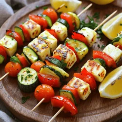 For these grilled halloumi skewers, you need a few key items. Here’s what you’ll need: - 250g halloumi cheese, cut into 1-inch cubes - 1 red bell pepper, cut into 1-inch squares - 1 zucchini, sliced into 1-inch rounds - 1 small red onion, cut into wedges - 10 cherry tomatoes Next, let’s talk about the marinade. You will need: - 3 tablespoons olive oil - 1 tablespoon lemon juice - 1 teaspoon dried oregano - Salt and pepper to taste Finally, gather your tools and equipment: - Skewers (wooden or metal) - Mixing bowl - Grill or grill pan - Whisk for mixing These ingredients and tools make the perfect base for a vibrant and tasty dish. You can find the full recipe for grilled halloumi skewers with zesty veggies in the link above. Enjoy exploring this delightful dish! Making the marinade Start by mixing olive oil, lemon juice, dried oregano, salt, and pepper in a bowl. Whisk until it’s smooth. This marinade adds flavor and keeps the cheese and veggies moist. Preparing the vegetables Cut the red bell pepper into 1-inch squares. Slice the zucchini into 1-inch rounds. Cut the red onion into wedges. You can use any veggies you like, but these work great. Marinating the ingredients Add the halloumi cubes, bell pepper, zucchini, red onion, and cherry tomatoes into the bowl with the marinade. Toss gently to coat everything. Cover and let it sit for 15 to 20 minutes. This helps the flavors blend. Preheating the grill While the ingredients marinate, preheat your grill or grill pan to medium-high heat. This step is key for getting those nice grill marks. Assembling the skewers Now, take skewers and start threading the marinated halloumi and veggies. Alternate between cheese and veggies for a colorful look. Make sure to leave a little space between each piece for even cooking. Cooking time and tips Place the skewers on the grill. Cook them for about 3 to 4 minutes on each side. Look for a golden-brown color on the halloumi and tender veggies. Keep an eye on them to avoid burning. Serving suggestions Serve the skewers on a wooden platter. This adds a rustic touch to your meal. Garnishing ideas Sprinkle fresh parsley over the skewers for color. Add extra lemon wedges on the side for a zesty kick. These small details make your dish pop and look more inviting. For the full recipe, check out this [Full Recipe]. - To get perfect grill marks, preheat the grill. This helps sear the cheese and veggies. - To avoid sticking, brush the grill with oil before cooking. This makes it easier to flip skewers. - For the best texture, grill halloumi for 3-4 minutes per side. Watch closely for a golden brown color. - You can boost flavor by adding spices like paprika or cumin. Fresh herbs like basil add freshness. - Try different marinades, such as balsamic vinegar or garlic oil. These change the taste and keep it exciting. - Pair the skewers with sauces like tzatziki or a spicy salsa. Dips add creaminess or zest, making each bite special. These tips will help you create the best Grilled Halloumi Skewers. For a full experience, check the Full Recipe. Enjoy your cooking! {{image_2}} You can easily swap the halloumi cheese with other types of cheese. Feta works well, too. If you want to avoid cheese, try using marinated tofu. You can also change the veggies. Bell peppers, asparagus, and mushrooms are great choices. They add color and flavor. For protein lovers, add chicken or shrimp. Just make sure they are cut into small pieces for even cooking. You can use plant-based proteins, like tempeh, for a vegan option. You can cook these skewers in different ways. Grilling is the most popular. It gives a nice char and flavor. If you don’t have a grill, you can bake them. Set your oven to 400°F. Place the skewers on a baking sheet and cook for 20 minutes. Make sure to flip them halfway through. You can also use a skillet. Heat some olive oil in the pan and cook the skewers for about 8-10 minutes. This method gives you a nice sear. Broiling is another option. It cooks fast and adds a unique flavor. Place the skewers under the broiler for about 3-4 minutes on each side. After you enjoy your grilled halloumi skewers, store any leftovers. First, let them cool down. Then, place them in an airtight container. This keeps the flavors fresh. You can refrigerate them for up to three days. Make sure to separate the halloumi from the veggies. This helps maintain their textures. For longer storage, freeze the skewers. Wrap them tightly in plastic wrap. Then, place them in a freezer-safe bag. They can last for about two months in the freezer. When it’s time to enjoy your leftovers, you want to keep them tasty. The best way to reheat grilled halloumi skewers is in a pan. Heat a non-stick skillet over medium heat. Add a splash of olive oil to enhance the flavor. Place the skewers in the pan and cook for about five minutes. This method keeps the halloumi firm and the veggies tender. For extra flavor, squeeze some lemon juice over the skewers as they warm up. You can also sprinkle more dried oregano for a nice touch. Enjoy them warm just like when you first made them from the full recipe! Can I use different types of cheese? Yes, you can use other cheeses. Feta or paneer works well. These cheeses can add unique flavors. However, halloumi has a special firmer texture that holds up well on the grill. How long can I marinate the skewers? Marinate the skewers for 15-20 minutes. This allows the flavors to soak in. You can marinate longer, up to 2 hours, but avoid too long. The cheese can become too salty. What’s the best way to prevent cheese from melting away on the grill? To keep the cheese from melting, use thick slices. Cut halloumi into 1-inch cubes. Also, preheat the grill to medium-high heat. This helps sear the cheese quickly. Caloric breakdown per serving Each serving has about 250 calories. This includes the cheese and vegetables. Halloumi is rich in protein and fat, giving it a hearty feel. Nutritional benefits of halloumi and vegetables Halloumi provides calcium and protein. The veggies add fiber and vitamins. Together, they make a balanced meal. This dish is both filling and nutritious. Suggested portions and serving styles For a main dish, serve 2-3 skewers per person. As an appetizer, 1-2 skewers work well. Pair with dips or salads for variety. How to adjust the recipe for larger gatherings To serve more people, double the ingredients. Use more skewers and grill in batches. This way, everyone can enjoy fresh, warm skewers. Check out the Full Recipe for more tips! This post covered everything you need to make delicious grilled halloumi skewers. We discussed key ingredients, preparation steps, and grilling tips. You can enhance flavors with spices or try different cooking methods. Always remember to store leftovers properly and reheat to keep texture and taste. With all these ideas, you can enjoy tasty meals or impress guests. Happy grilling!