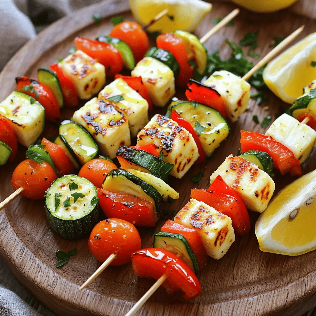 For these grilled halloumi skewers, you need a few key items. Here’s what you’ll need: - 250g halloumi cheese, cut into 1-inch cubes - 1 red bell pepper, cut into 1-inch squares - 1 zucchini, sliced into 1-inch rounds - 1 small red onion, cut into wedges - 10 cherry tomatoes Next, let’s talk about the marinade. You will need: - 3 tablespoons olive oil - 1 tablespoon lemon juice - 1 teaspoon dried oregano - Salt and pepper to taste Finally, gather your tools and equipment: - Skewers (wooden or metal) - Mixing bowl - Grill or grill pan - Whisk for mixing These ingredients and tools make the perfect base for a vibrant and tasty dish. You can find the full recipe for grilled halloumi skewers with zesty veggies in the link above. Enjoy exploring this delightful dish! Making the marinade Start by mixing olive oil, lemon juice, dried oregano, salt, and pepper in a bowl. Whisk until it’s smooth. This marinade adds flavor and keeps the cheese and veggies moist. Preparing the vegetables Cut the red bell pepper into 1-inch squares. Slice the zucchini into 1-inch rounds. Cut the red onion into wedges. You can use any veggies you like, but these work great. Marinating the ingredients Add the halloumi cubes, bell pepper, zucchini, red onion, and cherry tomatoes into the bowl with the marinade. Toss gently to coat everything. Cover and let it sit for 15 to 20 minutes. This helps the flavors blend. Preheating the grill While the ingredients marinate, preheat your grill or grill pan to medium-high heat. This step is key for getting those nice grill marks. Assembling the skewers Now, take skewers and start threading the marinated halloumi and veggies. Alternate between cheese and veggies for a colorful look. Make sure to leave a little space between each piece for even cooking. Cooking time and tips Place the skewers on the grill. Cook them for about 3 to 4 minutes on each side. Look for a golden-brown color on the halloumi and tender veggies. Keep an eye on them to avoid burning. Serving suggestions Serve the skewers on a wooden platter. This adds a rustic touch to your meal. Garnishing ideas Sprinkle fresh parsley over the skewers for color. Add extra lemon wedges on the side for a zesty kick. These small details make your dish pop and look more inviting. For the full recipe, check out this [Full Recipe]. - To get perfect grill marks, preheat the grill. This helps sear the cheese and veggies. - To avoid sticking, brush the grill with oil before cooking. This makes it easier to flip skewers. - For the best texture, grill halloumi for 3-4 minutes per side. Watch closely for a golden brown color. - You can boost flavor by adding spices like paprika or cumin. Fresh herbs like basil add freshness. - Try different marinades, such as balsamic vinegar or garlic oil. These change the taste and keep it exciting. - Pair the skewers with sauces like tzatziki or a spicy salsa. Dips add creaminess or zest, making each bite special. These tips will help you create the best Grilled Halloumi Skewers. For a full experience, check the Full Recipe. Enjoy your cooking! {{image_2}} You can easily swap the halloumi cheese with other types of cheese. Feta works well, too. If you want to avoid cheese, try using marinated tofu. You can also change the veggies. Bell peppers, asparagus, and mushrooms are great choices. They add color and flavor. For protein lovers, add chicken or shrimp. Just make sure they are cut into small pieces for even cooking. You can use plant-based proteins, like tempeh, for a vegan option. You can cook these skewers in different ways. Grilling is the most popular. It gives a nice char and flavor. If you don’t have a grill, you can bake them. Set your oven to 400°F. Place the skewers on a baking sheet and cook for 20 minutes. Make sure to flip them halfway through. You can also use a skillet. Heat some olive oil in the pan and cook the skewers for about 8-10 minutes. This method gives you a nice sear. Broiling is another option. It cooks fast and adds a unique flavor. Place the skewers under the broiler for about 3-4 minutes on each side. After you enjoy your grilled halloumi skewers, store any leftovers. First, let them cool down. Then, place them in an airtight container. This keeps the flavors fresh. You can refrigerate them for up to three days. Make sure to separate the halloumi from the veggies. This helps maintain their textures. For longer storage, freeze the skewers. Wrap them tightly in plastic wrap. Then, place them in a freezer-safe bag. They can last for about two months in the freezer. When it’s time to enjoy your leftovers, you want to keep them tasty. The best way to reheat grilled halloumi skewers is in a pan. Heat a non-stick skillet over medium heat. Add a splash of olive oil to enhance the flavor. Place the skewers in the pan and cook for about five minutes. This method keeps the halloumi firm and the veggies tender. For extra flavor, squeeze some lemon juice over the skewers as they warm up. You can also sprinkle more dried oregano for a nice touch. Enjoy them warm just like when you first made them from the full recipe! Can I use different types of cheese? Yes, you can use other cheeses. Feta or paneer works well. These cheeses can add unique flavors. However, halloumi has a special firmer texture that holds up well on the grill. How long can I marinate the skewers? Marinate the skewers for 15-20 minutes. This allows the flavors to soak in. You can marinate longer, up to 2 hours, but avoid too long. The cheese can become too salty. What’s the best way to prevent cheese from melting away on the grill? To keep the cheese from melting, use thick slices. Cut halloumi into 1-inch cubes. Also, preheat the grill to medium-high heat. This helps sear the cheese quickly. Caloric breakdown per serving Each serving has about 250 calories. This includes the cheese and vegetables. Halloumi is rich in protein and fat, giving it a hearty feel. Nutritional benefits of halloumi and vegetables Halloumi provides calcium and protein. The veggies add fiber and vitamins. Together, they make a balanced meal. This dish is both filling and nutritious. Suggested portions and serving styles For a main dish, serve 2-3 skewers per person. As an appetizer, 1-2 skewers work well. Pair with dips or salads for variety. How to adjust the recipe for larger gatherings To serve more people, double the ingredients. Use more skewers and grill in batches. This way, everyone can enjoy fresh, warm skewers. Check out the Full Recipe for more tips! This post covered everything you need to make delicious grilled halloumi skewers. We discussed key ingredients, preparation steps, and grilling tips. You can enhance flavors with spices or try different cooking methods. Always remember to store leftovers properly and reheat to keep texture and taste. With all these ideas, you can enjoy tasty meals or impress guests. Happy grilling!