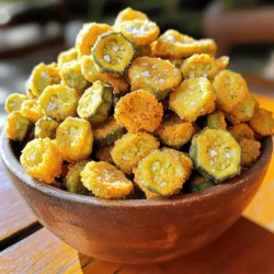 To make crispy fried okra, you need a few simple ingredients. Each one plays a key role in flavor and texture. Here’s the complete list of ingredients: - Fresh Okra: 1 pound, sliced into ½-inch rounds - Buttermilk: 1 cup - Cornmeal: 1 cup - All-Purpose Flour: ½ cup - Seasoning Ingredients: - 1 teaspoon garlic powder - 1 teaspoon onion powder - 1 teaspoon smoked paprika - ½ teaspoon cayenne pepper (optional) - Salt and freshly ground black pepper to taste - Vegetable Oil for Frying: Enough to cover the pan about ½ inch deep Each ingredient ensures your okra is crispy and well-seasoned. The fresh okra gives a nice crunch, while buttermilk adds flavor and moisture. Cornmeal and flour create the perfect coating for frying. The seasoning blends give it that extra kick, making each bite delicious. For the full recipe, check the details above. Start with one pound of fresh okra. Rinse it well under cool water. Slice the okra into ½-inch rounds. Pat the pieces dry with paper towels. This step helps remove moisture for crispiness. Next, place the sliced okra in a medium bowl. Pour one cup of buttermilk over the okra. Mix gently until every piece is coated. Let it soak for about 15 minutes. This will add flavor and tenderize the okra. While the okra soaks, prepare the coating. In a shallow dish, combine one cup of cornmeal and half a cup of all-purpose flour. Add one teaspoon each of garlic powder, onion powder, and smoked paprika. If you like heat, include half a teaspoon of cayenne pepper. Season with salt and freshly ground black pepper to taste. Mix all the ingredients well to ensure even flavor in the coating. Now it's time to fry! In a large skillet, heat enough vegetable oil to cover the bottom, about ½ inch deep. Heat the oil over medium-high heat until it shimmers. While waiting, take a handful of okra from the buttermilk. Let the excess buttermilk drip off. Dredge each piece in the cornmeal mixture. Make sure they are evenly coated. Place the coated okra on a plate. Carefully add the okra to the hot oil in batches. Avoid overcrowding to keep the heat steady. Fry for about 3-4 minutes per side. Look for a golden brown color and a crispy texture. Use a slotted spoon to transfer the fried okra to a paper towel-lined plate. This will help drain excess oil. Season with extra salt if needed. Enjoy your crispy fried okra hot and fresh! For the full recipe, check the section above. To get the best crispiness, start with dry okra. Pat it well with paper towels before soaking. The buttermilk adds flavor and helps the coating stick. Make sure to soak the okra for at least 15 minutes. This step is key to a nice crunch. When you coat the okra, press down a bit to pack on the mixture. Do not overcrowd the pan while frying. This keeps the oil hot and helps each piece cook evenly. For frying, vegetable oil works great. It has a high smoke point and does not add strong flavor. Canola oil is also a good choice. You could even use peanut oil for a nutty touch. Whatever oil you choose, make sure to heat it well. The oil should shimmer but not smoke. This ensures that the okra fries evenly and gets golden brown. One common mistake is not drying the okra enough. Excess moisture can make it soggy. Another mistake is skipping the soaking step. This step helps the flavor soak in. Also, avoid adding too many pieces to the pan at once. This can lower the oil temperature and make them greasy. Lastly, don’t forget to season right after frying. It makes a big difference in taste. For the full recipe, check out the [Full Recipe]. {{image_2}} You can easily boost the flavor of crispy fried okra. Try adding a splash of hot sauce to the buttermilk. It gives a nice kick to the dish. You can also mix in some herbs, like dill or thyme, to the cornmeal. This adds an earthy taste that pairs well with the okra. If you need a gluten-free option, swap the all-purpose flour with a gluten-free flour blend. Rice flour works great too. For the cornmeal, make sure it’s labeled gluten-free. This way, you can enjoy tasty crispy fried okra without worry. Experiment with your favorite spices! For a smoky flavor, use smoked paprika or chipotle powder. If you like it spicy, add more cayenne pepper. You can also go for a sweeter taste with a touch of sugar. Mixing cumin and coriander gives a nice depth of flavor too. Just remember, adjust the seasoning to fit your taste! Check out the full recipe for more tips on making your crispy fried okra delicious every time. To keep your fried okra fresh, place it in an airtight container. Let it cool down first. This helps keep the texture. Store it in the fridge for up to three days. Avoid stacking the pieces too high, as this can make them soggy. When you want to enjoy your leftovers, reheating is key. Preheat your oven to 400°F (200°C). Spread the okra on a baking sheet. Bake for about 10 minutes. This helps restore the crispiness. You can also use an air fryer. Cook at 375°F (190°C) for about 5 minutes for a quick, crispy fix. Want to save some for later? You can freeze fried okra! First, let it cool completely. Spread the pieces on a baking sheet in a single layer. Freeze them for about an hour. Once frozen, transfer them to a freezer bag. This keeps them from sticking together. They can last in the freezer for up to three months. When ready to eat, just reheat straight from the freezer. Enjoy your crispy fried okra anytime! For the full recipe, check out the detailed steps. Fresh okra works best for frying. Look for pods that are firm and smooth. They should have a bright green color. Avoid okra that feels too soft or has brown spots. Fresh okra gives the best texture and flavor. To reduce greasiness, follow these steps: - Dry the okra: Pat the sliced okra with paper towels. This removes extra moisture. - Use the right oil: Choose oils with high smoke points, like canola or peanut oil. - Don’t overcrowd: Fry in small batches to keep the temperature up. This helps the okra stay crispy. - Drain properly: After frying, place the okra on paper towels to absorb oil. Yes, you can use frozen okra, but it may not be as crispy. Thaw and dry the okra well before frying. Frozen okra can be mushy, so try to use fresh for the best results. If using frozen, cut the cooking time slightly. Yes! To make a healthier version, try these tips: - Baking: Instead of frying, coat the okra and bake it at 425°F for about 20 minutes. - Use less oil: Spray the okra lightly with cooking oil instead of deep frying. - Whole grain flour: Substitute all-purpose flour with whole wheat flour for added fiber. I love serving crispy fried okra with ranch dressing. The coolness of ranch pairs well with the heat of the fried okra. You can also try spicy remoulade or a zesty yogurt dip. These sauces add flavor and enhance the dish. For the full recipe, check out the complete guide! Fried okra is a delicious dish made with simple ingredients and easy steps. You learned how to prepare the okra, coat it, and fry it to perfection. Plus, I shared tips for crispiness and common mistakes to avoid. Don’t forget about different flavor options and storage tips for leftovers. Enjoy exploring new ways to make fried okra delicious. With these methods, you can impress family and friends every time you serve it. Happy cooking!