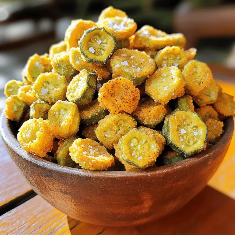 To make crispy fried okra, you need a few simple ingredients. Each one plays a key role in flavor and texture. Here’s the complete list of ingredients: - Fresh Okra: 1 pound, sliced into ½-inch rounds - Buttermilk: 1 cup - Cornmeal: 1 cup - All-Purpose Flour: ½ cup - Seasoning Ingredients: - 1 teaspoon garlic powder - 1 teaspoon onion powder - 1 teaspoon smoked paprika - ½ teaspoon cayenne pepper (optional) - Salt and freshly ground black pepper to taste - Vegetable Oil for Frying: Enough to cover the pan about ½ inch deep Each ingredient ensures your okra is crispy and well-seasoned. The fresh okra gives a nice crunch, while buttermilk adds flavor and moisture. Cornmeal and flour create the perfect coating for frying. The seasoning blends give it that extra kick, making each bite delicious. For the full recipe, check the details above. Start with one pound of fresh okra. Rinse it well under cool water. Slice the okra into ½-inch rounds. Pat the pieces dry with paper towels. This step helps remove moisture for crispiness. Next, place the sliced okra in a medium bowl. Pour one cup of buttermilk over the okra. Mix gently until every piece is coated. Let it soak for about 15 minutes. This will add flavor and tenderize the okra. While the okra soaks, prepare the coating. In a shallow dish, combine one cup of cornmeal and half a cup of all-purpose flour. Add one teaspoon each of garlic powder, onion powder, and smoked paprika. If you like heat, include half a teaspoon of cayenne pepper. Season with salt and freshly ground black pepper to taste. Mix all the ingredients well to ensure even flavor in the coating. Now it's time to fry! In a large skillet, heat enough vegetable oil to cover the bottom, about ½ inch deep. Heat the oil over medium-high heat until it shimmers. While waiting, take a handful of okra from the buttermilk. Let the excess buttermilk drip off. Dredge each piece in the cornmeal mixture. Make sure they are evenly coated. Place the coated okra on a plate. Carefully add the okra to the hot oil in batches. Avoid overcrowding to keep the heat steady. Fry for about 3-4 minutes per side. Look for a golden brown color and a crispy texture. Use a slotted spoon to transfer the fried okra to a paper towel-lined plate. This will help drain excess oil. Season with extra salt if needed. Enjoy your crispy fried okra hot and fresh! For the full recipe, check the section above. To get the best crispiness, start with dry okra. Pat it well with paper towels before soaking. The buttermilk adds flavor and helps the coating stick. Make sure to soak the okra for at least 15 minutes. This step is key to a nice crunch. When you coat the okra, press down a bit to pack on the mixture. Do not overcrowd the pan while frying. This keeps the oil hot and helps each piece cook evenly. For frying, vegetable oil works great. It has a high smoke point and does not add strong flavor. Canola oil is also a good choice. You could even use peanut oil for a nutty touch. Whatever oil you choose, make sure to heat it well. The oil should shimmer but not smoke. This ensures that the okra fries evenly and gets golden brown. One common mistake is not drying the okra enough. Excess moisture can make it soggy. Another mistake is skipping the soaking step. This step helps the flavor soak in. Also, avoid adding too many pieces to the pan at once. This can lower the oil temperature and make them greasy. Lastly, don’t forget to season right after frying. It makes a big difference in taste. For the full recipe, check out the [Full Recipe]. {{image_2}} You can easily boost the flavor of crispy fried okra. Try adding a splash of hot sauce to the buttermilk. It gives a nice kick to the dish. You can also mix in some herbs, like dill or thyme, to the cornmeal. This adds an earthy taste that pairs well with the okra. If you need a gluten-free option, swap the all-purpose flour with a gluten-free flour blend. Rice flour works great too. For the cornmeal, make sure it’s labeled gluten-free. This way, you can enjoy tasty crispy fried okra without worry. Experiment with your favorite spices! For a smoky flavor, use smoked paprika or chipotle powder. If you like it spicy, add more cayenne pepper. You can also go for a sweeter taste with a touch of sugar. Mixing cumin and coriander gives a nice depth of flavor too. Just remember, adjust the seasoning to fit your taste! Check out the full recipe for more tips on making your crispy fried okra delicious every time. To keep your fried okra fresh, place it in an airtight container. Let it cool down first. This helps keep the texture. Store it in the fridge for up to three days. Avoid stacking the pieces too high, as this can make them soggy. When you want to enjoy your leftovers, reheating is key. Preheat your oven to 400°F (200°C). Spread the okra on a baking sheet. Bake for about 10 minutes. This helps restore the crispiness. You can also use an air fryer. Cook at 375°F (190°C) for about 5 minutes for a quick, crispy fix. Want to save some for later? You can freeze fried okra! First, let it cool completely. Spread the pieces on a baking sheet in a single layer. Freeze them for about an hour. Once frozen, transfer them to a freezer bag. This keeps them from sticking together. They can last in the freezer for up to three months. When ready to eat, just reheat straight from the freezer. Enjoy your crispy fried okra anytime! For the full recipe, check out the detailed steps. Fresh okra works best for frying. Look for pods that are firm and smooth. They should have a bright green color. Avoid okra that feels too soft or has brown spots. Fresh okra gives the best texture and flavor. To reduce greasiness, follow these steps: - Dry the okra: Pat the sliced okra with paper towels. This removes extra moisture. - Use the right oil: Choose oils with high smoke points, like canola or peanut oil. - Don’t overcrowd: Fry in small batches to keep the temperature up. This helps the okra stay crispy. - Drain properly: After frying, place the okra on paper towels to absorb oil. Yes, you can use frozen okra, but it may not be as crispy. Thaw and dry the okra well before frying. Frozen okra can be mushy, so try to use fresh for the best results. If using frozen, cut the cooking time slightly. Yes! To make a healthier version, try these tips: - Baking: Instead of frying, coat the okra and bake it at 425°F for about 20 minutes. - Use less oil: Spray the okra lightly with cooking oil instead of deep frying. - Whole grain flour: Substitute all-purpose flour with whole wheat flour for added fiber. I love serving crispy fried okra with ranch dressing. The coolness of ranch pairs well with the heat of the fried okra. You can also try spicy remoulade or a zesty yogurt dip. These sauces add flavor and enhance the dish. For the full recipe, check out the complete guide! Fried okra is a delicious dish made with simple ingredients and easy steps. You learned how to prepare the okra, coat it, and fry it to perfection. Plus, I shared tips for crispiness and common mistakes to avoid. Don’t forget about different flavor options and storage tips for leftovers. Enjoy exploring new ways to make fried okra delicious. With these methods, you can impress family and friends every time you serve it. Happy cooking!
