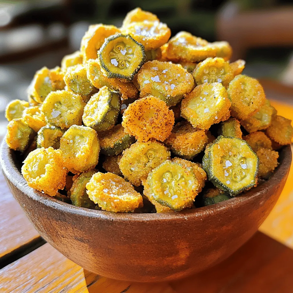 To make crispy fried okra, you need a few simple ingredients. Each one plays a key role in flavor and texture. Here’s the complete list of ingredients: - Fresh Okra: 1 pound, sliced into ½-inch rounds - Buttermilk: 1 cup - Cornmeal: 1 cup - All-Purpose Flour: ½ cup - Seasoning Ingredients: - 1 teaspoon garlic powder - 1 teaspoon onion powder - 1 teaspoon smoked paprika - ½ teaspoon cayenne pepper (optional) - Salt and freshly ground black pepper to taste - Vegetable Oil for Frying: Enough to cover the pan about ½ inch deep Each ingredient ensures your okra is crispy and well-seasoned. The fresh okra gives a nice crunch, while buttermilk adds flavor and moisture. Cornmeal and flour create the perfect coating for frying. The seasoning blends give it that extra kick, making each bite delicious. For the full recipe, check the details above. Start with one pound of fresh okra. Rinse it well under cool water. Slice the okra into ½-inch rounds. Pat the pieces dry with paper towels. This step helps remove moisture for crispiness. Next, place the sliced okra in a medium bowl. Pour one cup of buttermilk over the okra. Mix gently until every piece is coated. Let it soak for about 15 minutes. This will add flavor and tenderize the okra. While the okra soaks, prepare the coating. In a shallow dish, combine one cup of cornmeal and half a cup of all-purpose flour. Add one teaspoon each of garlic powder, onion powder, and smoked paprika. If you like heat, include half a teaspoon of cayenne pepper. Season with salt and freshly ground black pepper to taste. Mix all the ingredients well to ensure even flavor in the coating. Now it's time to fry! In a large skillet, heat enough vegetable oil to cover the bottom, about ½ inch deep. Heat the oil over medium-high heat until it shimmers. While waiting, take a handful of okra from the buttermilk. Let the excess buttermilk drip off. Dredge each piece in the cornmeal mixture. Make sure they are evenly coated. Place the coated okra on a plate. Carefully add the okra to the hot oil in batches. Avoid overcrowding to keep the heat steady. Fry for about 3-4 minutes per side. Look for a golden brown color and a crispy texture. Use a slotted spoon to transfer the fried okra to a paper towel-lined plate. This will help drain excess oil. Season with extra salt if needed. Enjoy your crispy fried okra hot and fresh! For the full recipe, check the section above. To get the best crispiness, start with dry okra. Pat it well with paper towels before soaking. The buttermilk adds flavor and helps the coating stick. Make sure to soak the okra for at least 15 minutes. This step is key to a nice crunch. When you coat the okra, press down a bit to pack on the mixture. Do not overcrowd the pan while frying. This keeps the oil hot and helps each piece cook evenly. For frying, vegetable oil works great. It has a high smoke point and does not add strong flavor. Canola oil is also a good choice. You could even use peanut oil for a nutty touch. Whatever oil you choose, make sure to heat it well. The oil should shimmer but not smoke. This ensures that the okra fries evenly and gets golden brown. One common mistake is not drying the okra enough. Excess moisture can make it soggy. Another mistake is skipping the soaking step. This step helps the flavor soak in. Also, avoid adding too many pieces to the pan at once. This can lower the oil temperature and make them greasy. Lastly, don’t forget to season right after frying. It makes a big difference in taste. For the full recipe, check out the [Full Recipe]. {{image_2}} You can easily boost the flavor of crispy fried okra. Try adding a splash of hot sauce to the buttermilk. It gives a nice kick to the dish. You can also mix in some herbs, like dill or thyme, to the cornmeal. This adds an earthy taste that pairs well with the okra. If you need a gluten-free option, swap the all-purpose flour with a gluten-free flour blend. Rice flour works great too. For the cornmeal, make sure it’s labeled gluten-free. This way, you can enjoy tasty crispy fried okra without worry. Experiment with your favorite spices! For a smoky flavor, use smoked paprika or chipotle powder. If you like it spicy, add more cayenne pepper. You can also go for a sweeter taste with a touch of sugar. Mixing cumin and coriander gives a nice depth of flavor too. Just remember, adjust the seasoning to fit your taste! Check out the full recipe for more tips on making your crispy fried okra delicious every time. To keep your fried okra fresh, place it in an airtight container. Let it cool down first. This helps keep the texture. Store it in the fridge for up to three days. Avoid stacking the pieces too high, as this can make them soggy. When you want to enjoy your leftovers, reheating is key. Preheat your oven to 400°F (200°C). Spread the okra on a baking sheet. Bake for about 10 minutes. This helps restore the crispiness. You can also use an air fryer. Cook at 375°F (190°C) for about 5 minutes for a quick, crispy fix. Want to save some for later? You can freeze fried okra! First, let it cool completely. Spread the pieces on a baking sheet in a single layer. Freeze them for about an hour. Once frozen, transfer them to a freezer bag. This keeps them from sticking together. They can last in the freezer for up to three months. When ready to eat, just reheat straight from the freezer. Enjoy your crispy fried okra anytime! For the full recipe, check out the detailed steps. Fresh okra works best for frying. Look for pods that are firm and smooth. They should have a bright green color. Avoid okra that feels too soft or has brown spots. Fresh okra gives the best texture and flavor. To reduce greasiness, follow these steps: - Dry the okra: Pat the sliced okra with paper towels. This removes extra moisture. - Use the right oil: Choose oils with high smoke points, like canola or peanut oil. - Don’t overcrowd: Fry in small batches to keep the temperature up. This helps the okra stay crispy. - Drain properly: After frying, place the okra on paper towels to absorb oil. Yes, you can use frozen okra, but it may not be as crispy. Thaw and dry the okra well before frying. Frozen okra can be mushy, so try to use fresh for the best results. If using frozen, cut the cooking time slightly. Yes! To make a healthier version, try these tips: - Baking: Instead of frying, coat the okra and bake it at 425°F for about 20 minutes. - Use less oil: Spray the okra lightly with cooking oil instead of deep frying. - Whole grain flour: Substitute all-purpose flour with whole wheat flour for added fiber. I love serving crispy fried okra with ranch dressing. The coolness of ranch pairs well with the heat of the fried okra. You can also try spicy remoulade or a zesty yogurt dip. These sauces add flavor and enhance the dish. For the full recipe, check out the complete guide! Fried okra is a delicious dish made with simple ingredients and easy steps. You learned how to prepare the okra, coat it, and fry it to perfection. Plus, I shared tips for crispiness and common mistakes to avoid. Don’t forget about different flavor options and storage tips for leftovers. Enjoy exploring new ways to make fried okra delicious. With these methods, you can impress family and friends every time you serve it. Happy cooking!