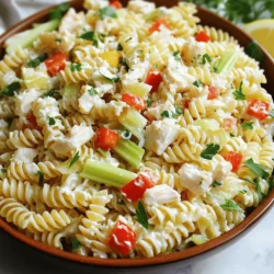 To make a tasty Creamy Crab Pasta Salad, you will need these main ingredients: - 8 oz pasta (pennette or fusilli work well) - 1 cup crab meat (fresh or canned, drained) - 1/2 cup mayonnaise - 1/4 cup Greek yogurt - 1 tablespoon Dijon mustard - 1 tablespoon lemon juice - 1/2 cup celery, finely chopped - 1/4 cup red bell pepper, finely chopped - 1/4 cup green onions, sliced - 1 teaspoon Old Bay seasoning - Salt and pepper to taste - Fresh parsley, chopped (for garnish) These ingredients create a creamy, savory mix that brings out the crab's flavor. The pasta gives it a nice base, while the veggies add crunch. You can change the salad to fit your taste. Consider adding: - Diced cucumber for extra crunch - Chopped dill pickles for a tangy kick - Avocado for creaminess - Cherry tomatoes for sweetness - A splash of hot sauce for heat Feel free to mix and match. This salad allows for your creativity. To prepare this salad, gather these tools: - Large pot for cooking pasta - Mixing bowls (one large, one medium) - Whisk for making the dressing - Colander for draining pasta - Knife and cutting board for chopping veggies Having these tools ready will make your cooking process smooth and easy. Enjoy making this delightful dish! Don’t forget to check the Full Recipe for more details. To start, fill a large pot with salted water and bring it to a boil. Add 8 oz of pasta. Pennette or fusilli works best for this salad. Cook the pasta until it's al dente, about 8-10 minutes. Drain it well and rinse under cold water. This cools the pasta down and stops the cooking. Grab a medium bowl. In it, mix together 1/2 cup mayonnaise, 1/4 cup Greek yogurt, 1 tablespoon Dijon mustard, and 1 tablespoon lemon juice. Add 1 teaspoon of Old Bay seasoning for that classic crab flavor. Whisk until everything is smooth and well blended. Taste and adjust with salt and pepper if needed. In a large mixing bowl, combine the cooled pasta, 1 cup of crab meat, 1/2 cup finely chopped celery, 1/4 cup finely chopped red bell pepper, and 1/4 cup sliced green onions. Pour the dressing over the ingredients. Gently fold them together until all is coated. Cover the bowl with plastic wrap and refrigerate it for at least 30 minutes. This chilling time lets the flavors meld and intensify. You can find the full recipe for extra details. For a great dressing, mix mayonnaise and Greek yogurt. This mix gives a creamy feel. Add Dijon mustard for a slight bite. Lemon juice adds brightness to balance the creaminess. Use Old Bay seasoning for that classic crab flavor. Taste the dressing and adjust the salt and pepper. A perfect dressing enhances the pasta salad. Serve the salad in a big bowl or in smaller dishes. Top with extra chopped parsley for color. You can add lemon wedges on the side. This adds a fresh touch. For a fun twist, serve with crispy breadsticks. This makes your meal feel special. Remember, presentation matters for a dish like this! After enjoying your salad, store it in an airtight container. This keeps it fresh in the fridge. It can last for about three days. If the salad seems dry later, add a bit of dressing. Stir well before serving again. This helps keep the flavors strong. Enjoy every bite of your creamy crab pasta salad! For the full recipe, check the earlier section. {{image_2}} You can easily boost the nutrition of your creamy crab pasta salad. Try adding extra vegetables. Some great options include: - Cherry tomatoes: Halve them for a sweet burst. - Cucumber: Dice it for a crunchy texture. - Carrots: Shred them for a pop of color. Each adds its own flavor and crunch. Mix and match based on what you enjoy and have on hand. If crab is not your first choice, you can swap proteins. Here are some great alternatives: - Shrimp: Cooked shrimp adds a fresh taste. - Chicken: Shredded rotisserie chicken makes it hearty. - Tuna: Canned tuna is a quick and easy option. These proteins can change the dish while keeping it delicious. Choose what suits your taste. You can adjust the flavors to make the salad your own. Here are some tips: - Herbs: Fresh dill or basil can enhance the taste. - Spices: A dash of cayenne pepper adds heat. - Zest: Lemon or lime zest brightens the dressing. Experiment with these ideas until you find your perfect blend. For the full recipe, check out the original details. This creamy crab pasta salad features simple, fresh ingredients. Here’s what you need: - 8 oz pasta (pennette or fusilli work well) - 1 cup crab meat (fresh or canned, drained) - 1/2 cup mayonnaise - 1/4 cup Greek yogurt - 1 tablespoon Dijon mustard - 1 tablespoon lemon juice - 1/2 cup celery, finely chopped - 1/4 cup red bell pepper, finely chopped - 1/4 cup green onions, sliced - 1 teaspoon Old Bay seasoning - Salt and pepper to taste - Fresh parsley, chopped (for garnish) Each of these ingredients brings its own flavor and nutrition. The pasta serves as a filling base. The crab adds protein and a sweet taste. Mayonnaise and yogurt create a creamy texture. Vegetables add crunch and color. A serving of this creamy crab pasta salad contains about 300-350 calories. This can vary based on the exact amount of ingredients you use. The pasta and crab are the main sources of calories. The dressing with mayonnaise and yogurt also contributes. If you want to lower the calories, you can reduce the mayonnaise or use a lighter version. However, keep in mind that it may change the creaminess of the dish. This recipe offers several health benefits: - Crab Meat: It is low in fat and high in protein. It also contains essential minerals, like zinc and selenium. - Greek Yogurt: This ingredient adds probiotics, which help gut health. It is also lower in fat than sour cream. - Vegetables: Celery and bell peppers provide vitamins A and C. They also add fiber, which is great for digestion. - Lemon Juice: This adds a fresh flavor while providing vitamin C, which boosts the immune system. Incorporating these ingredients creates a balanced dish that is both tasty and nutritious. To find the complete recipe, refer to the Full Recipe. Yes, you can use frozen crab meat. Just make sure to thaw it first. Drain any extra water after thawing. This ensures your salad remains creamy and not watery. Frozen crab meat tastes great and is easy to find. It adds the same delicious flavor as fresh crab. Creamy crab pasta salad lasts about three to four days in the fridge. Store it in an airtight container to keep it fresh. If you see any signs of spoilage, like a bad smell or change in color, throw it away. It’s best to eat it within those days for the best flavor and texture. Pasta shapes like pennette or fusilli work best for this salad. Their shapes hold the dressing and add texture. You can also try rotini or shells for variety. Just avoid long pasta types like spaghetti, as they don't mix well in salads. Choose a pasta that you love, and enjoy! For the full recipe, check out the [Full Recipe]. You learned how to make a creamy crab pasta salad. We discussed key ingredients and tools you need. Cooking steps provided clear guidance, ensuring you can create a tasty dish. You also received tips on perfecting the dressing and storing leftovers. Remember, this salad is versatile. Feel free to add veggies or try different proteins. Consider the nutritional value for a healthier meal. Enjoy this delightful dish at your next gathering!