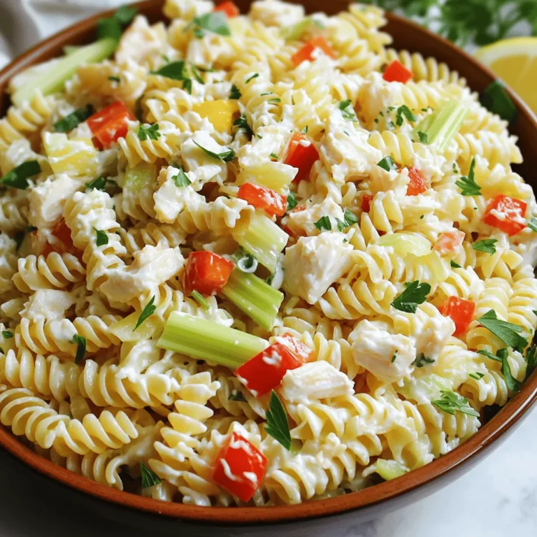 To make a tasty Creamy Crab Pasta Salad, you will need these main ingredients: - 8 oz pasta (pennette or fusilli work well) - 1 cup crab meat (fresh or canned, drained) - 1/2 cup mayonnaise - 1/4 cup Greek yogurt - 1 tablespoon Dijon mustard - 1 tablespoon lemon juice - 1/2 cup celery, finely chopped - 1/4 cup red bell pepper, finely chopped - 1/4 cup green onions, sliced - 1 teaspoon Old Bay seasoning - Salt and pepper to taste - Fresh parsley, chopped (for garnish) These ingredients create a creamy, savory mix that brings out the crab's flavor. The pasta gives it a nice base, while the veggies add crunch. You can change the salad to fit your taste. Consider adding: - Diced cucumber for extra crunch - Chopped dill pickles for a tangy kick - Avocado for creaminess - Cherry tomatoes for sweetness - A splash of hot sauce for heat Feel free to mix and match. This salad allows for your creativity. To prepare this salad, gather these tools: - Large pot for cooking pasta - Mixing bowls (one large, one medium) - Whisk for making the dressing - Colander for draining pasta - Knife and cutting board for chopping veggies Having these tools ready will make your cooking process smooth and easy. Enjoy making this delightful dish! Don’t forget to check the Full Recipe for more details. To start, fill a large pot with salted water and bring it to a boil. Add 8 oz of pasta. Pennette or fusilli works best for this salad. Cook the pasta until it's al dente, about 8-10 minutes. Drain it well and rinse under cold water. This cools the pasta down and stops the cooking. Grab a medium bowl. In it, mix together 1/2 cup mayonnaise, 1/4 cup Greek yogurt, 1 tablespoon Dijon mustard, and 1 tablespoon lemon juice. Add 1 teaspoon of Old Bay seasoning for that classic crab flavor. Whisk until everything is smooth and well blended. Taste and adjust with salt and pepper if needed. In a large mixing bowl, combine the cooled pasta, 1 cup of crab meat, 1/2 cup finely chopped celery, 1/4 cup finely chopped red bell pepper, and 1/4 cup sliced green onions. Pour the dressing over the ingredients. Gently fold them together until all is coated. Cover the bowl with plastic wrap and refrigerate it for at least 30 minutes. This chilling time lets the flavors meld and intensify. You can find the full recipe for extra details. For a great dressing, mix mayonnaise and Greek yogurt. This mix gives a creamy feel. Add Dijon mustard for a slight bite. Lemon juice adds brightness to balance the creaminess. Use Old Bay seasoning for that classic crab flavor. Taste the dressing and adjust the salt and pepper. A perfect dressing enhances the pasta salad. Serve the salad in a big bowl or in smaller dishes. Top with extra chopped parsley for color. You can add lemon wedges on the side. This adds a fresh touch. For a fun twist, serve with crispy breadsticks. This makes your meal feel special. Remember, presentation matters for a dish like this! After enjoying your salad, store it in an airtight container. This keeps it fresh in the fridge. It can last for about three days. If the salad seems dry later, add a bit of dressing. Stir well before serving again. This helps keep the flavors strong. Enjoy every bite of your creamy crab pasta salad! For the full recipe, check the earlier section. {{image_2}} You can easily boost the nutrition of your creamy crab pasta salad. Try adding extra vegetables. Some great options include: - Cherry tomatoes: Halve them for a sweet burst. - Cucumber: Dice it for a crunchy texture. - Carrots: Shred them for a pop of color. Each adds its own flavor and crunch. Mix and match based on what you enjoy and have on hand. If crab is not your first choice, you can swap proteins. Here are some great alternatives: - Shrimp: Cooked shrimp adds a fresh taste. - Chicken: Shredded rotisserie chicken makes it hearty. - Tuna: Canned tuna is a quick and easy option. These proteins can change the dish while keeping it delicious. Choose what suits your taste. You can adjust the flavors to make the salad your own. Here are some tips: - Herbs: Fresh dill or basil can enhance the taste. - Spices: A dash of cayenne pepper adds heat. - Zest: Lemon or lime zest brightens the dressing. Experiment with these ideas until you find your perfect blend. For the full recipe, check out the original details. This creamy crab pasta salad features simple, fresh ingredients. Here’s what you need: - 8 oz pasta (pennette or fusilli work well) - 1 cup crab meat (fresh or canned, drained) - 1/2 cup mayonnaise - 1/4 cup Greek yogurt - 1 tablespoon Dijon mustard - 1 tablespoon lemon juice - 1/2 cup celery, finely chopped - 1/4 cup red bell pepper, finely chopped - 1/4 cup green onions, sliced - 1 teaspoon Old Bay seasoning - Salt and pepper to taste - Fresh parsley, chopped (for garnish) Each of these ingredients brings its own flavor and nutrition. The pasta serves as a filling base. The crab adds protein and a sweet taste. Mayonnaise and yogurt create a creamy texture. Vegetables add crunch and color. A serving of this creamy crab pasta salad contains about 300-350 calories. This can vary based on the exact amount of ingredients you use. The pasta and crab are the main sources of calories. The dressing with mayonnaise and yogurt also contributes. If you want to lower the calories, you can reduce the mayonnaise or use a lighter version. However, keep in mind that it may change the creaminess of the dish. This recipe offers several health benefits: - Crab Meat: It is low in fat and high in protein. It also contains essential minerals, like zinc and selenium. - Greek Yogurt: This ingredient adds probiotics, which help gut health. It is also lower in fat than sour cream. - Vegetables: Celery and bell peppers provide vitamins A and C. They also add fiber, which is great for digestion. - Lemon Juice: This adds a fresh flavor while providing vitamin C, which boosts the immune system. Incorporating these ingredients creates a balanced dish that is both tasty and nutritious. To find the complete recipe, refer to the Full Recipe. Yes, you can use frozen crab meat. Just make sure to thaw it first. Drain any extra water after thawing. This ensures your salad remains creamy and not watery. Frozen crab meat tastes great and is easy to find. It adds the same delicious flavor as fresh crab. Creamy crab pasta salad lasts about three to four days in the fridge. Store it in an airtight container to keep it fresh. If you see any signs of spoilage, like a bad smell or change in color, throw it away. It’s best to eat it within those days for the best flavor and texture. Pasta shapes like pennette or fusilli work best for this salad. Their shapes hold the dressing and add texture. You can also try rotini or shells for variety. Just avoid long pasta types like spaghetti, as they don't mix well in salads. Choose a pasta that you love, and enjoy! For the full recipe, check out the [Full Recipe]. You learned how to make a creamy crab pasta salad. We discussed key ingredients and tools you need. Cooking steps provided clear guidance, ensuring you can create a tasty dish. You also received tips on perfecting the dressing and storing leftovers. Remember, this salad is versatile. Feel free to add veggies or try different proteins. Consider the nutritional value for a healthier meal. Enjoy this delightful dish at your next gathering!