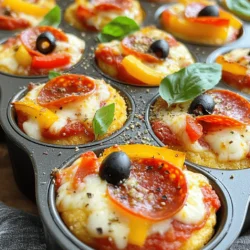 - 1 can (16 oz) refrigerated pizza dough - 1 cup marinara sauce - 1 ½ cups shredded mozzarella cheese - ½ cup sliced pepperoni - ¼ cup chopped bell peppers (red or green) - ¼ cup sliced black olives - 1 teaspoon dried oregano - 1 teaspoon garlic powder - Cooking spray - Fresh basil leaves for garnish (optional) What can I use instead of pizza dough? You can use puff pastry, biscuit dough, or even naan bread. Each option brings a unique taste and texture. What cheese can I use? If you want to switch it up, try cheddar, provolone, or a blend of cheeses. This gives your cupcakes a rich flavor. Can I add more veggies? Absolutely! Spinach, mushrooms, or zucchini can add great taste. Mix and match to find your favorite combo. These mini deep dish pizza cupcakes are easy to make. You can find the full recipe above. Enjoy every bite! - Preheat your oven to 400°F (200°C). - Prepare the muffin tin with cooking spray. Start by heating your oven. This ensures even cooking. While the oven warms, grab your muffin tin. Spray it with cooking spray. This helps the pizzas come out easily after baking. - Rolling out pizza dough and cutting circles. - Assembling fillings in dough cups. Next, roll out the pizza dough. Use a lightly floured surface. Aim for about ¼ inch thick. Cut circles, about 4 inches in diameter, using a large cookie cutter or glass. Now it’s time to put the dough in the muffin tin. Gently press each circle into the cups. Make sure to cover the bottom and sides well. Once the dough is ready, fill each cup. Spoon in a tablespoon of marinara sauce. Add about 2 tablespoons of shredded mozzarella cheese next. Then, layer on the pepperoni, bell peppers, and black olives. Top off with a little more cheese. Finally, sprinkle dried oregano and garlic powder on top. - Baking times and temperature considerations. - Tips for achieving golden-brown crust. Place the muffin tin in your preheated oven. Bake for about 15-18 minutes. Watch for a golden-brown color and bubbly cheese. To get that perfect crust, avoid opening the oven door too often. This keeps the heat in. When they are done, let the cupcakes cool for a few minutes. Gently lift them out of the tin. Enjoy them warm for the best taste! For the full recipe, check out the complete guide to make these delightful mini deep dish pizza cupcakes. To get the best mini deep dish pizza cupcakes, follow these tips. First, ensure even baking. Place your muffin tin in the center of the oven. This allows hot air to circulate all around. Rotate the pan halfway through baking for even color. This simple step prevents some cupcakes from burning while others remain undercooked. Next, cheese overflow can ruin the fun. Use just the right amount of cheese. I suggest about two tablespoons in each cup. This amount gives you gooey cheese without the mess. If you do see cheese bubbling over, you can use a baking sheet under the tin. It catches any drips and keeps your oven clean. These pizza cupcakes are fun to serve! Pair them with dips like ranch or marinara. A fresh salad on the side adds color and crunch. For a fun touch, you can stack them on a stand, so they look like a tower of pizza joy. You can also use cute cupcake liners to make them pop on any table. Avoid overfilling the cups. It’s tempting to pack in more toppings, but too much can cause spills. Stick to a few toppings per cupcake. This keeps them neat and tasty. Another common mistake is using cold ingredients. Always let your cheese and sauce sit at room temperature. Cold ingredients can make the dough tough. Warm ingredients help everything blend perfectly. For the full recipe, check out [Full Recipe]. {{image_2}} There are many ways to mix flavors in mini deep dish pizza cupcakes. For a vegetarian option, skip the meat. Use extra veggies like mushrooms, spinach, or zucchini. These add taste and color. You can also use different herbs. Try basil or thyme for a fresh twist. If you want a spicy kick, add jalapeños. Slice them thin and sprinkle them on top. They will give your cupcakes a nice heat. You can also try spicy sausage for a meaty option. Just be ready for the extra spice! The fillings give you a lot of room to be creative. Think about using different meats. For example, cooked sausage or diced ham can change the flavor. You can even mix meats for a fun surprise. Cheese is another fun area to explore. Instead of just mozzarella, try cheddar or provolone. Mixing these can give your cupcakes a rich taste. You can also blend in some cream cheese for a creamy texture. Not everyone can eat regular dough or cheese. For gluten-free dough, look for pre-made options in stores. You can even make your own with gluten-free flour. Just follow a recipe for best results. For those who avoid dairy, there are many cheese options. Look for dairy-free cheese brands that melt well. They can taste great in your mini deep dish pizza cupcakes. Always check the labels to make sure they fit your needs. You can find the full recipe for these delightful treats to try out all these variations! After you enjoy your mini deep dish pizza cupcakes, store any leftovers. Place them in an airtight container. Use parchment paper to separate layers if needed. Refrigerate them right away. They stay fresh for up to three days. To reheat, use your oven for the best results. Preheat it to 350°F (175°C). Place the cupcakes on a baking sheet. Heat for about 10-15 minutes until warm. You can also use a microwave. Just heat for 30 seconds at a time until hot. You can freeze these cupcakes before or after baking. If freezing before baking, assemble them fully. Cover the muffin tin with plastic wrap. Freeze for up to two months. When ready to bake, remove the wrap. Bake straight from the freezer. Just add a few extra minutes to the baking time. If you freeze them after baking, let them cool first. Then place them in a container. They will last for about two months in the freezer. To thaw, move them to the fridge overnight. Reheat as mentioned above. This keeps the taste fresh and yummy. For the full recipe, check out the detailed steps provided above. Mini deep dish pizza cupcakes are small, tasty bites that mix pizza and cupcake styles. They use pizza dough to create a cup shape, holding all the classic pizza toppings. Unlike traditional pizza, which has a flat crust, these cupcakes have a thicker crust that is soft inside and crispy outside. Each cupcake is filled with marinara sauce, cheese, and your favorite toppings, making them fun and easy to eat. You can keep leftovers in the fridge for up to 3 days. Store them in an airtight container to keep them fresh. If you want to save them longer, consider freezing the cupcakes. They can stay good in the freezer for up to 2 months. Yes, you can prepare the cupcakes ahead of time. You can assemble them and store them in the fridge for up to 24 hours before baking. If you want to freeze them, do so before you bake. Just thaw them in the fridge and bake when you’re ready to enjoy. Absolutely! Mini deep dish pizza cupcakes are perfect for parties and gatherings. They are easy to serve and fun for guests to eat. You can place them on a platter for a buffet-style meal. Offer a variety of toppings to please everyone. If you love mini deep dish pizza cupcakes, you can find more recipes online or in cookbooks. Look for websites that focus on quick and easy meals. You can also explore blogs that specialize in fun and unique pizza recipes. For a full recipe, check out the Mini Deep Dish Pizza Cupcakes recipe. In this post, we explored how to make delicious mini deep dish pizza cupcakes using simple ingredients. We discussed substitutions, preparation steps, and baking tips to help you create a perfect dish. I shared ways to avoid common mistakes and suggested various flavors and fillings. Remember these cupcakes are great for parties or a fun family meal. Try different combinations to make your own unique recipe. Enjoy your cooking adventure, and let these cupcakes bring joy to your table!