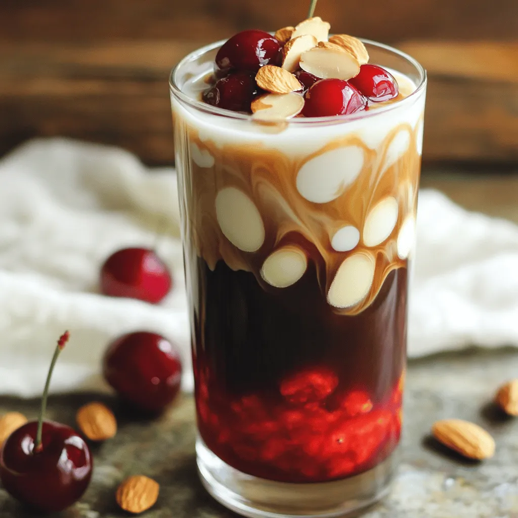 To make Cherry Almond Cold Brew, you'll need some key ingredients. Here’s what you will gather: - 1 cup coarsely ground coffee - 4 cups cold water - 1 cup cherries, pitted and halved - 1/4 cup almond milk (or more to taste) - 1 tablespoon almond extract - 2 tablespoons honey or agave syrup (optional) These ingredients work together to create a refreshing drink. The coarsely ground coffee gives a smooth base. Cold water helps in brewing the coffee without heat. The cherries add a burst of flavor, while almond milk gives creaminess. Almond extract enhances the nutty notes. You can sweeten the drink with honey or agave syrup if you like. Gather these items before you start. This will make the process easier. Enjoy the vibrant flavors of this cold brew! For the full recipe, check the details above. To start, combine the coarsely ground coffee and cold water. Use a large jar or pitcher for this. Stir well to ensure all the coffee grounds get wet. This step is key for a rich flavor. Next, steep the coffee in the refrigerator. Let it sit for 12 to 24 hours. The longer it sits, the stronger it becomes. After steeping, strain the coffee using a fine mesh sieve or coffee filter. This step removes the grounds, leaving you with nice, smooth cold brew. Now, let’s prepare the cherry mixture. Take your pitted cherries and mash them slightly in a bowl. This helps release their sweet juices. If you like, mix in honey or agave syrup to sweeten the cherries. This adds a nice touch of flavor. For the final assembly, fill a glass with ice. Pour about 1/2 cup of your cold brew over the ice. Next, add the cherry mixture and stir gently. This helps combine the flavors without losing the pretty cherry swirls. Now it’s time for the almond milk. Drizzle it over the top, along with the almond extract. Adjust the almond milk to suit your taste. Finally, garnish your drink with sliced almonds and a few whole cherries. This adds a nice crunch and a pop of color. For the complete recipe, check out the [Full Recipe]. Enjoy your Cherry Almond Cold Brew! - Adjusting sweetness levels: You can customize the sweetness based on your taste. I like to start with one tablespoon of honey or agave syrup. Taste it, and then add more if you like it sweeter. Remember, the cherries also add some natural sweetness. - Choosing the right coffee roast: A medium roast works best. It has a nice balance of flavor that pairs well with cherries and almond. Avoid dark roasts, as they may overpower the fruity notes. - Recommended ratios of almond milk and almond extract: I suggest using 1/4 cup of almond milk for a creamy texture. For almond extract, one tablespoon gives a nice hint without being too strong. Adjust these amounts to suit your taste. - Over-steeping the coffee: If you let your coffee steep too long, it can get bitter. Stick to the 12- to 24-hour range. I find 16 hours gives the best balance. - Improperly straining the brew: Use a fine mesh sieve or coffee filter. This step is key to getting smooth cold brew. If you skip it, you’ll end up with gritty coffee. - Skipping the garnish: Garnishes add a lovely touch. Sliced almonds and fresh cherries on top make the drink pop. They also add a nice crunch and extra flavor. Don't skip this step! For more detailed steps and the full recipe, check out the Cherry Almond Cold Brew recipe. {{image_2}} You can easily make this drink dairy-free. Simply swap almond milk for other non-dairy milks. Oat milk offers a creamy taste. Coconut milk brings a tropical twist. Soy milk is another popular choice. Each milk adds its own flavor, so try them all! When you use different milks, you might want to adjust the flavors. If the milk is sweet, cut back on honey. If it’s plain, add a bit more almond extract. Play with flavors until it’s just right for you. Want to enhance the taste even more? Try adding vanilla extract or coconut flakes. Vanilla adds warmth and depth. Coconut gives a fun, sweet touch. You can mix both for a unique flavor. Don’t stop at regular cherries! Use different types like Bing or Rainier. They each have unique tastes and sweetness levels. Mixing cherry types can create a fun, layered flavor. Always feel free to get creative and make this drink yours! To keep your cherry almond cold brew fresh, use a sealed glass jar. Store it in the fridge. This will help keep the flavors bright. Cold brew can last up to two weeks in the fridge. After that, the taste may start to fade. Always check for any off smells before you drink it. If you want to save some cold brew for later, freezing is a great option. Pour the cold brew into ice cube trays. This way, you can make coffee ice cubes. These cubes are perfect for chilling drinks without watering them down. When you're ready to use them, just pop them in your drink. You can also blend the cubes into smoothies for a tasty kick. For cold brew, I recommend using coarsely ground coffee. This grind helps create a smooth flavor. Some great brands include: - Death Wish Coffee: Known for its bold taste. - Peet's Coffee: Offers a rich, smooth flavor. - Stumptown Coffee Roasters: Great for a balanced cup. These brands provide a nice kick and blend well with the cherry and almond flavors. Yes, you can use frozen cherries! They work well for this drink. Frozen cherries can add a nice chill to your cold brew. They also bring a sweeter flavor. Just remember to thaw them a bit before mashing. This helps release their juices. To enhance the flavor and strength of your cold brew, try these tips: - Use more coffee grounds. A 1:3 coffee-to-water ratio can boost the flavor. - Extend the steeping time. Letting it steep for 24 hours gives a richer taste. - Add a touch more almond extract. It can deepen the almond flavor. These steps will make your drink more robust and satisfying. You can find Cherry Almond Cold Brew at various coffee shops and stores. Some suggested brands to look out for include: - Starbucks: Often has seasonal flavors. - Dunkin': Check for special blends. - Local coffee roasters: Many offer unique flavors. You can also make your own at home using the Full Recipe. This way, you control the flavors and ingredients! You have learned how to make Cherry Almond Cold Brew step by step. We covered key ingredients like coffee, cherries, and almond milk. You now know how to brew, prepare, and assemble the drink perfectly. Remember to avoid common mistakes like over-steeping. You can even play with flavors and storage options. Enjoy experimenting with this fun drink! Cheers to your new favorite cold brew!