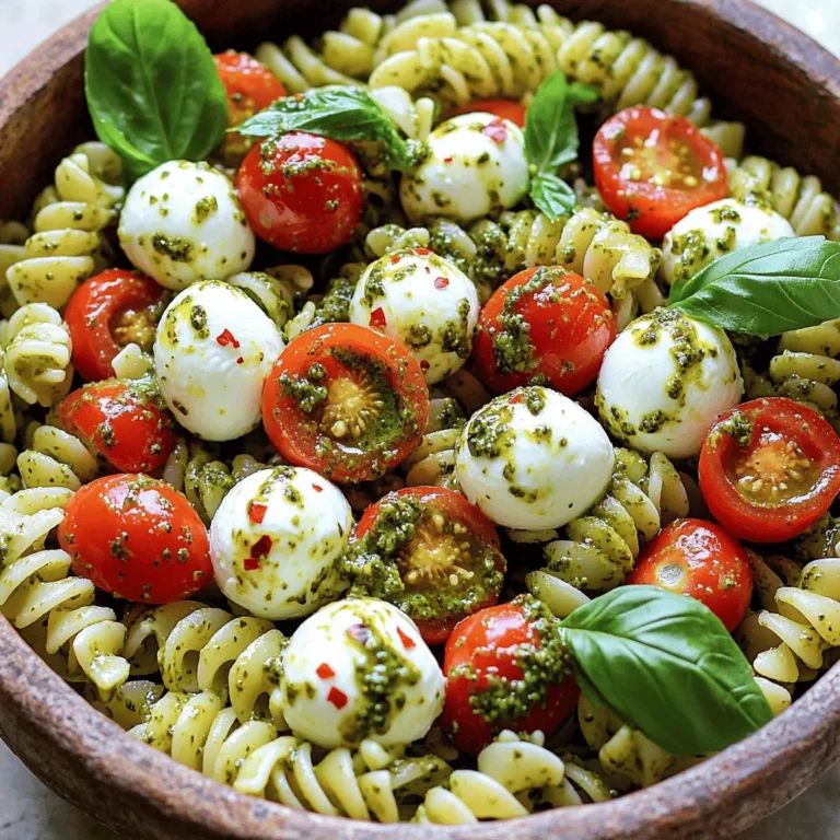To make a creamy pesto caprese pasta salad, you need the following ingredients: - 12 oz. rotini pasta - 1 cup cherry tomatoes, halved - 8 oz. fresh mozzarella balls, halved - 1 cup fresh basil leaves, roughly chopped - 1/2 cup creamy pesto - 1/4 cup olive oil - 1 tablespoon lemon juice - Salt and pepper to taste - Pinch of red pepper flakes (optional) These ingredients come together to create a fresh and flavorful dish. Using high-quality ingredients makes a big difference. Choose fresh mozzarella for a creamy texture. Look for ripe cherry tomatoes that burst with flavor. Fresh basil adds a bright taste that elevates the dish. Use extra virgin olive oil for its rich flavor. If you can, make your own creamy pesto. It allows you to control the taste and freshness. You can make swaps based on what you have. If you don’t have rotini pasta, use penne or farfalle. For basil, try spinach or arugula if you want a new taste. If you can’t find fresh mozzarella, use diced feta or goat cheese. You can use store-bought pesto if you are short on time. Just check the label for quality. Start by boiling water in a large pot. Add a pinch of salt to the water. Once it boils, add 12 oz. of rotini pasta. Cook until it is al dente, which usually takes about 8-10 minutes. Stir the pasta occasionally to keep it from sticking. After cooking, drain the pasta in a colander. Rinse it under cold water. This stops the cooking and cools the pasta quickly. In a small bowl, combine 1/2 cup of creamy pesto, 1/4 cup of olive oil, and 1 tablespoon of lemon juice. Add salt and pepper to taste. If you like a bit of heat, add a pinch of red pepper flakes. Whisk these ingredients together until they blend well. This sauce will bring a rich flavor to your pasta salad. In a large mixing bowl, add the cooled pasta. Toss in 1 cup of halved cherry tomatoes and 8 oz. of halved fresh mozzarella balls. Pour the pesto sauce over the pasta mix. Gently toss everything together until the pasta is well coated. Just before serving, add 1 cup of roughly chopped fresh basil leaves and fold them in. This keeps the basil fresh and bright. Adjust the seasoning if needed. Serve the salad chilled or at room temperature for the best taste. For the complete details on how to make this dish, check the Full Recipe. To make your pasta salad creamy, use high-quality creamy pesto. This adds rich flavor. You can add a touch more olive oil for extra creaminess. If you want, mix in a bit of sour cream or Greek yogurt. These will give your salad a nice tang and smooth texture. Always toss your salad gently to keep it light and fluffy. Fresh ingredients make all the difference. Use ripe cherry tomatoes and fresh mozzarella for the best taste. Look for basil leaves that are bright green and fragrant. To keep everything fresh, mix the salad just before serving. If you need to prepare it ahead of time, store the pesto mixture separately. Add it in right before you eat. Serve your pasta salad chilled for a refreshing bite. You can sprinkle some extra basil on top for a nice touch. A light drizzle of olive oil just before serving can enhance flavors. Pair it with grilled chicken or crusty bread for a complete meal. This salad also works great as a side dish at picnics or barbecues. Check out the Full Recipe for more details. {{image_2}} You can boost your creamy pesto caprese pasta salad by adding protein. Chicken is a great choice. Grilled or roasted chicken adds a nice texture and flavor. If you prefer seafood, shrimp works well, too. Cook it quickly in a pan for a juicy bite. For a plant-based option, use tofu. Marinate it in some pesto for extra taste before adding. Each protein option brings its own flair to the dish. Mixing in seasonal vegetables can enhance your pasta salad. Try adding bell peppers for crunch. Zucchini or asparagus gives a fresh touch, too. You can roast or grill these veggies for more flavor. Spinach or arugula adds a nice green note. These additions not only bring color but also make the salad more nutritious. While rotini is a tasty choice, feel free to experiment with other pasta types. Penne or farfalle can also hold the creamy pesto well. If you're feeling adventurous, try whole wheat or gluten-free pasta. Each type offers a unique texture and flavor profile. Choose what you like best to make this salad truly yours. You can find the full recipe to create this delicious dish above. To keep your creamy pesto caprese pasta salad fresh, you need to store it properly. First, let the salad cool down to room temperature. Placing hot food in the fridge can raise the temperature inside. After cooling, transfer the salad into an airtight container. This helps keep out air and moisture, which can spoil the dish. If you can, add a piece of plastic wrap directly on the salad before sealing the container. This extra layer adds protection. For best results, use glass containers or BPA-free plastic ones. Glass is great because it does not stain and is easy to clean. If you use plastic, make sure it is high-quality and safe for food storage. Avoid containers that have scratches, as they can hold onto bacteria. Also, choose containers that are the right size. You want to minimize air space to keep the salad fresh. When stored correctly, creamy pesto caprese pasta salad can last up to three days in the fridge. After that, the ingredients may start to lose their quality. You might notice the pasta becoming mushy or the basil wilting. Always check for any off smells or changes in color before eating. If you have any doubts, it's best to toss it out. Enjoy your delicious salad while it's fresh! For the full recipe, visit the recipe section. Yes, you can use store-bought pesto for this salad. It saves time and still tastes great. Look for a creamy pesto that fits your flavor. You can find many brands that offer tasty options. If you prefer homemade, it’s easy to make too. Just blend basil, garlic, nuts, cheese, and oil. This recipe is not gluten-free with regular rotini. However, you can make it gluten-free easily. Just swap the rotini with gluten-free pasta. Many brands now offer great gluten-free options. Cook them just like regular pasta, and you will enjoy the same yummy taste. The recipe is already vegetarian! It includes fresh vegetables and cheese. If you want to keep it vegetarian, just avoid adding any meat. This dish is rich in flavor and colors from the herbs and veggies. You can even add more veggies for extra crunch. For the full recipe, check the details provided. This blog post covers making a creamy pesto Caprese pasta salad. We talked about essential ingredients and tips for freshness and flavor. You learned how to cook the pasta and prepare the pesto. We also explored variations with protein and veggies. Finally, we discussed storage to keep your salad fresh. Enjoy this simple and tasty dish. It's a great way to impress friends and family.