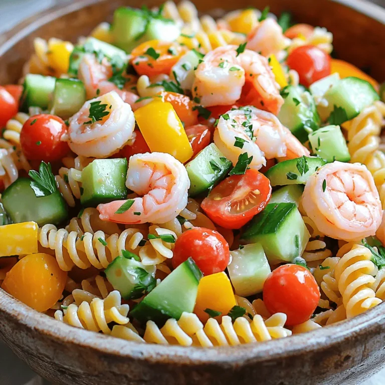 To make a delightful Shrimp Pasta Salad with Italian Dressing, gather these fresh ingredients: - 8 oz rotini pasta - 1 lb shrimp, peeled and deveined - 1 cup cherry tomatoes, halved - 1 cup cucumber, diced - ½ cup bell pepper, diced - ¼ cup red onion, finely chopped - 1 cup Italian dressing (store-bought or homemade) - 2 tablespoons lemon juice - 1 teaspoon garlic powder - Salt and pepper to taste - Fresh parsley or basil for garnish These ingredients create a colorful and tasty salad. The rotini pasta holds the dressing well. The shrimp adds protein, while the veggies give crunch and flavor. You can use any bell pepper you like. Cherry tomatoes bring a burst of sweetness. When choosing your Italian dressing, look for one with good flavor. You can make it at home if you prefer. Just mix olive oil, vinegar, herbs, and spices. The lemon juice adds a bright touch to the dish. Garnishing with fresh herbs like parsley or basil makes the salad look pretty. It also adds a fresh taste. You’ll love how easy it is to combine these ingredients for a tasty meal. For detailed steps and cooking tips, check out the Full Recipe. To start, boil water in a large pot. Add a pinch of salt. This helps the pasta taste better. Next, cook the rotini pasta according to the package instructions until it is al dente, or firm to the bite. This usually takes about 8 to 10 minutes. Once cooked, drain the pasta in a colander. Rinsing it under cold water stops the cooking process. It helps keep the pasta from getting sticky. Set it aside while you prepare the shrimp. Now, let’s cook the shrimp. Heat a skillet over medium heat and add a splash of olive oil. When the oil is hot, add the shrimp. Cook them for 2 to 3 minutes on each side. You know they are done when they turn pink and opaque. While they cook, sprinkle garlic powder, salt, and pepper on them for extra flavor. Once cooked, remove the shrimp from heat and let them cool. In a large mixing bowl, combine the cooled rotini pasta, cooked shrimp, cherry tomatoes, cucumber, bell pepper, and red onion. This mix adds bright colors and fresh flavors. Next, drizzle the Italian dressing over the pasta and add the lemon juice. Toss everything together gently. Make sure each piece gets coated in the dressing for the best taste. For the best flavor, chill the salad in the refrigerator for at least 30 minutes. This allows the flavors to meld together. It also makes the salad refreshing to eat. Serve it cold or at room temperature. Garnish with fresh parsley or basil for a pop of color. Enjoy your shrimp pasta salad! You can find the full recipe above for more details. To boost flavor, taste your dish as you go. If it seems bland, add more Italian dressing or lemon juice. This salad shines with a balance of tanginess and freshness. For a homemade Italian dressing, mix olive oil, vinegar, garlic, and Italian herbs. This gives your salad a personal touch. You can adjust the spices to match your taste. To avoid overcooking shrimp, watch them closely. Cook until they turn pink, usually about 2-3 minutes per side. Overcooked shrimp become tough. Prep ingredients ahead of time. Chop your veggies and chill your dressing for the best flavor. This makes assembling the salad quick and easy. Garnish your shrimp pasta salad with fresh parsley or basil for color. You can also add lemon wedges for a bright look. Serve in a large bowl for potlucks. It invites everyone to dig in. For meals, consider individual bowls for a classy touch. {{image_2}} You can make this shrimp pasta salad even better with fun add-ins. Try adding olives for a salty kick. Avocado gives a creamy texture and a boost of flavor. You can also mix in some spinach or arugula for extra greens. If you want a different protein, chicken works great. Just grill or bake it first. Tofu is a good choice for a vegetarian option. Make sure to press the tofu to remove extra water. You can switch up the dressing for a new taste. A homemade Italian dressing is easy to make. Just mix olive oil, vinegar, herbs, and spices. It’s fresh and bright! Other dressing options include vinaigrette or a creamy Greek dressing. Each one will change the flavor of the salad in a fun way. If you need gluten-free options, use gluten-free pasta. Many brands have great choices that taste just as good. You can also make a low-carb version. Substitute pasta with zucchini noodles or cauliflower rice. These options keep the salad light and healthy. Feel free to explore these variations to make the dish your own! For the full recipe, check out the Shrimp Pasta Salad with Italian Zest. To keep your shrimp pasta salad fresh, store it in an airtight container. This helps prevent any odors from other foods in your fridge. Make sure to seal it well. The shrimp pasta salad stays good for about 3 to 4 days in the fridge. You may notice the flavors blend more over time, which can make it taste even better! Can you freeze shrimp pasta salad? Yes, but it’s not ideal. Freezing can change the texture of shrimp and vegetables. If you must freeze it, place it in a freezer-safe bag or container. This way, it keeps the best quality. To reheat after freezing, let it thaw in the fridge overnight. After thawing, mix it gently with fresh dressing to restore some flavor. Enjoy your meal! It takes about 15 minutes to prep and 30 minutes to chill. The total time is 45 minutes. This includes cooking the pasta and shrimp and mixing all the fresh ingredients. Yes, you can make this salad ahead of time. I suggest making it a few hours in advance. This allows the flavors to blend well. Store it in the fridge until serving. Just remember to add the garnish right before serving for freshness. You can serve this salad with various dishes. Here are some ideas: - Grilled chicken or fish - Garlic bread - A light green salad - Fresh fruit salad These sides add balance and variety to your meal. Yes, you can use other types of pasta. Here are some great alternatives: - Penne - Fusilli - Farfalle Each type has a different shape and texture. Try them to find your favorite! This shrimp pasta salad combines fresh veggies, tender shrimp, and zesty dressing. You learned how to cook pasta and shrimp for the perfect mix. I shared tips to boost flavor and make it visually appealing. You can store leftovers easily, and I showed you how. This recipe is flexible, so feel free to swap ingredients. Enjoy making it your own. Your kitchen adventures can be fun and tasty!