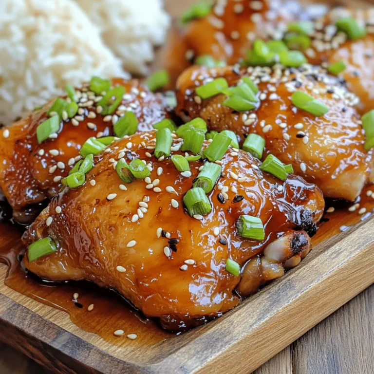 - 1.5 lbs bone-in, skin-on chicken thighs - 1/2 cup honey - 1/4 cup soy sauce (low sodium) - 4 cloves garlic, minced - 1 tablespoon fresh ginger, grated - 1 tablespoon apple cider vinegar - 1 teaspoon sesame oil - 1/2 teaspoon black pepper - 1/4 teaspoon red pepper flakes (optional) - 2 green onions, chopped (for garnish) - Sesame seeds (for garnish) To make Sticky Honey Garlic Chicken, gather these simple ingredients. First, choose 1.5 lbs of bone-in, skin-on chicken thighs. Their rich flavor pairs well with our sweet and savory sauce. Next, add 1/2 cup of honey and 1/4 cup of low-sodium soy sauce. This mix creates the base of our marinade. For flavor, include 4 cloves of minced garlic and 1 tablespoon of grated ginger. These two ingredients add warmth and zest. Don’t forget 1 tablespoon of apple cider vinegar for a slight tang. Now, let’s talk seasonings and garnishes. Use 1 teaspoon of sesame oil for a hint of nuttiness. Add 1/2 teaspoon of black pepper for depth. If you like heat, toss in 1/4 teaspoon of red pepper flakes. Finally, for presentation, chop 2 green onions and sprinkle sesame seeds on top. This adds color and crunch. With these ingredients ready, you’ll create a dish that is both tasty and beautiful. For the full recipe, check the recipe section above. Start by making the marinade. In a bowl, whisk together the honey, soy sauce, minced garlic, grated ginger, apple cider vinegar, sesame oil, black pepper, and red pepper flakes. This mix will add great flavor to the chicken. Next, grab your chicken thighs. Place them in a large ziplock bag or a dish. Pour the marinade over the chicken, making sure it covers all the pieces. Seal the bag or cover the dish. Refrigerate for 1 to 4 hours. The longer you marinate, the more flavor the chicken will soak up. Now, preheat your oven to 375°F (190°C). Remove the chicken from the marinade and place it skin-side up on a baking sheet lined with foil or parchment paper. Save the leftover marinade in a saucepan. Bake the chicken for 30 to 35 minutes. While it bakes, pour the reserved marinade into the saucepan. Bring it to a boil over medium heat. Let it simmer for about 5 to 7 minutes until it thickens to a syrupy texture. After baking, take the chicken out of the oven. Brush the thickened marinade over the chicken. Return it to the oven for another 5 minutes. This step gives the chicken a beautiful glaze. Once done, remove it from the oven and let it rest. Before serving, garnish with chopped green onions and sesame seeds. Enjoy your sticky honey garlic chicken! - For the best flavor, marinate the chicken for up to 4 hours. - Lightly score the chicken skin with a knife. This helps the marinade soak in better. - Always check the chicken's doneness with a meat thermometer. It should reach 165°F (75°C). - Line your baking sheet with foil. This makes cleaning up much easier. - Pair your sticky honey garlic chicken with steamed rice or sautéed veggies. This gives you a well-rounded meal. - Present the dish on a large platter. This makes it look even more appealing and inviting. Feel free to explore tips for more delicious ideas or visit the Full Recipe for detailed steps! {{image_2}} You can make this dish more exciting. Add crushed red pepper flakes to the marinade for heat. If you like sriracha, mix it in for a spicy kick. Just a small amount can change the flavor. Start with a little, then taste and adjust as you go. This will give your chicken a bold twist. If you want to switch things up, try using chicken breasts or drumsticks. These cuts cook well and absorb flavors nicely. They will give you a different texture but still keep the dish delicious. You can follow the same cooking times as the thighs. Just ensure they reach the right temperature for safe eating. For a vegan twist, swap chicken for tofu or tempeh. Both options soak up the marinade well. Cut them into thick slices or cubes. Adjust the cooking times. Tofu may need less time, while tempeh can take a bit longer. You’ll still get that sticky, sweet flavor that makes this dish special. For the complete cooking method and ingredients, check the Full Recipe section. After enjoying your sticky honey garlic chicken, store any leftovers in an airtight container. This keeps the chicken fresh and tasty. You can keep it in the refrigerator for up to 3 days. Make sure it cools down before sealing it up. This helps keep the texture and flavor. Want to save some for later? You can freeze the marinated chicken before cooking. It stays good for up to 2 months. Just place it in a freezer bag or container and seal it tight. When you're ready to cook, thaw it in the refrigerator overnight. This step keeps all the flavors intact. Reheating your chicken can be simple and quick. For the best results, use the oven. This method helps keep the skin crispy. Preheat your oven to 350°F (175°C) and warm the chicken for about 10-15 minutes. If you need a quicker option, you can use the microwave. Just heat it in short bursts to avoid drying it out. Enjoy your meal again! To spice up your chicken, add more red pepper flakes. You can also use a splash of chili sauce in the marinade. This will give your dish a nice kick without overpowering the sweet flavor. Yes, you can use chicken breasts or drumsticks. Both options work well in this recipe. The cooking time may change slightly, so check for doneness. I love serving this chicken with rice or noodles. A fresh salad also pairs well and adds a nice crunch. These sides help create a complete meal. The total cooking time is about 35-40 minutes. This does not include the marinating time. Marinate your chicken for at least one hour for the best flavor. For the complete recipe with detailed instructions, see the "Full Recipe" section above. You learned how to make Sticky Honey Garlic Chicken with simple steps and tasty ingredients. Marinating and cooking bring out bold flavors, and the recipe allows for easy tweaks. Remember to store leftovers well and reheat them carefully. This dish is versatile; you can adapt it to different proteins or spice levels. Enjoy making and sharing this delicious meal!