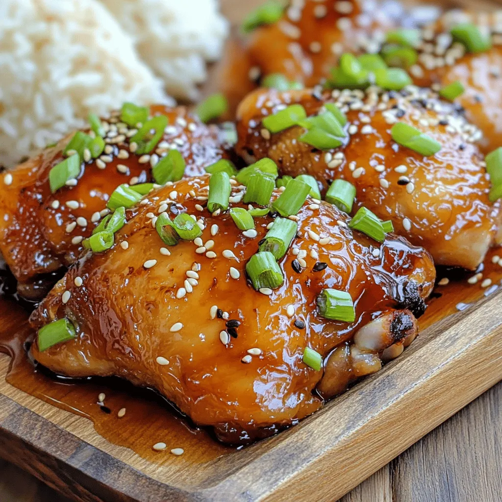 - 1.5 lbs bone-in, skin-on chicken thighs - 1/2 cup honey - 1/4 cup soy sauce (low sodium) - 4 cloves garlic, minced - 1 tablespoon fresh ginger, grated - 1 tablespoon apple cider vinegar - 1 teaspoon sesame oil - 1/2 teaspoon black pepper - 1/4 teaspoon red pepper flakes (optional) - 2 green onions, chopped (for garnish) - Sesame seeds (for garnish) To make Sticky Honey Garlic Chicken, gather these simple ingredients. First, choose 1.5 lbs of bone-in, skin-on chicken thighs. Their rich flavor pairs well with our sweet and savory sauce. Next, add 1/2 cup of honey and 1/4 cup of low-sodium soy sauce. This mix creates the base of our marinade. For flavor, include 4 cloves of minced garlic and 1 tablespoon of grated ginger. These two ingredients add warmth and zest. Don’t forget 1 tablespoon of apple cider vinegar for a slight tang. Now, let’s talk seasonings and garnishes. Use 1 teaspoon of sesame oil for a hint of nuttiness. Add 1/2 teaspoon of black pepper for depth. If you like heat, toss in 1/4 teaspoon of red pepper flakes. Finally, for presentation, chop 2 green onions and sprinkle sesame seeds on top. This adds color and crunch. With these ingredients ready, you’ll create a dish that is both tasty and beautiful. For the full recipe, check the recipe section above. Start by making the marinade. In a bowl, whisk together the honey, soy sauce, minced garlic, grated ginger, apple cider vinegar, sesame oil, black pepper, and red pepper flakes. This mix will add great flavor to the chicken. Next, grab your chicken thighs. Place them in a large ziplock bag or a dish. Pour the marinade over the chicken, making sure it covers all the pieces. Seal the bag or cover the dish. Refrigerate for 1 to 4 hours. The longer you marinate, the more flavor the chicken will soak up. Now, preheat your oven to 375°F (190°C). Remove the chicken from the marinade and place it skin-side up on a baking sheet lined with foil or parchment paper. Save the leftover marinade in a saucepan. Bake the chicken for 30 to 35 minutes. While it bakes, pour the reserved marinade into the saucepan. Bring it to a boil over medium heat. Let it simmer for about 5 to 7 minutes until it thickens to a syrupy texture. After baking, take the chicken out of the oven. Brush the thickened marinade over the chicken. Return it to the oven for another 5 minutes. This step gives the chicken a beautiful glaze. Once done, remove it from the oven and let it rest. Before serving, garnish with chopped green onions and sesame seeds. Enjoy your sticky honey garlic chicken! - For the best flavor, marinate the chicken for up to 4 hours. - Lightly score the chicken skin with a knife. This helps the marinade soak in better. - Always check the chicken's doneness with a meat thermometer. It should reach 165°F (75°C). - Line your baking sheet with foil. This makes cleaning up much easier. - Pair your sticky honey garlic chicken with steamed rice or sautéed veggies. This gives you a well-rounded meal. - Present the dish on a large platter. This makes it look even more appealing and inviting. Feel free to explore tips for more delicious ideas or visit the Full Recipe for detailed steps! {{image_2}} You can make this dish more exciting. Add crushed red pepper flakes to the marinade for heat. If you like sriracha, mix it in for a spicy kick. Just a small amount can change the flavor. Start with a little, then taste and adjust as you go. This will give your chicken a bold twist. If you want to switch things up, try using chicken breasts or drumsticks. These cuts cook well and absorb flavors nicely. They will give you a different texture but still keep the dish delicious. You can follow the same cooking times as the thighs. Just ensure they reach the right temperature for safe eating. For a vegan twist, swap chicken for tofu or tempeh. Both options soak up the marinade well. Cut them into thick slices or cubes. Adjust the cooking times. Tofu may need less time, while tempeh can take a bit longer. You’ll still get that sticky, sweet flavor that makes this dish special. For the complete cooking method and ingredients, check the Full Recipe section. After enjoying your sticky honey garlic chicken, store any leftovers in an airtight container. This keeps the chicken fresh and tasty. You can keep it in the refrigerator for up to 3 days. Make sure it cools down before sealing it up. This helps keep the texture and flavor. Want to save some for later? You can freeze the marinated chicken before cooking. It stays good for up to 2 months. Just place it in a freezer bag or container and seal it tight. When you're ready to cook, thaw it in the refrigerator overnight. This step keeps all the flavors intact. Reheating your chicken can be simple and quick. For the best results, use the oven. This method helps keep the skin crispy. Preheat your oven to 350°F (175°C) and warm the chicken for about 10-15 minutes. If you need a quicker option, you can use the microwave. Just heat it in short bursts to avoid drying it out. Enjoy your meal again! To spice up your chicken, add more red pepper flakes. You can also use a splash of chili sauce in the marinade. This will give your dish a nice kick without overpowering the sweet flavor. Yes, you can use chicken breasts or drumsticks. Both options work well in this recipe. The cooking time may change slightly, so check for doneness. I love serving this chicken with rice or noodles. A fresh salad also pairs well and adds a nice crunch. These sides help create a complete meal. The total cooking time is about 35-40 minutes. This does not include the marinating time. Marinate your chicken for at least one hour for the best flavor. For the complete recipe with detailed instructions, see the "Full Recipe" section above. You learned how to make Sticky Honey Garlic Chicken with simple steps and tasty ingredients. Marinating and cooking bring out bold flavors, and the recipe allows for easy tweaks. Remember to store leftovers well and reheat them carefully. This dish is versatile; you can adapt it to different proteins or spice levels. Enjoy making and sharing this delicious meal!