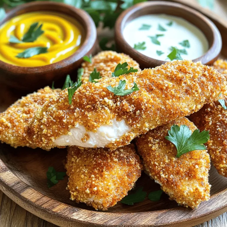 - 1 lb chicken tenderloins - 1 cup buttermilk - 1 teaspoon hot sauce (optional) - 1 cup all-purpose flour - 1/2 cup seasoned breadcrumbs - 1/2 teaspoon garlic powder - 1/2 teaspoon onion powder - 1 teaspoon paprika - 1 teaspoon dried oregano - Salt and pepper to taste - Oil for frying These simple ingredients make crispy chicken tenders easy to prepare. The buttermilk adds moisture and flavor, while the seasoned breadcrumbs give a crunchy texture. You can customize the spices to match your taste. Each serving has around 400 calories. The breakdown includes: - Protein: 25g - Fat: 20g - Carbohydrates: 30g These chicken tenders provide a good balance of protein and carbs. They are perfect for a filling meal. - Large bowl - Skillet - Paper towels These tools help you mix, fry, and drain the chicken tenders. You can find most of these in any home kitchen. For the full recipe and detailed steps, check out the Full Recipe. To start, you need to marinate the chicken tenderloins. In a large bowl, combine 1 cup of buttermilk with 1 teaspoon of hot sauce, if you want some heat. This mix makes the chicken juicy and flavorful. Place the chicken tenderloins in the buttermilk mixture. Let them marinate in the fridge for at least 30 minutes. This step is key for tender, tasty chicken. Next, we prepare the coating. In another bowl, mix together 1 cup of all-purpose flour, 1/2 cup of seasoned breadcrumbs, 1/2 teaspoon of garlic powder, 1/2 teaspoon of onion powder, 1 teaspoon of paprika, and 1 teaspoon of dried oregano. Don’t forget to add salt and pepper to taste. Stir well to blend all the flavors. Once mixed, you can coat the chicken. Now, let’s cook the chicken tenders. Heat oil in a large skillet over medium-high heat. Aim for about 350°F. You need enough oil to cover the bottom of the pan. Remove the chicken from the buttermilk and let the excess drip off. Dredge each tender in the flour mixture. Make sure each piece is well-coated and shake off any extra flour. Once the oil is hot, carefully place the chicken tenders in the skillet. Fry them for 4-5 minutes on each side until they are golden brown and cooked through. You may need to fry in batches to avoid overcrowding. After frying, move the cooked tenders to a paper towel-lined plate to drain off the excess oil. Enjoy them hot with your favorite dipping sauces! For the full recipe, visit the linked section above. To make your chicken tenders extra crispy, fry them at 350°F. This temperature cooks the chicken well while giving a golden crust. Use a kitchen thermometer to check the oil’s heat. When your tenders finish frying, place them on a wire rack. This allows air to flow around them and keeps them crispy. Avoid using a plate, as it can trap steam and make them soggy. One mistake is letting the tenders sit too long before frying. This can lead to soggy chicken. Always fry them right after coating. Another common error is cooking with oil that is not hot enough. If the oil is too cool, the chicken will absorb oil and become greasy. Always test the oil with a small piece of bread. If it bubbles and browns in about 60 seconds, it’s ready. For the best dips, pair your tenders with honey mustard or ranch dressing. These add a creamy, tangy flavor. You can also try BBQ sauce for a smoky kick. As for sides, serve with crispy fries or a fresh salad. A nice coleslaw can add a crunchy contrast to your meal. These choices enhance the meal and make it more enjoyable. For the complete recipe, check out the Full Recipe. {{image_2}} To spice up your chicken tenders, add different spices or hot sauces. You can mix cayenne pepper, chili powder, or even a smoky chipotle sauce into your flour mixture. This gives the tenders a kick that many people love. For an extra zesty flavor, try marinating the chicken in buttermilk mixed with hot sauce. The longer you marinate, the spicier the tenders will be. Everyone enjoys a little heat, right? If you want a healthier version, try baking the chicken tenders. Preheat your oven to 400°F. After dredging the chicken in your flour mix, place them on a baking sheet lined with parchment paper. Lightly spray the chicken with cooking oil. Bake for 20-25 minutes, flipping halfway through. This method keeps the chicken crispy while using less oil. It’s a win-win for health! For a gluten-free version, substitute the all-purpose flour with almond flour or a gluten-free flour blend. You can also use gluten-free breadcrumbs for the coating. Just make sure to check the labels on all your ingredients to avoid allergens. This way, everyone can enjoy crispy chicken tenders, no matter their dietary needs. To keep your crispy chicken tenders fresh, store them in the fridge. Use an airtight container. Place a paper towel in the container to absorb moisture. This helps maintain their crunch. You can store them for up to three days. When ready to eat, check for any off smells before reheating. Freezing is a great option if you want to save some tenders for later. First, let the cooked tenders cool completely. Then, place them in a single layer on a baking sheet. Freeze them for about an hour. Once frozen, transfer them to a freezer-safe bag. Label the bag with the date. They can last for up to three months. When ready to eat, skip the thawing for best results. To reheat your chicken tenders, use your oven or air fryer. Preheat your oven to 375°F. Place the tenders on a baking sheet and cover them with foil. Heat for about 10-15 minutes. You can also use an air fryer. Set it to 350°F and heat for about 5-7 minutes. This helps keep them crispy. Avoid using a microwave, as it makes them soggy. Marinate the chicken for at least 30 minutes. This helps the flavors soak in. For even better taste, marinate for up to 12 hours. The longer time gives the chicken a tender and juicy texture. Use oils with a high smoke point for frying chicken. Good choices include vegetable oil, canola oil, or peanut oil. These oils won’t burn as easily. They also help create a crispy outside. Yes, you can air fry chicken tenders! Preheat your air fryer to 400°F. Spray the basket with oil to prevent sticking. Place the tenders in a single layer. Cook for about 10-12 minutes. Flip halfway through for even cooking. Popular dipping sauces for chicken tenders include: - Honey mustard - Ranch dressing - Barbecue sauce - Buffalo sauce You can make these sauces at home or buy them ready-made. They add a tasty twist to your meal. Want to try making honey mustard? Just mix equal parts honey and mustard! For the full recipe, check out the complete instructions mentioned earlier! You now know how to make crispy chicken tenders at home. We covered the needed ingredients, cooking steps, and tips for success. You learned about variations for spicy, baked, and gluten-free options. Proper storage methods help keep tenders fresh, ensuring you enjoy them later. With these easy steps and ideas, you can create delicious chicken tenders anytime. Dive into this cooking adventure, and impress your friends and family with your tasty results.