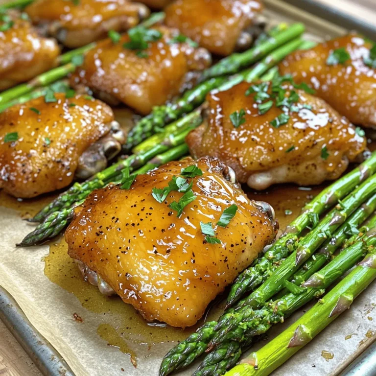 To make this dish, gather these key ingredients: - 4 boneless, skinless chicken thighs - 2 tablespoons truffle honey - 2 tablespoons olive oil - 1 tablespoon Dijon mustard - 1 teaspoon garlic powder - Salt and pepper to taste - 1 pound fresh asparagus, trimmed - 1 tablespoon lemon juice - Fresh parsley, chopped (for garnish) These ingredients work together to create a rich, savory meal. Truffle honey gives a unique flavor, while the asparagus adds a fresh crunch. For extra flair, consider these garnishes: - Sliced almonds for crunch - Grated Parmesan cheese for creaminess - Lemon zest for brightness These extras can brighten the dish and add texture. Try mixing and matching based on your taste. To prepare this meal, you will need: - A large bowl for marinating chicken - A whisk for mixing ingredients - A baking sheet for roasting - Parchment paper to line the baking sheet Having these tools on hand will make your cooking experience smoother. For the full recipe, check out the complete guidelines! First, I prepare the marinade. In a small bowl, I mix together truffle honey, olive oil, Dijon mustard, garlic powder, salt, and pepper. This mix brings out the sweet and savory flavors. Next, I put the chicken thighs in a large bowl. I pour the marinade over the chicken and toss it well. I want every piece coated. I let it sit for at least 15 minutes. This lets the flavors soak in. If you have time, marinate for up to 2 hours in the fridge. It makes the chicken taste even better. While the chicken marinates, I focus on the asparagus. I take fresh asparagus and trim the ends. This part can be tough, so I cut it off. In a clean bowl, I toss the asparagus with olive oil, lemon juice, salt, and pepper. This simple mix adds a bright flavor. I want the asparagus to be well-coated. This step ensures they roast nicely and get tender-crisp. Now, I preheat the oven to 400°F (200°C). I line a baking sheet with parchment paper to prevent sticking. I place the marinated chicken thighs in the center of the baking sheet. Then, I arrange the asparagus around the chicken. This way, they cook together and share flavors. I put the baking sheet in the oven and set the timer for 25 to 30 minutes. I check to make sure the chicken reaches an internal temperature of 165°F (75°C). When done, the chicken will be juicy, and the asparagus will be bright green and tender. After removing it from the oven, I let it rest for a few minutes. Garnishing with fresh parsley adds color and flavor. Serve the chicken with the asparagus for a delightful meal. For the complete recipe, see the Full Recipe section. To get juicy chicken thighs, start with good marination. Marinate the chicken for at least 15 minutes. If you have time, let it sit for up to 2 hours. This helps the flavors soak in well. Use a mix of truffle honey, olive oil, Dijon mustard, garlic powder, salt, and pepper for a great taste. You can add more herbs and spices to boost flavor. Try thyme or rosemary for a fresh taste. A pinch of smoked paprika adds a nice kick. If you want a citrus note, add some lemon zest. Mix and match these flavors to find what you love best. If you need substitutions, there are plenty of options. For a gluten-free choice, use gluten-free Dijon mustard. You can swap chicken thighs for breasts if you prefer leaner meat. For a vegan version, use tofu or tempeh with a plant-based honey substitute. Adjust the cooking time as needed for these changes. For the full recipe, please check the earlier section. {{image_2}} To turn your Truffle Honey Chicken with Asparagus into a full meal, consider adding grains. Quinoa or rice works well. These grains soak up the tasty juices from the chicken. You can also add a simple salad with mixed greens. This fresh side keeps things light and crunchy. While the truffle honey marinade is delightful, feel free to experiment. A balsamic glaze adds a rich flavor. You could also try a honey mustard mix for a sweet and tangy twist. If you like heat, a spicy chili sauce can spice things up. Mixing sauces can create new flavor profiles that excite your palate. Asparagus shines in this dish, but you can swap it out. Broccoli or green beans are great alternatives. Just make sure they are fresh and trimmed. You can also add sweet bell peppers or carrots for color and taste. Roasting different veggies can change the whole vibe of your meal. Enjoy the process of making it your own! To keep your Truffle Honey Chicken with Asparagus fresh, store leftovers in an airtight container. This prevents moisture loss and keeps flavors intact. Make sure to refrigerate within two hours after cooking. Leftover chicken and asparagus can last up to three days in the fridge. If you plan to eat them later, try to separate the chicken from the asparagus. This helps maintain texture. When reheating, the oven is your best friend. Preheat it to 350°F (175°C). Place the chicken and asparagus on a baking sheet. Cover with foil to keep moisture in. Heat for 15-20 minutes until warm. You can also use a microwave, but be careful. Microwaving can make the chicken dry. If using a microwave, heat in short bursts and check often. If you want to freeze your leftovers, do so within two hours of cooking. Use freezer-safe containers or bags. Remember to label with the date. Frozen Truffle Honey Chicken with Asparagus can last up to three months. When ready to eat, thaw in the fridge overnight. Then, reheat as mentioned above for the best taste. Yes, you can use chicken breasts instead of thighs. Chicken breasts are leaner and cook faster. I recommend checking them often to avoid dry meat. If you choose breasts, keep an eye on the cooking time. They may need a few minutes less than thighs. For the best flavor, marinate them just like the thighs. Truffle honey adds a unique flavor and some health perks. It contains antioxidants that help fight free radicals. The honey can boost your mood and improve digestion. Plus, truffle honey has anti-inflammatory properties. These benefits make it a tasty and healthy choice for your meals. To check if the chicken is done, use a meat thermometer. Insert it into the thickest part of the thigh. The chicken should reach an internal temperature of 165°F (75°C). If you don’t have a thermometer, cut into the thickest part. The juices should run clear, not pink. This way, you can ensure it’s safe to eat. This blog post covered how to make Truffle Honey Chicken with Asparagus. We looked at the key ingredients, kitchen tools, and step-by-step prep work. Tips for juicy chicken and flavor options can help anyone customize their meal. We also explored variations and storage tips to keep leftovers delicious. Remember, cooking is a chance to be creative. Enjoy making this dish! You’ll impress your friends and family with your skills.