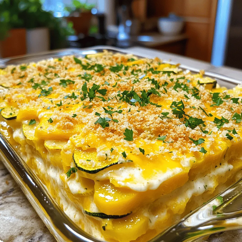 - 3 medium yellow squash, sliced - 2 cups zucchini, sliced - 1 medium onion, chopped - 2 cloves garlic, minced - 1 cup shredded cheddar cheese - 1 cup cream cheese, softened - 1/2 cup sour cream - 1 cup breadcrumbs - 2 tablespoons olive oil - 1 teaspoon dried thyme - Salt and pepper to taste - Oven - Skillet - Casserole dish - Mixing bowl The main ingredients for Cheesy Squash Casserole are simple and fresh. You need three medium yellow squash and two cups of zucchini. These veggies give a nice texture. You will also need one medium onion and two cloves of garlic for flavor. The cheese is the star here. Use one cup of shredded cheddar cheese and one cup of cream cheese, both softened. Finally, half a cup of sour cream adds creaminess. For additional ingredients, you'll want one cup of breadcrumbs to create a crunchy topping. Two tablespoons of olive oil enhance the sautéing process. One teaspoon of dried thyme brings in some earthy notes. Don’t forget to season with salt and pepper to taste. Make sure you have the right equipment. You will need an oven to bake the casserole. A skillet helps in cooking the veggies. A casserole dish is essential to hold everything together while baking. Lastly, a mixing bowl is needed to combine all your creamy ingredients nicely. This list of ingredients ensures your casserole is rich in flavor and texture. You can find the full recipe for detailed steps on how to make this delicious dish. - Preheat the oven to 350°F (175°C). - Prepare the casserole dish by greasing it. - Heat olive oil in a skillet over medium heat. - Sauté onion and garlic until translucent. - Add yellow squash and zucchini, seasoning with salt, pepper, and thyme. - Mix cream cheese and sour cream in a bowl. - Stir in cooked squash mixture and half of the cheddar cheese. - Transfer to casserole dish, top with remaining cheese and breadcrumbs, and bake for 25-30 minutes. This method creates a creamy and cheesy dish. You’ll love how the flavors blend. I recommend checking the squash for tenderness while sautéing. You want it cooked but still firm. Don't rush this step! The beauty of the casserole shines through after baking. The cheese melts and bubbles, creating a delicious crust. For a touch of crunch, sprinkle the breadcrumbs evenly on top. They give a delightful contrast to the creamy filling. When serving, let the casserole cool for a few minutes. This wait helps the cheese set slightly, making it easier to scoop. For the full details on making this dish, check the Full Recipe. Enjoy your cooking adventure! To get the best texture, ensure your squash is tender but not mushy. Cook it just right. After baking, let the casserole sit for 5 minutes. This helps with serving. Boost the flavor with fresh herbs like basil or parsley. These add a nice touch. You can also switch up the cheese. Try mozzarella or parmesan for a new taste. This casserole pairs well with grilled meats or a fresh salad. It makes a complete meal. Add a garnish of fresh parsley or chives for color. It makes the dish more inviting. For the full recipe, check the section above. {{image_2}} You can easily make this dish more colorful and nutritious. - Add different vegetables like bell peppers or spinach for added nutrition. - Use quinoa or brown rice as a base for a heartier dish. One of my favorite combinations is adding spinach. It adds a lovely green color and pairs well with the cheese. Quinoa gives a nice texture and makes it filling. If you want a meatier casserole, there are fun options. - Incorporate cooked bacon or sausage for a meatier casserole. - Substitute cream cheese with Greek yogurt for a lighter option. Bacon brings a smoky flavor that complements the squash. Sausage adds a nice kick. For a lighter twist, Greek yogurt keeps it creamy without the extra fat. Making this dish gluten-free is simple and tasty. - Use gluten-free breadcrumbs for a gluten-friendly dish. - Substitute cream cheese with dairy-free alternatives if needed. Gluten-free breadcrumbs work just as well to create that crunchy top. For those avoiding dairy, there are many great cream cheese alternatives that still taste great. For the full recipe, check out the [Full Recipe]. Store leftovers in an airtight container in the refrigerator for up to 3-4 days. This keeps the casserole fresh and tasty. When you want some, just take it out and enjoy! You can freeze this casserole for up to 2 months. Wrap it tightly in foil or plastic wrap before freezing. This helps prevent freezer burn and keeps the flavor intact. When you're ready to eat it, just thaw it in the fridge overnight. To reheat, place the casserole in the oven at 350°F (175°C). Bake until it is warmed through. This method keeps the cheese melty and the casserole nice and creamy. Enjoy your meal! For the full recipe, check out the Cheesy Squash Casserole details. Look for bubbly cheese and a golden-brown top as indicators of doneness. This means the cheese has melted nicely and the casserole is ready to enjoy. You can also insert a knife in the center; it should come out hot. Yes, prepare it ahead of time and store it in the fridge before baking. This is great for busy days. Just cover it well to keep it fresh. When you are ready, pop it in the oven and bake as directed. Yellow squash and zucchini work best, but other squash varieties can be substituted. Try using butternut squash or even acorn squash for a twist. Each type adds its own flavor and texture, making this dish fun to customize. Yes, it’s a kid-friendly dish and a great way to incorporate vegetables into their diet. The cheese makes it tasty, and kids often love the creamy texture. They won’t even notice they are eating vegetables! This casserole combines fresh veggies with rich flavors to create a tasty dish. I explained the key ingredients and how to prepare everything step by step. You can also make it your own with different cheeses and add-ins. Plus, I shared tips for perfecting the texture and serving suggestions. Leftovers are easy to store, too! Enjoy making this cheesy squash casserole and share it with friends or family. It’s a simple way to enjoy healthy veggies!