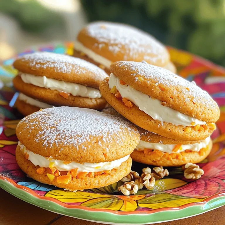To make delicious carrot cake whoopie pies, gather these key ingredients: - 2 cups all-purpose flour - 1 teaspoon baking powder - 1 teaspoon baking soda - 1 teaspoon ground cinnamon - 1/2 teaspoon ground ginger - 1/2 teaspoon salt - 1 cup granulated sugar - 1 cup brown sugar, packed - 1 cup vegetable oil - 4 large eggs - 2 cups grated carrots (about 4 medium carrots) - 1/2 cup crushed pineapple, drained - 1 teaspoon vanilla extract For the cream cheese filling, you will need: - 8 oz cream cheese, softened - 1/4 cup unsalted butter, softened - 2 cups powdered sugar - 1 teaspoon vanilla extract - A pinch of salt When measuring ingredients, use dry measuring cups for flour and sugar. Level off the tops with a knife for accuracy. For liquids, use a liquid measuring cup and check the measurement at eye level. If you have allergens or dietary needs, here are some great swaps: - For gluten-free, use a gluten-free flour blend. - For a vegan option, replace eggs with flax eggs and use plant-based cream cheese. - Substitute vegetable oil with applesauce for a lighter version. These alternatives will keep your whoopie pies tasty and enjoyable for everyone! To make the batter for carrot cake whoopie pies, start by gathering all your ingredients. This helps keep things organized. 1. Preheat your oven to 350°F (175°C). Line your baking sheets with parchment paper. This prevents sticking. 2. In a medium bowl, whisk together the dry ingredients: flour, baking powder, baking soda, cinnamon, ginger, and salt. Set this bowl aside. 3. In a large mixing bowl, mix the granulated sugar, brown sugar, and vegetable oil. Beat in the eggs one at a time. This step adds moisture and richness. 4. Gradually add the dry ingredients to the wet ingredients. Mix until just combined. Be careful not to overmix. This keeps the pies soft. 5. Fold in the grated carrots, crushed pineapple, and vanilla extract. Ensure everything is mixed well. Following this order is key. It helps the batter rise and remain fluffy. Now it's time to bake the whoopie pies. 1. Use a cookie scoop or tablespoon to drop rounded scoops of batter onto the baking sheets. Leave about 2 inches between each scoop. 2. Bake in the preheated oven for 12-15 minutes. The edges should set, and the tops should spring back when touched gently. This shows they are done. 3. Remove the baking sheets from the oven and let the pies cool for 5 minutes. Then, transfer them to wire racks to cool completely. Checking for doneness is vital. If the tops spring back, your whoopie pies are ready. Enjoy the process, and soon you'll have delicious treats! To keep your whoopie pies moist, use fresh grated carrots and crushed pineapple. These ingredients add natural moisture. Mix them in gently to avoid overworking the batter. Overmixing can make them tough. Enhancing flavor profiles is easy! You can add a pinch of nutmeg or allspice for warmth. A splash of orange juice or zest can brighten the taste. Experiment with spices to find your favorite blend. Creative ideas for serving whoopie pies include stacking them on a tiered stand. This adds height and makes a great display. You can also serve them on a colorful platter for a festive vibe. For garnishing, dust the whoopie pies with powdered sugar for a sweet touch. A sprinkle of chopped walnuts or pecans adds crunch. You can also drizzle melted chocolate over the top for an extra treat. Enjoy making these delightful treats! For the complete recipe, check out the Full Recipe section. {{image_2}} You can add spices to your carrot cake whoopie pies for extra warmth. Try adding: - 1/4 teaspoon nutmeg - 1/4 teaspoon allspice - 1/2 teaspoon vanilla extract These spices bring a rich flavor that many love. You can also switch up the filling. Instead of cream cheese, consider: - Chocolate ganache - Lemon curd - Fruit preserves Each choice gives a new twist to the classic whoopie pie. To make carrot cake whoopie pies healthier, you can make a few simple swaps. Use: - Whole wheat flour instead of all-purpose flour - Applesauce in place of some oil These changes add fiber and lower fat. If you want vegan whoopie pies, substitute: - Flax eggs (1 tablespoon flaxseed meal + 2.5 tablespoons water per egg) - Coconut cream for the cream cheese These options keep the flavor while fitting different diets. For the full recipe, check the details above. To keep your whoopie pies fresh, store them in an airtight container. Place a piece of parchment paper between layers to avoid sticking. This helps maintain their soft texture. Keep them at room temperature for up to three days. If you want them to last longer, try refrigerating them. They can stay fresh in the fridge for about a week. Freezing whoopie pies is simple. Let them cool completely after baking. Wrap each pie in plastic wrap or foil. This prevents freezer burn. Place wrapped pies in a freezer bag or container. They will stay good for up to three months in the freezer. To thaw, take them out and leave them at room temperature for about 30 minutes. You can also use the microwave for a quick thaw. Just heat them for 10-15 seconds. After thawing, enjoy them as is or add a touch of frosting if you like. For serving after freezing, consider dusting them with powdered sugar. This adds a nice touch and makes them look great! Can I make these ahead of time? Yes, you can make whoopie pies ahead of time. Bake the cookies and let them cool. Store them in an airtight container for up to three days. You can also freeze the cookies for later use. Just remember to fill them with cream cheese filling right before serving. What can I substitute for cream cheese filling? If you want a different filling, try mascarpone cheese. It's creamy and has a mild taste. You can also use whipped cream or a dairy-free cream cheese for a lighter option. This keeps the flavor fun and fresh. What should I do if my whoopie pies are too dry? If your whoopie pies are dry, check your oven temperature. It may be too hot. Also, ensure you measure your ingredients correctly. Adding a bit more oil or mashed banana can help keep them moist too. Why did my pies spread too much while baking? Whoopie pies may spread too much if the batter is too warm. Make sure you chill the dough for about 30 minutes before baking. Also, be careful not to overmix the batter. This will help keep their shape. What beverages pair well with carrot cake whoopie pies? Carrot cake whoopie pies taste great with coffee or tea. A tall glass of milk is a classic choice too. For a twist, try pairing them with a spicy chai latte. Occasions to enjoy whoopie pies? These whoopie pies are perfect for birthdays, picnics, and holiday gatherings. They also make great treats for bake sales or just a cozy night in. Enjoy them anytime you crave something sweet! In this post, I covered everything about whoopie pies, from key ingredients to variations. We explored how to measure, mix, and bake for the best results. With tips on texture, flavor, and storage, you now have all you need to create these treats. Don't forget to try different flavors or adaptations! Enjoy making and sharing whoopie pies, and remember that practice makes perfect. Happy baking!