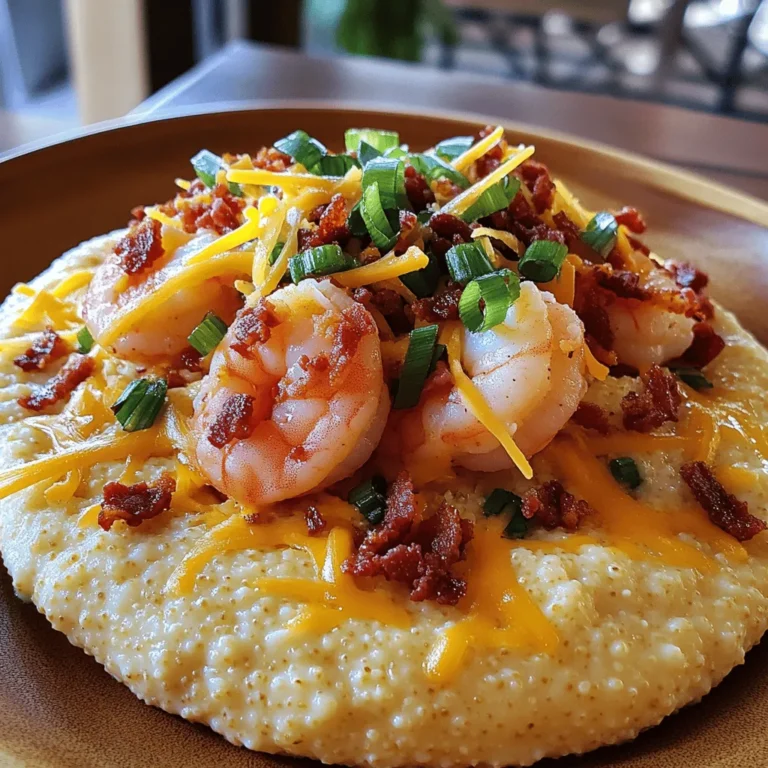 To make shrimp and grits, you need simple and tasty items. Here’s what you’ll need: - 1 cup grits (stone-ground preferred) - 4 cups water or low-sodium chicken broth - 1 lb large shrimp, peeled and deveined - 1 cup shredded sharp cheddar cheese - 4 slices of turkey bacon, chopped - 1 small onion, finely chopped - 2 cloves garlic, minced - 1 teaspoon smoked paprika - ½ teaspoon cayenne pepper (adjust to taste) - 2 tablespoons butter - Salt and pepper to taste - Chopped green onions for garnish These ingredients blend well and create rich flavors. Each one plays a big role in this dish. When it comes to grits, choose stone-ground varieties for the best taste. Stone-ground grits have a coarser texture, which adds a nice bite. They also cook up creamier. Instant grits can save time, but they may lack flavor and texture. I recommend taking the time to use stone-ground grits for a truly comforting dish. You can make shrimp and grits even better with some fun extras. Try adding: - Sautéed bell peppers for sweetness - Spinach for a healthy touch - Hot sauce for a kick - Lemon juice for brightness These add-ins can change the flavor and make your dish unique. Feel free to mix and match based on your taste. For the full recipe, check out the complete instructions. Start by boiling water or chicken broth in a medium pot. This adds flavor. Once it bubbles, slowly whisk in the grits. Stir them gently. Lower the heat and cover the pot. Let the grits cook for 20-25 minutes. Stir them often. This helps keep them creamy. When they are done, mix in the shredded cheddar cheese. This will make them rich and cheesy. Taste and add salt and pepper as needed. Keep them warm while you cook the shrimp. For juicy shrimp, use large shrimp. Peel and devein them first. Heat a large skillet over medium heat. Cook chopped turkey bacon until crispy. Remove it and leave the drippings. In the same skillet, add chopped onion. Cook it for about 4-5 minutes until it is clear. Next, add minced garlic, smoked paprika, and cayenne pepper. Cook for one more minute to blend the flavors. Now, add the shrimp. Cook for 3-4 minutes. They will turn pink when they are ready. Season with salt and pepper. Stir in butter last. This makes everything rich and tasty. Now it's time to bring it all together. On each plate, scoop a generous amount of cheesy grits. Top them with the shrimp mixture. Don’t forget the crispy turkey bacon on top. Finish with chopped green onions for color and fresh taste. This dish is a comfort food classic. Each bite is a mix of creamy, savory, and just a bit spicy. For the full recipe, check the section above. Enjoy your meal! To make creamy grits, use stone-ground grits. They have a rich taste and texture. Start with four cups of water or low-sodium chicken broth. This makes the grits flavorful. Always bring the liquid to a boil before adding the grits. Then, whisk the grits in slowly. Reduce the heat and cover the pot. Stir occasionally for 20-25 minutes. This helps the grits become smooth and creamy. Don't forget to stir in the sharp cheddar cheese for extra creaminess. It melts beautifully and adds a great taste. Seasoning can make or break your dish. Use smoked paprika for a deep, warm flavor. A little cayenne pepper adds spice but adjust it based on your taste. Salt and pepper are essential as well. Add them to both the grits and shrimp. This ensures every bite is full of flavor. If you want a hint of freshness, add chopped green onions on top. They add a nice crunch and bright taste. Stovetop cooking is the traditional method for shrimp and grits. It allows for better control of the heat. You can easily adjust if things cook too fast. However, you can also use a slow cooker or an Instant Pot. These methods are great for busy cooks. In a slow cooker, let the grits cook on low for a few hours. The flavors meld together beautifully. If you use an Instant Pot, it cooks grits in just a few minutes. Just make sure to follow the proper water-to-grits ratio for best results. Using the right method helps you achieve that perfect blend of flavors and textures. For the complete guide, check out the Full Recipe for Savory Shrimp and Grits Delight. {{image_2}} Southern-style shrimp and grits is a dish filled with warmth and comfort. It often features creamy grits topped with shrimp cooked in a rich sauce. This style shines with its simple yet bold flavors. You can enjoy it with just butter, garlic, and spices. On the other hand, gourmet versions add flair. They might use herbs, fancy cheeses, or unique sauces. A touch of lemon or fresh herbs can elevate the dish. The choice is yours! Explore both styles and see which one you love more. While shrimp is the star, you can swap it out for other proteins. Scallops are a great choice. They bring a sweet, delicate taste. Or try chicken for a heartier option. Cooked sausage can add a spicy kick. Each protein brings its own flavor and texture. Adjust your spices to match the protein you choose. This way, you keep the dish exciting and fresh every time you make it. You can make shrimp and grits vegetarian or vegan too! For a vegetarian version, use mushrooms instead of shrimp. They add a nice umami flavor. For a vegan twist, use plant-based butter and a dairy-free cheese. You can even add sautéed greens for extra nutrients. A touch of smoked paprika keeps that rich flavor. With these changes, you can enjoy this comfort dish in many ways. Don't be afraid to experiment! Each variation can be just as satisfying. Store leftover shrimp and grits in an airtight container. Make sure to cool them first. This helps keep the flavors fresh. You can store them in the fridge for up to three days. If you plan to eat them later, it's best to separate the shrimp from the grits. Reheat shrimp and grits on the stove for the best taste. Add a splash of broth or water to keep the grits creamy. Stir often to avoid burning. You can also microwave them, but be careful. Heat in short bursts to keep them from drying out. You can freeze shrimp and grits for later use. Place them in a freezer-safe container. The shrimp can stay fresh for about three months. When ready to eat, thaw in the fridge overnight. Reheat gently to enjoy a tasty meal. Shrimp and grits comes from the Southern United States, especially the Lowcountry of South Carolina. It started as a simple breakfast dish for fishermen. They often used local shrimp and ground corn. Over time, it became a popular dinner meal. Now, it is enjoyed by many, with different versions across the country. To add spice, use more cayenne pepper in the recipe. You can also add hot sauce or diced jalapeños. A pinch of crushed red pepper flakes works well too. Experiment with spices until you find your perfect heat. Each addition gives a different flavor twist. You can serve a fresh salad for a light side. A collard greens dish adds more Southern charm. Cornbread is excellent for soaking up the sauce too. If you want something lighter, try a citrus salad for a bright contrast. To keep grits creamy, use enough water or broth. Stir them often while cooking. Avoid cooking them too fast; low heat is best. Rinse grits before cooking to remove excess starch. This helps them stay fluffy and not gluey. Using stone-ground grits also makes a big difference. For a detailed guide on making this dish, check the Full Recipe. Shrimp and grits is a tasty dish with rich flavors. You learned about the must-have ingredients, cooking steps, and tips for creamy grits. I shared ways to switch up the dish with different proteins and dietary needs. Storing leftovers and reheating well keeps the dish enjoyable. Remember, you can always make it your own with fun flavors and spices. Enjoy making this classic meal your way!